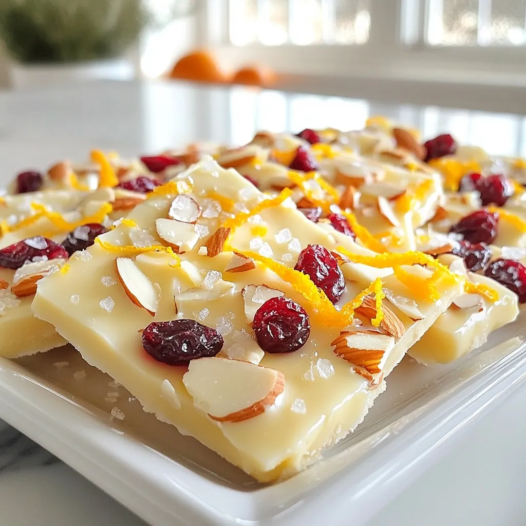 - 12 oz white chocolate chips - 1 cup dried cranberries - Zest of 1 large orange - 1/2 cup slivered almonds (or any nut of your choice) - 1/4 tsp sea salt - 1/2 tsp vanilla extract This recipe makes 12 pieces. Each piece is a good size for sharing or enjoying yourself. It’s easy to adjust the amount if you want more or less. Just keep the same ratios for each ingredient. If you want to swap white chocolate, try using dark chocolate or milk chocolate. Both taste great, but they change the flavor a bit. For nuts, you can use any you prefer, like walnuts or pecans. You can even leave them out if you want a nut-free treat! {{ingredient_image_1}} 1. Start by lining a baking sheet with parchment paper. Leave some overhang on the sides. This helps with easy removal later. 2. Take a microwave-safe bowl and add the white chocolate chips. Melt the chips in 30-second bursts. Stir after each burst until the chocolate is smooth and melted. 1. Once melted, remove the bowl from the microwave. Mix in the vanilla extract and half of the orange zest. Save the rest of the zest for later. 2. Now, add the dried cranberries and slivered almonds to the bowl. Stir the mixture well until all the cranberries and nuts are fully coated in the creamy chocolate. 1. Pour the mixture onto the lined baking sheet. Use a spatula to spread it out. Aim for an even layer about 1/4 inch thick. 2. Before the chocolate hardens, sprinkle the remaining orange zest and sea salt on top. This adds a nice burst of flavor. 3. Place the baking sheet in the fridge for about 1 hour. Wait until the chocolate is completely set. 4. Once it's set, lift the parchment paper from the baking sheet. Break the bark into uneven pieces for a fun presentation. Avoid overheating the chocolate. Heat it slowly in short bursts. If you overheat it, the chocolate can seize up. Stir between each burst to keep an eye on the texture. Another mistake is not mixing the ingredients well. Make sure to coat every cranberry and nut evenly. This ensures every bite has a perfect blend of flavors. To achieve the right thickness, aim for a layer about 1/4 inch thick. This thickness holds the bark together well while allowing it to break easily. If it's too thin, it may break apart too easily. For great flavor, consider adding a pinch of cinnamon or nutmeg. These spices can lift the taste to new heights. You can also use flavored extracts if you want to switch things up. For a beautiful display, arrange the bark on a decorative platter. Adding extra dried cranberries and orange slices makes it pop. You might also place some of the bark in small treat bags tied with ribbon for gifts. Consider using a sprinkle of sea salt on top for a nice contrast. This touch will enhance the sweetness and make each piece even more special. Pro Tips Use High-Quality Chocolate: The flavor and texture of your bark will greatly depend on the quality of the white chocolate used. Choose a brand that you enjoy eating on its own for the best results. Keep It Cool: Make sure to let the bark set in the refrigerator rather than at room temperature. This will help it firm up quickly and maintain a nice snap when broken. Experiment with Add-Ins: Feel free to switch out the dried cranberries and nuts for your favorite mix-ins. Dried cherries, pistachios, or even crushed peppermint candies can add exciting flavors! Presentation Matters: For a festive touch, consider serving the bark on a decorative platter with extra garnishes like fresh orange slices or a sprinkle of edible glitter. {{image_2}} You can make this bark even better with unique flavors. Adding different fruits can change the taste. Try dried cherries, apricots, or even banana chips. Each fruit brings its own charm and taste. You can also use flavored chocolate. Dark chocolate adds a rich touch. Milk chocolate brings a creamy sweetness. Mixing these types can create a fun twist. If you follow a vegan diet, you can still enjoy this bark. Use vegan white chocolate chips. They melt just like regular ones. For a gluten-free option, check your chocolate and nuts. Most are naturally gluten-free, but it is wise to check labels. This way, everyone can enjoy the treat. Holiday seasons are perfect for this bark. You can add peppermint for a wintery theme. For fall, try adding pumpkin spice. Seasonal twists keep the recipe fresh and fun. You can share these variations with friends and family. They’ll love trying new flavors! To keep your orange cranberry white chocolate bark fresh, store it in an airtight container. This prevents moisture from getting in and keeps the bark nice and crisp. You can store it at room temperature or in the fridge. If you live in a warm area, the fridge is better to avoid melting. This tasty treat lasts for about two weeks if stored properly. Check for signs of spoilage, like a change in texture or taste. If it looks or smells off, it's best to toss it. Freshness is key for enjoying the flavors. You can freeze the bark if you want to keep it longer. Wrap it tightly in plastic wrap, then place it in an airtight container. When you're ready to enjoy it, let it thaw in the fridge for a few hours before serving. This helps it regain its texture and flavor. Yes, you can use dark or milk chocolate instead of white. Each type brings a different taste. Dark chocolate gives a rich flavor, while milk chocolate adds sweetness. You can mix and match chocolate types too. Try using half white and half dark for a unique twist! To store leftover bark, place it in an airtight container. Keep it in a cool, dry place. If it's warm, the chocolate may melt. You can also refrigerate it for extra freshness. Just make sure to let it come to room temp before serving for the best taste. Yes, you can make this recipe a day ahead. Once set, the bark lasts well in storage. Making it in advance saves time for your event. Just remember to wrap it well to keep it fresh. Enjoy it as a quick treat when you need something sweet! Now you have all the tools to make amazing white chocolate bark. We covered the key ingredients, measurement tips, and even some fun flavor variations. Following the step-by-step guide will help you create a delicious treat. Remember to avoid common mistakes like overheating the chocolate. With these tips, you’ll impress everyone with your bark creations. Enjoy exploring different tastes and presentations to make this recipe your own! Happy baking!