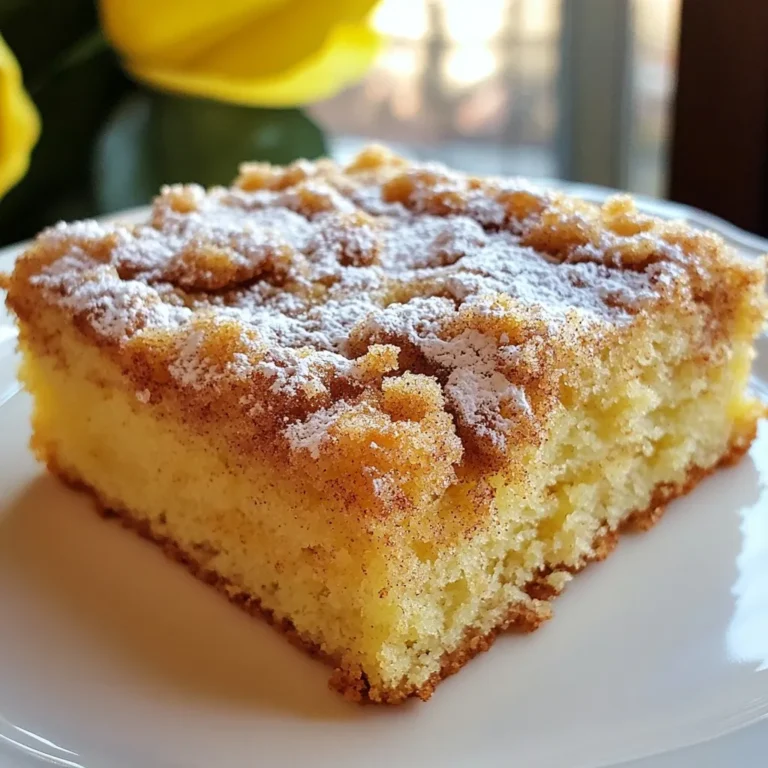 To make this tasty coffee cake, you need a few key ingredients: - 2 cups all-purpose flour - 1 cup granulated sugar - 1/2 cup unsalted butter, softened - 1 cup sour cream - 2 large eggs - 1 teaspoon vanilla extract - 2 teaspoons baking powder - 1 teaspoon baking soda - 1/2 teaspoon salt - 1 tablespoon ground cinnamon - 1/4 cup brown sugar - 1/2 cup chopped nuts (walnuts or pecans, optional) These items work together to create the soft, moist cake and the sweet, crunchy streusel topping. If you don’t have all-purpose flour, you can use whole wheat flour. It adds a nutty taste. Instead of granulated sugar, brown sugar works well, too. For a dairy-free option, try using almond milk or coconut yogurt in place of sour cream. You can also swap unsalted butter for coconut oil if needed. Eggs can be replaced with flax eggs for a vegan version. To make your coffee cake even better, consider adding some optional ingredients: - 1 teaspoon of almond extract for a nutty flavor. - 1/2 cup of fresh berries or chocolate chips to brighten the cake. - A pinch of nutmeg to deepen the spice flavor. These additions can make your coffee cake unique and delightful! {{ingredient_image_1}} Start by preheating your oven to 350°F (175°C). While the oven warms, grab a 9x13-inch baking pan. Grease it with butter or cooking spray. Then, dust it lightly with flour. This step helps the cake release easily after baking. In a large bowl, cream together 1/2 cup of softened butter and 1 cup of granulated sugar. Use a hand mixer until it looks light and fluffy. Next, add 2 large eggs, one at a time. Mix well after each egg. Then, stir in 1 teaspoon of vanilla extract and 1 cup of sour cream. In another bowl, whisk together 2 cups of all-purpose flour, 2 teaspoons of baking powder, 1 teaspoon of baking soda, and 1/2 teaspoon of salt. Gradually blend the dry mix into the wet mix. Stir gently, and don’t worry about lumps. In a small bowl, combine 1 tablespoon of ground cinnamon, 1/4 cup of brown sugar, and 1/2 cup of chopped nuts if you like. This mixture will create a crunchy topping that adds great flavor. Pour half of the batter into your prepared pan. Spread it evenly. Next, sprinkle half of the streusel topping over the batter. Pour the rest of the batter on top and spread it gently. Finally, add the remaining streusel mixture on top. Place the pan in the oven and bake for 30-35 minutes. Check if it's done by inserting a toothpick into the center. If it comes out clean, your cake is ready. After baking, let the cake cool in the pan for about 10 minutes. Then transfer it to a wire rack to cool completely. For serving, dust the top lightly with powdered sugar. This adds a sweet touch. Enjoy your cake warm or at room temperature, paired with a hot cup of coffee. To make your coffee cake shine, follow these simple tips: - Use fresh ingredients. Old baking powder or stale flour can spoil your cake. - Measure accurately. Use a kitchen scale for best results, especially with flour. - Do not overmix. Mix just until combined. Lumps are okay! - Check the oven temperature. An oven thermometer ensures your cake bakes at the right heat. - Use a cake tester. Stick a toothpick in the center. It should come out clean when done. Here are some common problems you might face: - Cake is too dry. You might have overbaked it or added too much flour. - Cake is too dense. Ensure you measured your ingredients right and used enough leavening agents. - Streusel sinks. Make sure to layer the streusel properly and don’t overmix the batter. Want to make your cake even better? Try these ideas: - Add spices. Mix in nutmeg or cloves for a warm flavor. - Use flavored sour cream. Vanilla or lemon sour cream adds a nice twist. - Top with fruit. Fresh berries or bananas can add moisture and taste. - Drizzle with glaze. A simple icing of powdered sugar and milk can elevate your cake. - Serve warm. Warm coffee cake pairs well with a hot cup of coffee, enhancing both flavors. Pro Tips Use Room Temperature Ingredients: Make sure your butter, eggs, and sour cream are at room temperature for better mixing and a fluffier cake. Prevent Overmixing: Mix the batter until just combined to keep the cake light and tender. A few lumps are perfectly fine! Experiment with Flavors: Try adding vanilla extract or almond extract for a different flavor profile in your coffee cake. Storing Your Cake: Store the cooled coffee cake in an airtight container at room temperature for up to 3 days, or refrigerate for longer freshness. {{image_2}} If you want a nut-free version, just skip the nuts. The cake will still taste great! The streusel will remain crunchy and sweet. Use the same amount of brown sugar and cinnamon for the topping. You might not even miss the nuts! Fruits and chocolate bring new flavors to this cake. You can add berries, apples, or even bananas. Just chop them small and mix them into the batter. If you love chocolate, fold in chocolate chips. They melt and add a lovely richness to each slice. If you need a gluten-free cake, swap the all-purpose flour with a gluten-free blend. Look for a blend that can replace regular flour cup for cup. This will keep the cake soft and moist. Always check that your other ingredients are also gluten-free. To keep your cinnamon streusel coffee cake fresh, store it in an airtight container. This helps prevent it from drying out. You can also wrap it tightly in plastic wrap. For best taste, eat the cake within three days. If you want to keep it longer, freezing is a great option. You can freeze this coffee cake easily. First, let the cake cool completely. Then, cut it into slices. Wrap each slice in plastic wrap, then place them in a freezer bag. Make sure to label the bag with the date. The cake will stay good for up to three months in the freezer. When you're ready to eat it, just take out a slice and let it thaw. To enjoy your coffee cake warm, reheat it in the oven. Preheat the oven to 350°F (175°C). Place the cake on a baking sheet. Heat for about 10 minutes or until warm. You can also use the microwave. Heat a slice for about 20-30 seconds. This method is quick but may make the cake a bit softer. Enjoy your warm treat with coffee! Yes, you can use other flours. For example, whole wheat flour adds fiber. Almond flour works too, but it may change the texture. If using gluten-free flour, check for a blend that mimics all-purpose flour. This may keep the cake moist and fluffy. The cake can stay fresh for up to four days at room temperature. Store it in an airtight container to keep moisture in. You can also place it in the fridge for a week. If you want to keep it longer, freeze it. Wrap it well, and it can last for up to three months. Yes, you can make it dairy-free easily. Use dairy-free butter or coconut oil instead of regular butter. Substitute sour cream with coconut yogurt or a nut-based yogurt. These swaps will keep the cake moist and tasty without dairy. This cake pairs well with many drinks. A hot cup of coffee is perfect. Tea or milk also works well. Fresh fruit, like berries, adds a nice touch. For a fun twist, serve it with whipped cream or a scoop of vanilla ice cream. We covered the key parts of making a great Cinnamon Streusel Coffee Cake. You learned about essential ingredients and how to swap them. I shared steps for mixing, baking, and serving this tasty treat. With tips for success and fun variations, you can adapt this recipe to your needs. In the end, enjoy the joy this cake brings. Happy baking!