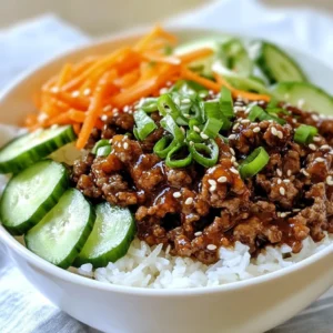 To make Korean Beef Bowls, you need a few key ingredients: - 1 lb ground beef - 3 tablespoons soy sauce - 2 tablespoons brown sugar - 1 tablespoon sesame oil - 2 cloves garlic, minced - 1 teaspoon ginger, grated - 1 cup cooked jasmine rice - 1/2 cup carrots, julienned - 1/2 cup cucumbers, thinly sliced - 1/4 cup green onions, sliced - 1/4 cup kimchi (for serving) - Sesame seeds for garnish - Salt and pepper to taste These ingredients create a tasty and balanced dish that is both filling and flavorful. You can add a personal touch with optional garnishes: - Extra green onions for crunch - Sliced radishes for a peppery bite - Chopped cilantro for freshness - A drizzle of sriracha for heat These toppings make the dish look vibrant and add extra flavor. If you need to swap out ingredients, here are some ideas: - Use ground turkey or chicken instead of beef. - Swap jasmine rice for brown rice or quinoa. - Try coconut aminos in place of soy sauce for a gluten-free option. - Replace sesame oil with olive oil for a lighter taste. These substitutions help you customize the dish to your liking or dietary needs. {{ingredient_image_1}} Start with a large skillet over medium-high heat. Add 1 pound of ground beef to the pan. Cook it until it turns brown, about 5 to 6 minutes. Use a spatula to break the meat apart as it cooks. If there is too much fat, drain it off. This keeps your dish from being too greasy. Once the beef is browned, add 2 minced cloves of garlic and 1 teaspoon of grated ginger. Stir these into the beef for about 1 to 2 minutes. You want to smell the fragrant garlic and ginger. This step gives your dish a great depth of flavor. In a small bowl, mix together 3 tablespoons of soy sauce, 2 tablespoons of brown sugar, and 1 tablespoon of sesame oil. Whisk until blended. Pour this sauce over the beef in the skillet. Stir well to coat the beef. Let it simmer for 2 to 3 minutes. This allows all the flavors to come together nicely. To cook ground beef well, start with a hot skillet. Add the beef and let it sit. This helps it brown nicely. Break it up with a spatula as it cooks. Aim for about 5-6 minutes until it's brown. If you see too much fat, drain it off. This keeps the dish light and tasty. When you assemble your bowls, begin with the rice. Use cooked jasmine rice for a great base. Scoop it into each bowl evenly. Next, layer the beef mixture on top. Then, add the julienned carrots and sliced cucumbers. Finish with fresh green onions for a pop of color. This method keeps the flavors separate and fresh. To serve these bowls authentically, add a side of kimchi. Kimchi brings a tangy crunch that complements the beef. You can also sprinkle sesame seeds on top for extra flavor. For a touch of heat, consider adding sliced chili peppers. Serve with chopsticks for a fun dining experience. Pro Tips Use Fresh Ingredients: Fresh garlic and ginger will enhance the flavor of your dish significantly compared to pre-minced options. Adjust the Sweetness: Depending on your taste, you can increase or decrease the brown sugar for a sweeter or more savory profile. Add Extra Veggies: Feel free to add other vegetables like bell peppers or snap peas to increase the nutritional value and color of your bowl. Marinate for More Flavor: If time allows, marinating the ground beef in soy sauce and sesame oil for 30 minutes before cooking can deepen the flavors. {{image_2}} You can make Korean beef bowls without meat. Try using ground mushrooms or lentils instead. Both options give you a hearty texture. You can also use tempeh or tofu for protein. Make sure to season them well with soy sauce and spices to keep the flavors bright. While the basic sauce is tasty, you can mix it up. Try adding gochujang for heat. This Korean chili paste adds a sweet and spicy kick. You can also use hoisin sauce for a sweeter flavor. Mixing soy sauce with rice vinegar can give a tangy twist. Experiment with different sauces to find your favorite. Toppings make your bowls exciting and flavorful. Try adding avocado for creaminess. You can also sprinkle crushed peanuts or cashews for crunch. Fresh herbs like cilantro or mint can add a bright note. Pickled vegetables can give a nice tang, too. Consider adding sesame oil drizzled on top for extra depth. To store your Korean beef bowls, let them cool first. Use airtight containers for storage. Place the beef and rice in separate containers. This helps keep the rice fluffy. Store in the fridge for best results. When ready to eat, take out the leftovers. For the best taste, use a skillet. Warm the beef over medium heat. Stir it to heat evenly. You can also microwave it. Place the beef in a bowl, cover it, and heat for 1-2 minutes. Make sure it’s hot all the way through. Korean beef bowls stay fresh in the fridge for about 3-4 days. If you want to keep them longer, freeze them. They last up to 3 months in the freezer. Just remember to thaw them in the fridge before reheating. Enjoy your tasty meal without waste! You can serve Korean Beef Bowls with several sides. Here are some great options: - Steamed broccoli: Adds a nice crunch. - Kimchi: A classic Korean side with bold flavors. - Pickled radishes: They add a tangy kick. - Sliced avocado: For a creamy texture. - Edamame: A healthy protein boost. These sides make the meal vibrant and tasty. Yes, you can make Korean Beef Bowls ahead of time. Cook the beef mixture and let it cool. Store it in an airtight container in the fridge. It lasts about three days. Cook the rice fresh when you’re ready to serve. This keeps the texture nice. Korean Beef Bowls are not very spicy. The main flavors come from the soy sauce and sesame oil. If you like heat, you can add red pepper flakes or sriracha. Adjust the spice to match your taste. Absolutely! You can use various meats for Korean Beef Bowls. Ground turkey or chicken are great substitutes. You can even use tofu for a vegetarian option. Adjust cooking times if you use larger pieces of meat. Enjoy experimenting with flavors! Korean beef bowls are easy to make and full of flavor. We covered essential ingredients, substitutes, and perfect cooking tips. Also, we explored tasty variations and proper storage methods. Enjoy these bowls with your favorite sides, or try them with different meats. Remember, cooking can be fun and creative. Make these bowls your own with unique toppings and flavors. Dive into this tasty dish, and have a great meal!