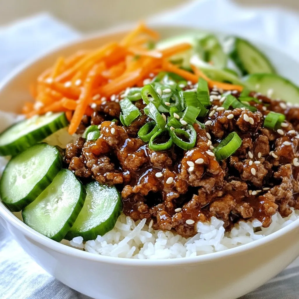 To make Korean Beef Bowls, you need a few key ingredients: - 1 lb ground beef - 3 tablespoons soy sauce - 2 tablespoons brown sugar - 1 tablespoon sesame oil - 2 cloves garlic, minced - 1 teaspoon ginger, grated - 1 cup cooked jasmine rice - 1/2 cup carrots, julienned - 1/2 cup cucumbers, thinly sliced - 1/4 cup green onions, sliced - 1/4 cup kimchi (for serving) - Sesame seeds for garnish - Salt and pepper to taste These ingredients create a tasty and balanced dish that is both filling and flavorful. You can add a personal touch with optional garnishes: - Extra green onions for crunch - Sliced radishes for a peppery bite - Chopped cilantro for freshness - A drizzle of sriracha for heat These toppings make the dish look vibrant and add extra flavor. If you need to swap out ingredients, here are some ideas: - Use ground turkey or chicken instead of beef. - Swap jasmine rice for brown rice or quinoa. - Try coconut aminos in place of soy sauce for a gluten-free option. - Replace sesame oil with olive oil for a lighter taste. These substitutions help you customize the dish to your liking or dietary needs. {{ingredient_image_1}} Start with a large skillet over medium-high heat. Add 1 pound of ground beef to the pan. Cook it until it turns brown, about 5 to 6 minutes. Use a spatula to break the meat apart as it cooks. If there is too much fat, drain it off. This keeps your dish from being too greasy. Once the beef is browned, add 2 minced cloves of garlic and 1 teaspoon of grated ginger. Stir these into the beef for about 1 to 2 minutes. You want to smell the fragrant garlic and ginger. This step gives your dish a great depth of flavor. In a small bowl, mix together 3 tablespoons of soy sauce, 2 tablespoons of brown sugar, and 1 tablespoon of sesame oil. Whisk until blended. Pour this sauce over the beef in the skillet. Stir well to coat the beef. Let it simmer for 2 to 3 minutes. This allows all the flavors to come together nicely. To cook ground beef well, start with a hot skillet. Add the beef and let it sit. This helps it brown nicely. Break it up with a spatula as it cooks. Aim for about 5-6 minutes until it's brown. If you see too much fat, drain it off. This keeps the dish light and tasty. When you assemble your bowls, begin with the rice. Use cooked jasmine rice for a great base. Scoop it into each bowl evenly. Next, layer the beef mixture on top. Then, add the julienned carrots and sliced cucumbers. Finish with fresh green onions for a pop of color. This method keeps the flavors separate and fresh. To serve these bowls authentically, add a side of kimchi. Kimchi brings a tangy crunch that complements the beef. You can also sprinkle sesame seeds on top for extra flavor. For a touch of heat, consider adding sliced chili peppers. Serve with chopsticks for a fun dining experience. Pro Tips Use Fresh Ingredients: Fresh garlic and ginger will enhance the flavor of your dish significantly compared to pre-minced options. Adjust the Sweetness: Depending on your taste, you can increase or decrease the brown sugar for a sweeter or more savory profile. Add Extra Veggies: Feel free to add other vegetables like bell peppers or snap peas to increase the nutritional value and color of your bowl. Marinate for More Flavor: If time allows, marinating the ground beef in soy sauce and sesame oil for 30 minutes before cooking can deepen the flavors. {{image_2}} You can make Korean beef bowls without meat. Try using ground mushrooms or lentils instead. Both options give you a hearty texture. You can also use tempeh or tofu for protein. Make sure to season them well with soy sauce and spices to keep the flavors bright. While the basic sauce is tasty, you can mix it up. Try adding gochujang for heat. This Korean chili paste adds a sweet and spicy kick. You can also use hoisin sauce for a sweeter flavor. Mixing soy sauce with rice vinegar can give a tangy twist. Experiment with different sauces to find your favorite. Toppings make your bowls exciting and flavorful. Try adding avocado for creaminess. You can also sprinkle crushed peanuts or cashews for crunch. Fresh herbs like cilantro or mint can add a bright note. Pickled vegetables can give a nice tang, too. Consider adding sesame oil drizzled on top for extra depth. To store your Korean beef bowls, let them cool first. Use airtight containers for storage. Place the beef and rice in separate containers. This helps keep the rice fluffy. Store in the fridge for best results. When ready to eat, take out the leftovers. For the best taste, use a skillet. Warm the beef over medium heat. Stir it to heat evenly. You can also microwave it. Place the beef in a bowl, cover it, and heat for 1-2 minutes. Make sure it’s hot all the way through. Korean beef bowls stay fresh in the fridge for about 3-4 days. If you want to keep them longer, freeze them. They last up to 3 months in the freezer. Just remember to thaw them in the fridge before reheating. Enjoy your tasty meal without waste! You can serve Korean Beef Bowls with several sides. Here are some great options: - Steamed broccoli: Adds a nice crunch. - Kimchi: A classic Korean side with bold flavors. - Pickled radishes: They add a tangy kick. - Sliced avocado: For a creamy texture. - Edamame: A healthy protein boost. These sides make the meal vibrant and tasty. Yes, you can make Korean Beef Bowls ahead of time. Cook the beef mixture and let it cool. Store it in an airtight container in the fridge. It lasts about three days. Cook the rice fresh when you’re ready to serve. This keeps the texture nice. Korean Beef Bowls are not very spicy. The main flavors come from the soy sauce and sesame oil. If you like heat, you can add red pepper flakes or sriracha. Adjust the spice to match your taste. Absolutely! You can use various meats for Korean Beef Bowls. Ground turkey or chicken are great substitutes. You can even use tofu for a vegetarian option. Adjust cooking times if you use larger pieces of meat. Enjoy experimenting with flavors! Korean beef bowls are easy to make and full of flavor. We covered essential ingredients, substitutes, and perfect cooking tips. Also, we explored tasty variations and proper storage methods. Enjoy these bowls with your favorite sides, or try them with different meats. Remember, cooking can be fun and creative. Make these bowls your own with unique toppings and flavors. Dive into this tasty dish, and have a great meal!