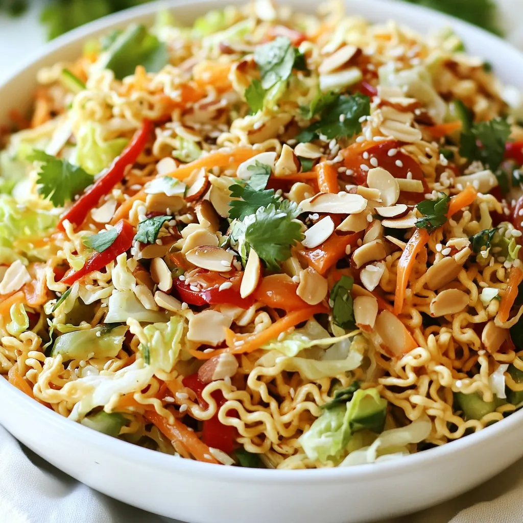 - 2 packs of instant ramen noodles (discard seasoning packets) - 1 cup shredded cabbage (green or purple) - 1 cup shredded carrots - 1 bell pepper, thinly sliced (any color) - 1/4 cup green onions, chopped - 1/4 cup sliced almonds - 1/4 cup sunflower seeds - 1/4 cup fresh cilantro, chopped (optional) This salad bursts with color and crunch. The instant ramen noodles give a fun texture. Shredded cabbage adds crispness. Shredded carrots bring sweetness. Thinly sliced bell peppers offer flavor and color. Green onions give a nice bite. Almonds and sunflower seeds add a nutty crunch. - 1/3 cup sesame oil - 1/4 cup soy sauce - 2 tablespoons rice vinegar - 1 tablespoon honey - 1 teaspoon grated ginger - Salt and pepper to taste The dressing ties the salad together. Sesame oil gives a rich flavor. Soy sauce adds saltiness. Rice vinegar provides a touch of tang. Honey balances the flavors with sweetness. Grated ginger brings warmth and spice. - Extra chopped cilantro - Sesame seeds - Lime wedges These toppings enhance the salad. Chopped cilantro adds freshness. Sesame seeds give a lovely finish. Lime wedges add a zesty kick. You can mix and match these as you like! Enjoy customizing your salad to your taste. {{ingredient_image_1}} First, get two packs of instant ramen noodles. Do not use the seasoning packets. Boil water in a pot. Add the noodles and cook them for three minutes. Drain the noodles and rinse them under cold water to cool them down. Set them aside in a bowl. Now, grab a large mixing bowl. Add one cup of shredded cabbage. You can use green or purple cabbage. Next, add one cup of shredded carrots. Then, slice one bell pepper thinly and add it to the bowl. Don’t forget to chop a quarter cup of green onions. Mix all these veggies together well. In a smaller bowl, whisk together the dressing. Start with one-third cup of sesame oil. Then add a quarter cup of soy sauce. Pour in two tablespoons of rice vinegar. Next, add one tablespoon of honey and one teaspoon of grated ginger. Season it with salt and pepper to taste. Mix until everything is combined. Now it’s time to put everything together. Add the cooled ramen noodles to the bowl of veggies. Toss them gently to mix. Pour the dressing over the salad and toss again until all ingredients are well coated. Finally, fold in a quarter cup of sliced almonds and sunflower seeds. If you like, add fresh cilantro for an extra touch. Be gentle to keep the crunch. Refrigerate for at least 30 minutes before serving. Enjoy your salad! To cook ramen noodles well, add them to boiling water. Follow the package instructions for timing. Usually, it takes only a few minutes. I like to stir them gently as they cook. This helps keep them from sticking together. Once they are soft, drain them and rinse under cold water. This stops the cooking. It also cools them down quickly. Herbs can add great flavor to your salad. Fresh cilantro is a nice touch. It brings a bright taste. You can also use green onions for a mild onion flavor. If you want something different, try adding mint or basil. These herbs can give your salad a fresh twist. A little goes a long way, so add them to your taste. To keep your salad crunchy, add the nuts and seeds last. Sliced almonds and sunflower seeds give a nice crunch. Make sure to fold them in gently. Don’t toss too hard, or they might break. Also, try to serve the salad soon after mixing. If you let it sit too long, it might get soggy. To avoid this, refrigerate the salad for a bit before serving. This helps the flavors mix without losing crunch. Pro Tips Fresh Ingredients: Use the freshest vegetables you can find for the best flavor and crunch in your salad. Chill Before Serving: Allow the salad to chill in the refrigerator for at least 30 minutes to let the flavors meld together beautifully. Customizable Add-Ins: Feel free to add other ingredients like edamame, cucumber, or even protein like grilled chicken or tofu for a more filling salad. Dressing on the Side: If serving to a crowd, consider keeping the dressing on the side to prevent the salad from becoming soggy too quickly. {{image_2}} You can change the ingredients to fit your diet. If you need to go gluten-free, use gluten-free ramen noodles. Instead of soy sauce, try tamari or coconut aminos. For a low-carb option, substitute the noodles with spiralized zucchini. If you want a vegan dish, skip the honey and use maple syrup instead. You can also swap out the cabbage for kale or spinach for a different taste. Want to make your salad heartier? Add protein! Grilled chicken is a great choice. You can also use shrimp or tofu for a plant-based option. Sliced beef or pork works well too. For a quick boost, toss in canned chickpeas or edamame. These options will make your salad filling and tasty. Try different dressings to switch up the flavor. A peanut dressing can add a creamy texture. You can make it by mixing peanut butter, soy sauce, and lime juice. If you like spicy, add sriracha to your sesame dressing. For a citrus twist, use orange juice and zest in the mix. Experiment with different dressings to find your favorite! To store leftover salad, place it in an airtight container. Keep it in the fridge. The salad will last for about three days. Make sure to keep the dressing separate if you plan to store it. This helps the salad stay crunchy. If the salad wilts, it may lose its texture. For meal prep, make the salad but don’t add the dressing yet. Store the salad and dressing in separate containers. This keeps the noodles and veggies fresh. You can prep the salad up to three days ahead. When you’re ready to eat, just add the dressing and mix. This salad is best served cold, so no need to reheat. If you want to enjoy it warm, you can lightly heat the ramen noodles. Just be careful not to warm the veggies. Serve the salad with lime wedges for a zesty touch. Garnishing with extra cilantro or sesame seeds adds a nice look. Yes, you can use whole wheat ramen noodles. They add a nutty flavor and extra fiber. Just follow the same cooking steps. Enjoy the same crunch with added nutrition. If you don't have sesame oil, try using olive oil or canola oil. Both oils work well in salad dressings. They will change the flavor slightly but still taste great. Yes, this salad is perfect for meal prepping. You can make it ahead of time and store it in the fridge. Just keep the dressing separate until you are ready to eat. The salad stays fresh for about 3 days in the fridge. Make sure to store it in an airtight container. The veggies will stay crunchy if you add the dressing right before serving. Absolutely! Adding fruits can enhance the flavor. Try adding diced apples, mandarin oranges, or grapes. They bring sweetness and a nice contrast to the crunchy veggies. This salad is packed with vitamins and minerals. It offers good protein from the almonds and seeds. The veggies provide fiber, while the dressing adds healthy fats. To wrap it up, we covered how to make a crunchy ramen noodle salad. You learned about the main ingredients, dressing, and toppings. I shared step-by-step instructions for cooking the noodles and preparing the salad. Tips for keeping noodles crunchy and flavor-rich were also included. Experiment with variations based on your taste and dietary needs. Remember to store leftovers properly for best results. Enjoy creating your salad that fits your style and preferences!
