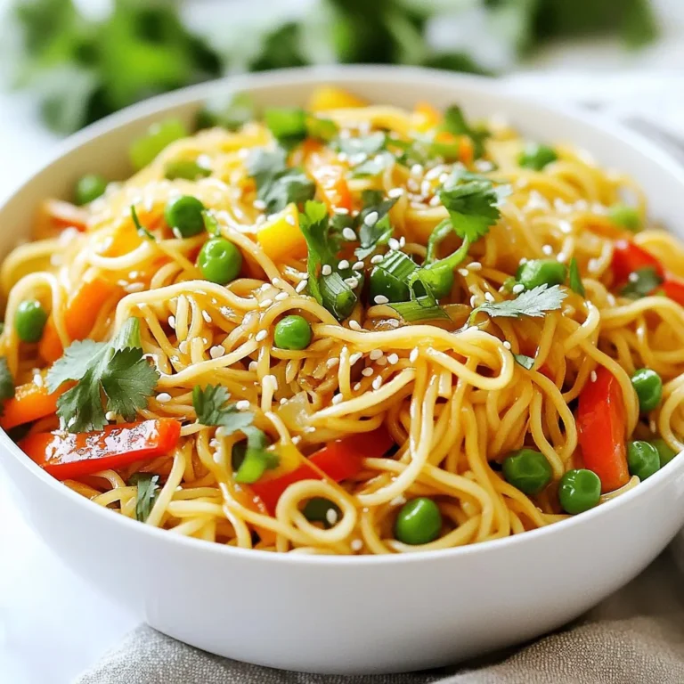 To make sweet chili garlic noodles, you need fresh and simple ingredients. Here’s a list to guide you: - Noodles: 8 oz of egg noodles or rice noodles - Sauces: 3 tablespoons sweet chili sauce, 2 tablespoons soy sauce, 1 tablespoon rice vinegar - Aromatics: 4 cloves garlic (minced), 1 tablespoon fresh ginger (grated) - Oil: 2 tablespoons sesame oil - Vegetables: 1 cup of mixed vegetables, such as bell peppers, carrots, and snap peas - Garnishes: 2 green onions (sliced), 1 tablespoon sesame seeds, fresh cilantro (optional) These ingredients come together to create a dish that is both flavorful and satisfying. The sweet and spicy sauce pairs well with the fresh vegetables, making every bite a delight. You can find these items at your local grocery store. The key is to use fresh produce for the best taste. {{ingredient_image_1}} - Boil water with salt. - Cook the noodles according to package instructions. - Drain and set aside. Cooking the noodles is easy. Use a large pot for boiling water. Adding salt helps bring out the noodles' flavor. Follow the package instructions carefully for the best results. Once cooked, drain the noodles and set them aside for now. - Mix sweet chili sauce, soy sauce, and rice vinegar. - Set the sauce aside for later use. Now we make the sauce. In a small bowl, combine sweet chili sauce, soy sauce, and rice vinegar. Stir well to mix. This sauce will add a burst of flavor to the noodles. Set it aside for when you need it. - Heat sesame oil in a pan or wok. - Sauté garlic and ginger until fragrant. - Add mixed vegetables and cook until slightly tender. Next, grab a large pan or wok. Heat sesame oil over medium heat. This oil gives a nice taste to the dish. Add minced garlic and grated ginger. Sauté these for about one minute. You want them to smell great! Then, toss in your mixed vegetables. Cook them for about three to four minutes. They should be tender but still crisp. - Add cooked noodles and sauce to the pan. - Toss everything together. Now it's time to combine! Add your cooked noodles to the pan. Pour the sauce over the top. Gently toss everything together. This helps the noodles and veggies soak up all that yummy flavor. - Allow the dish to heat through. - Ensure noodles absorb the sauce. Let the dish cook for another two to three minutes. This step helps the noodles absorb the sauce. Stir occasionally to make sure everything heats evenly. - Serve in deep bowls. - Garnish with green onions, sesame seeds, and cilantro. To serve, place the noodles in deep bowls. This keeps the sauce from spilling. Top with sliced green onions and a sprinkle of sesame seeds. If you like, add fresh cilantro for a pop of color and taste. Enjoy your sweet chili garlic noodles! To get the best noodles, avoid overcooking. This keeps the texture right. Follow the package directions carefully. Once they are done, drain them. Rinse with cold water to stop cooking. This helps keep them firm. You can make the dish your own. Add other spices like black pepper or chili flakes. If you want more sweetness, pour in extra sweet chili sauce. Taste as you go to get it just right. For crispy veggies, cook on high heat. This helps them stay bright and crunchy. Stir often to cook everything evenly. Keep an eye on them, so they don’t burn. This makes your dish look and taste great! Pro Tips Use Fresh Ingredients: Fresh vegetables and herbs will enhance the flavor and texture of your noodles, making the dish more vibrant and delicious. Adjust the Heat: If you prefer a spicier kick, add some red pepper flakes or a splash of sriracha to the sauce mixture before tossing it with the noodles. Customize Your Vegetables: Feel free to swap in your favorite seasonal vegetables or whatever you have on hand to make this dish your own. Make it a Meal: Add some protein like grilled chicken, shrimp, or tofu to turn this noodle dish into a hearty main course. {{image_2}} You can add protein to sweet chili garlic noodles in many ways. Chicken, shrimp, or tofu all work well. - Chicken: Use boneless, skinless chicken breasts. Cook them in bite-sized pieces for about 5-7 minutes. - Shrimp: Cook peeled shrimp for about 3-4 minutes. They turn pink when done. - Tofu: Use firm tofu, cut into cubes. Sauté for 5-6 minutes until golden brown. Mix and match these proteins to suit your taste. You can even use a mix of two or more! If you want a vegetarian meal, use only vegetables or plant-based proteins. Sweet chili garlic noodles can be just as tasty without meat. - Vegetable Focus: You can load up on bell peppers, carrots, and snap peas. Add mushrooms for more flavor. - Vegan Adaptation: For a vegan dish, stick to vegetables and use tofu as your protein. Make sure your sauces are vegan-friendly, too. These options keep the dish light and fresh while still being filling. Feel free to get creative with the sauce! You can use different chili sauces to change the flavor. - Chili Sauce Variety: Try sriracha or sambal oelek for a spicier kick. - Creamy Twist: Add a spoonful of peanut butter for a nutty taste. This makes the sauce rich and smooth. These modifications let you tailor the dish to your liking. Enjoy experimenting with flavors! To keep your sweet chili garlic noodles fresh, use airtight containers. Glass or plastic containers work well. Store your noodles in the refrigerator for up to three days. This will help keep them safe and tasty. To reheat, use a microwave or a pan. If using a microwave, cover the noodles. Heat in short bursts to avoid burning. If you use a pan, add a splash of water. This helps keep the noodles from getting mushy. Stir frequently to ensure even heating. If you want to freeze your noodles, first let them cool completely. Place them in freezer-safe bags or containers. Squeeze out as much air as you can. When ready to eat, defrost in the fridge overnight. Reheat in a pan for the best texture. Enjoy your noodles even after freezing! Sweet chili garlic noodles are a tasty dish made with soft noodles and a sweet sauce. They have bold flavors from garlic and ginger. The sweet chili sauce gives a nice kick with its heat and sweetness. You can use egg noodles or rice noodles, depending on your taste. To add spice, try these ideas: - Add red pepper flakes for heat. - Mix in sriracha or your favorite hot sauce. - Use a spicy chili paste in the sauce. These will make your dish exciting and fiery! Yes, you can prepare sweet chili garlic noodles in advance. Cook the noodles and store them in the fridge. Keep the sauce and veggies separate. This keeps them fresh. When you're ready to eat, just stir-fry everything together. It's an easy meal prep option! You can use many veggies for sweet chili garlic noodles. Here are some great options: - Bell peppers - Carrots - Snap peas - Broccoli - Zucchini Feel free to mix and match based on what you have at home! These noodles pair well with: - Grilled chicken or shrimp - A side of spring rolls - Steamed dumplings - A fresh salad These sides will make your meal complete and satisfying! You learned how to make sweet chili garlic noodles with simple ingredients and steps. Remember to cook the noodles just right and stir-fry your veggies on high heat for the best taste. You can add proteins or tweak the sauce to match your likes. Store your leftovers properly so they stay fresh. By following this guide, you can enjoy a delicious dish suited to your taste. Happy cooking!