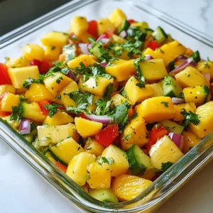 - 2 ripe mangoes, diced - 1 cup pineapple chunks (fresh or canned, drained) - 1 red bell pepper, diced - 1 small red onion, finely chopped - 1 jalapeño, deseeded and minced - 1 cup cucumber, diced - 1/4 cup fresh cilantro, chopped - Juice of 2 limes - 2 tablespoons honey (or agave syrup for a vegan option) - Salt and pepper to taste In this tropical mango salad, I focus on fresh and colorful ingredients. Each item plays a key role in flavor and texture. Mangoes bring sweetness, while pineapple adds a tropical zing. The red bell pepper and cucumber provide a nice crunch. Together, they create a salad that is both fresh and vibrant. To prepare the dressing, I always use fresh lime juice. It gives the salad a bright taste. Honey adds a touch of sweetness, balancing the tang of lime. I also add salt and pepper for flavor. Adjusting these can make a big difference in the final taste. I recommend using ripe, fragrant mangoes. They should yield slightly to gentle pressure. This ensures they are sweet and juicy. For the best salad, use fresh ingredients whenever possible. Quality matters, and it shows in the taste. {{ingredient_image_1}} To start, you need to dice the mangoes. First, slice off the top and bottom. This helps the mango stand steady. Then, use a sharp knife to cut down the sides of the pit. Make long cuts in the flesh without cutting through the skin. Finally, scoop out the mango cubes with a spoon. Next, prepare the other fruits. If you use fresh pineapple, cut off the skin and core. Then, chop it into small chunks. Dice the red bell pepper and cucumber into small pieces. For the red onion, chop it finely. Lastly, take the jalapeño. Cut it in half, remove the seeds, and mince it finely. Now it's time to combine the main ingredients. In a large mixing bowl, add the diced mangoes, pineapple chunks, red bell pepper, red onion, jalapeño, and cucumber. Use a spatula to gently mix them together. For the lime dressing, grab a small bowl. Whisk the juice of two limes with honey and a pinch of salt and pepper. Mix until smooth and well combined. Pour the lime dressing over the mixed fruits and vegetables. Add the chopped cilantro to the bowl. Gently toss everything together, so the dressing coats all the ingredients evenly. Let the salad sit for 10-15 minutes. This helps the flavors meld together. After that, taste the salad. Adjust the seasoning with more salt or lime juice if needed. Enjoy your fresh and colorful tropical mango salad! To pick ripe mangoes, look for a few signs. First, check the color. A ripe mango often has a mix of yellow and red. Next, gently squeeze the mango. It should feel slightly soft but not mushy. The sweet smell near the stem also indicates ripeness. For deeper flavor, try different mango varieties. Haden or Tommy Atkins mangoes work great for salads. They offer sweetness and a unique taste that pairs well with other fruity flavors. When serving tropical mango salad, presentation is key. A large bowl makes a vibrant centerpiece. You can also serve it in individual bowls for a personal touch. Garnish with extra cilantro leaves for color. A lime wedge adds a fresh pop. You can even sprinkle some chili flakes for a hint of heat. These simple tricks make your salad look as good as it tastes! If you want to prepare the salad in advance, it’s easy. Store the salad in an airtight container in the fridge. This keeps it fresh for about one day. To keep the mangoes from browning, add lime juice just before serving. For the best flavor, make the salad no more than four hours ahead. This way, it stays bright and flavorful! Pro Tips Choose Ripe Mangoes: Make sure your mangoes are ripe for the best flavor. They should yield slightly to pressure and have a sweet aroma. Fresh Ingredients Matter: Use fresh fruits and vegetables whenever possible for maximum flavor and nutrition in your salad. Customize Spice Level: Adjust the amount of jalapeño based on your spice preference. You can also omit it for a milder salad. Chill Before Serving: For an extra refreshing treat, chill the salad in the refrigerator for 30 minutes before serving to enhance the flavors. {{image_2}} You can add protein to your tropical mango salad for a complete meal. Shrimp, chicken, or tofu work well. For shrimp, grill or sauté them until pink. Dice the chicken after cooking and mix it in. If you choose tofu, use firm tofu. Press it to remove excess water, then cube it. This will boost your salad's nutritional value. For a vegan option, try chickpeas or lentils. They add protein and fiber without any animal products. Adding more fruits can brighten this salad. Try adding strawberries, kiwi, or oranges. These fruits will add color and sweetness. For a bit of spice, consider adding fresh mint or basil. Chopped mint gives a refreshing taste. You can also add a pinch of chili powder or cayenne for heat. This extra zing will make your salad pop. While the lime dressing is great, you can explore other flavors. A honey-lime vinaigrette adds sweetness and tang. Mix balsamic vinegar with olive oil for a rich taste. Creamy dressings can also be a fun twist. Try yogurt-based dressings for a smooth texture. For a vegan option, use cashew cream or tahini. These options will change the flavor and make the salad exciting. Store leftover tropical mango salad in an airtight container. This helps keep the salad fresh. Place it in the fridge right away. It stays good for about 1-2 days. The longer it sits, the softer the fruit gets. You may want to keep the dressing separate. This way, the salad stays crisp and bright. To maintain freshness, check the ingredients. Keep mangoes, pineapples, and cucumbers in the fridge. Store these fruits in a cool, dry spot. Avoid washing them until you are ready to use them. This helps prevent spoilage. Can you freeze tropical mango salad? No, it’s not ideal to freeze the whole salad. The texture of the fruits changes when thawed. However, you can freeze mangoes for future use. To freeze mangoes, first, peel and dice them. Spread the pieces on a baking sheet. Freeze them for a few hours until solid. Once frozen, transfer the mangoes to a freezer bag. Remove as much air as possible. They can stay fresh for about 6-12 months. Use the frozen mangoes in smoothies or desserts later. You can serve tropical mango salad with grilled chicken or fish. It pairs well with shrimp tacos. For a light meal, add it to a wrap or sandwich. This salad also goes great with rice dishes. Try it beside a bowl of quinoa for a healthy touch. Yes, tropical mango salad is very healthy. It contains fresh fruits and vegetables, which are low in calories. Mangoes are rich in vitamins A and C. The salad also has fiber from the cucumber and bell pepper. This mix helps with digestion and keeps you full longer. You can store tropical mango salad in the fridge for about 1 to 2 days. After that, the fruits may start to get soggy. To keep it fresh, store it in an airtight container. If you notice the veggies losing crunch, it's time to eat it! Yes, you can make tropical mango salad ahead of time. Prep it a few hours before your meal. Just keep the dressing separate until serving. This way, your salad stays fresh and crunchy. If you want to make it a day in advance, add lime juice to help preserve the flavors. This blog post outlined how to create a fresh tropical mango salad. We explored main and dressing ingredients, simple preparation steps, and smart tips for choosing and serving. Adding protein and flavor variations can enhance this dish further. You can even store leftovers properly to keep them fresh. This salad is a healthy choice and perfect for warm days, gatherings, or meal prep. Enjoy making it your own with different ingredients!