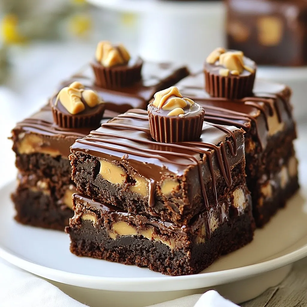 To make these tasty peanut butter cup brownies, gather the following ingredients: - 1 cup unsalted butter, melted - 1 cup granulated sugar - 1 cup packed brown sugar - 4 large eggs - 1 teaspoon vanilla extract - 1 cup all-purpose flour - 1/2 cup unsweetened cocoa powder - 1/2 teaspoon salt - 1 cup creamy peanut butter - 1 cup mini peanut butter cups, chopped - 1/2 cup chocolate chips You can swap some ingredients if needed. Here are a few ideas: - Use coconut oil instead of unsalted butter for a dairy-free option. - Replace granulated sugar with coconut sugar for a lower glycemic index. - If you want gluten-free brownies, use almond flour instead of all-purpose flour. - You can use natural peanut butter, but it may change the texture slightly. - Want a nut-free version? Use sun butter in place of peanut butter. Quality matters in baking. Here are some tips to ensure the best results: - Use fresh eggs for better rise and texture. - Opt for high-quality cocoa powder for a richer chocolate flavor. - Choose creamy peanut butter that has no added sugar for a pure taste. - Buy mini peanut butter cups that are fresh and soft for easy mixing. - Check the expiration date on your ingredients to ensure freshness. {{ingredient_image_1}} First, you'll want to prepare your baking pan. Preheat your oven to 350°F (175°C). Grease a 9x13 inch baking pan. You can also line it with parchment paper. This makes it easier to remove the brownies later. In a large bowl, add the melted butter. Mix in both the granulated and brown sugar. Whisk these together until smooth. Then, add the eggs one by one. Beat well after each egg. Finally, stir in the vanilla extract. This adds great flavor to your brownies. Now, take another bowl. Sift together the flour, cocoa powder, and salt. Gradually fold this dry mix into your wet mix. Stir until just combined. Be careful not to overmix. This step is key for soft, chewy brownies. Next, gently fold in the creamy peanut butter. Ensure it mixes well without overdoing it. After that, add the chopped mini peanut butter cups and chocolate chips. Fold them in carefully to keep your brownie batter chunky and delicious. Pour the brownie batter into the prepared pan. Spread it out evenly. Bake for 25-30 minutes. Use a toothpick to check if they are done. It should come out with a few moist crumbs. Once baked, let the brownies cool in the pan on a wire rack for at least 15 minutes. This cooling time helps them set perfectly before slicing. To get the best brownie texture, focus on mixing. First, mix the wet ingredients well. Combine melted butter, granulated sugar, and brown sugar until smooth. Then, add eggs one by one. Beat each egg in before adding the next. This step helps create a rich and fluffy base. When mixing the dry ingredients, be gentle. Overmixing can lead to tough brownies. Fold in the flour and cocoa until just combined. The batter should be thick but not dry. If your brownies turn out too dry, you may have baked them too long. Keep a close eye on them. The toothpick test is key. If it comes out with a few moist crumbs, they are done. If brownies are too gooey, they need more baking time. Always let them cool before cutting. This helps them set. If brownies stick to the pan, try using parchment paper. It makes removal easy and keeps them intact. To make your brownies look extra special, serve them on a nice platter. After slicing, sprinkle extra mini peanut butter cups on top. A drizzle of melted chocolate adds a fancy touch. For a bit of flair, sprinkle sea salt on top. This contrast enhances the flavors. Consider serving with a scoop of vanilla ice cream on the side. It pairs well and adds a creamy element. These simple tips elevate your brownie game! Pro Tips Use Room Temperature Eggs: Ensuring your eggs are at room temperature can help create a smoother batter and improve the texture of your brownies. Don’t Overmix the Batter: When combining the dry ingredients with the wet, mix just until combined to keep the brownies fudgy and dense. Check for Doneness Carefully: Insert a toothpick into the center; it should come out with a few moist crumbs, not wet batter, for perfectly baked brownies. Customize Your Toppings: Feel free to add chopped nuts, caramel sauce, or even a scoop of ice cream on top for a delicious twist. {{image_2}} You can make gluten-free peanut butter cup brownies easily. Just swap all-purpose flour for a gluten-free blend. Look for a blend that contains xanthan gum to help with texture. This change keeps the brownies rich and tasty without gluten. They will still have that gooey center and rich peanut butter flavor you love. To make vegan peanut butter cup brownies, replace eggs with flaxseed meal. Mix 1 tablespoon of flaxseed with 2.5 tablespoons of water for each egg. Let it sit for five minutes. Use a vegan butter substitute instead of regular butter. Also, choose dairy-free chocolate chips and peanut butter cups. This way, you get all the flavor without animal products. You can get creative with mix-ins in these brownies. Try adding chopped nuts like walnuts or pecans for crunch. Or, mix in some shredded coconut for a tropical twist. If you want a mint flavor, add mint chocolate chips. You can even swirl in caramel or fudge for extra indulgence. Experiment and find your favorite combination! To keep your peanut butter cup brownies fresh, store them in an airtight container. Place parchment paper between layers to prevent sticking. These brownies stay good at room temperature for up to three days. If you want them to last longer, consider refrigerating them. This can keep them fresh for up to a week. Just let them come to room temp before enjoying. Freezing brownies is a great option. First, let the brownies cool completely. Cut them into squares and wrap each piece in plastic wrap. Then, place the wrapped brownies in a freezer-safe bag. They can stay frozen for up to three months. When you want to eat one, just take it out and let it thaw on the counter. To enjoy your brownies warm, preheat your oven to 350°F. Place the brownies on an oven-safe dish and cover them with foil. Heat for about 10 minutes. You can also use a microwave for quick reheating. Just place a brownie on a microwave-safe plate and heat for about 15-20 seconds. Enjoy the gooey goodness! You can check your brownies by using a toothpick. Insert it into the center of the brownies. If it comes out with a few moist crumbs, they are done. If there is wet batter, bake for a few more minutes. Keep an eye on them to avoid overbaking. Yes, you can use natural peanut butter. However, it may change the texture slightly. Natural peanut butter is thinner and may make your brownies less rich. Creamy peanut butter gives a smoother and more consistent flavor. If you need an egg substitute, try using applesauce. Use 1/4 cup of applesauce for each egg. You can also use mashed banana or a flaxseed meal. Mix 1 tablespoon of flaxseed meal with 2.5 tablespoons of water for each egg. Yes, you can make these brownies ahead of time. They store well for a few days. Just keep them in an airtight container at room temperature. You can also freeze them for up to three months for longer storage. To cut brownies nicely, first cool them for at least 15 minutes. Use a sharp knife for clean cuts. Wipe the knife with a damp cloth between cuts to keep the edges neat. This way, your brownies will look great on the plate! You now have everything needed to make delicious peanut butter cup brownies. We covered the key ingredients and how to choose the best ones. You learned step-by-step instructions for mixing and baking. I shared tips for the perfect texture and ways to present your brownies nicely. We explored variations to suit different diets and provided storage tips for freshness. With this knowledge, you can bake tasty brownies with ease. Enjoy the process and the treats that follow!