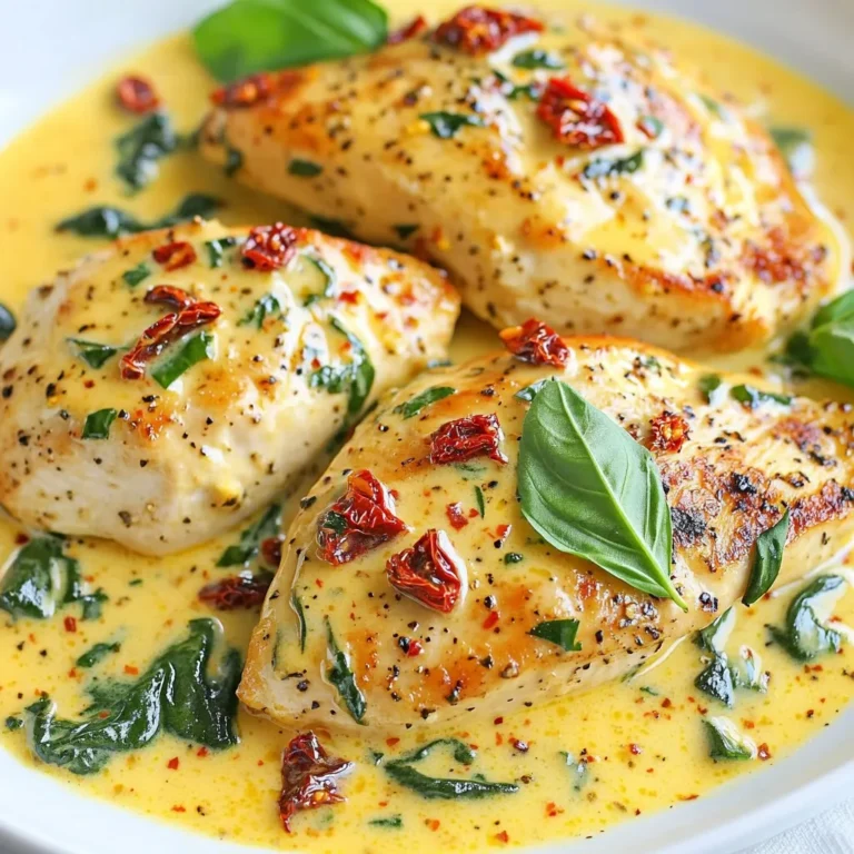 - 4 boneless, skinless chicken breasts - 1 cup heavy cream - 1/2 cup sun-dried tomatoes, chopped - 1 cup fresh spinach - 3 cloves garlic, minced - 1/2 teaspoon red pepper flakes (optional) - 1 tablespoon olive oil - 1 teaspoon Italian seasoning - Salt and pepper to taste - Fresh basil leaves for garnish (optional) To create this dish, you need simple, fresh items. The chicken gives a hearty base. Heavy cream adds that rich, creamy taste. Sun-dried tomatoes bring a burst of flavor. Spinach adds color and nutrients. Garlic gives a lovely aroma. The red pepper flakes can add a kick if you want. - Large skillet - Tongs - Measuring cups - Measuring spoons - Knife - Cutting board For this recipe, you will need a few basic tools. A large skillet helps sear the chicken and mix the sauce. Tongs make it easy to flip the chicken. You’ll also need measuring cups and spoons for accuracy. A knife and cutting board will help prep your ingredients. - Grated Parmesan cheese - Mushrooms, sliced - Bell peppers, diced - Fresh herbs like thyme or parsley Feel free to customize this dish! Adding grated Parmesan can enhance the creaminess. Mushrooms or bell peppers give extra texture and flavor. Fresh herbs can brighten the dish. Mix and match to fit your taste. Enjoy making this recipe your own! {{ingredient_image_1}} Start by preparing the chicken. Take the four chicken breasts and season them well. Use salt, pepper, and Italian seasoning on both sides. This step adds taste right from the start. Make sure to coat them evenly. Now, your chicken is ready to go! Next, it’s time to sear the chicken. Heat a large skillet over medium-high heat. Add one tablespoon of olive oil to the skillet. Wait until the oil shimmers, then carefully place the chicken in the pan. Cook each piece for 5 to 7 minutes. You want them golden brown and fully cooked. Once done, remove the chicken and set it aside on a plate. This step locks in the flavor and keeps the chicken juicy. Now, let’s make the creamy sauce! In the same skillet, lower the heat to medium. Add three cloves of minced garlic and sauté for about 30 seconds. You want it fragrant but not burnt. Then, pour in one cup of heavy cream and add half a cup of chopped sun-dried tomatoes. Stir the mix well, bringing it to a gentle simmer. After that, toss in one cup of fresh spinach. Stir until the spinach wilts, which takes about 2 to 3 minutes. If you enjoy some heat, add half a teaspoon of red pepper flakes now. Finally, return the chicken to the skillet, spooning the sauce over it. Let it simmer for an extra 2 to 3 minutes. This step ensures the chicken is hot and nicely coated. Now, you’re ready to plate! To cook chicken well, start with good seasoning. I use salt, pepper, and Italian seasoning. This adds great flavor. Searing the chicken gives it a nice brown crust. Heat the olive oil in your skillet. Cook each side for about 5-7 minutes. This locks in moisture and flavor. To make the sauce creamy, use heavy cream. It blends well with sun-dried tomatoes. After adding the cream, let it simmer gently. This helps thicken the sauce. Stir in the spinach and let it wilt. You want it to mix well with the sauce. If you want a bit of spice, add red pepper flakes. Fresh ingredients have bright flavors. I love using fresh spinach. It adds color and nutrients. For sun-dried tomatoes, you can use dried or packed in oil. Dried tomatoes are more intense in flavor. If you use fresh, cook them a bit longer to soften. Both options work well, but adjust cooking times as needed. Pro Tips Perfectly Cooked Chicken: Use a meat thermometer to ensure your chicken reaches an internal temperature of 165°F (75°C) for safe and perfectly cooked meat. Customize the Creaminess: For a lighter sauce, replace half of the heavy cream with chicken broth or use a reduced-fat cream alternative. Fresh Herbs for Flavor: Enhance the dish by adding fresh herbs like thyme or oregano along with the spinach for added depth of flavor. Make It Ahead: Prepare the sauce in advance and store it in the fridge. Simply reheat and add the chicken when you're ready to serve! {{image_2}} You can switch chicken for other meats. Try turkey or pork. Both work well with the creamy sauce. Shrimp is another great choice. Just cook it until pink. If you want a different taste, consider using fish like salmon. It pairs nicely with sun-dried tomatoes too. For a vegetarian dish, replace chicken with firm tofu. Press the tofu to remove water, then cut it into cubes. Sear it like chicken for the best texture. To make it vegan, use coconut cream instead of heavy cream. This gives a nice flavor and keeps it creamy. Add more veggies like bell peppers or mushrooms for extra nutrition. You can add more depth to the flavor. Try adding capers for a salty kick. Fresh herbs, such as thyme or parsley, brighten the dish. If you like heat, toss in more red pepper flakes. You can also squeeze fresh lemon juice for acidity. This cuts through the creaminess and adds freshness. Experiment with your favorite flavors to make this dish your own. After enjoying your creamy sun-dried tomato chicken, store any leftovers in an airtight container. Make sure the chicken cools to room temperature before sealing it. This helps keep the dish fresh. Place the container in the fridge. It can last up to three days. When you're ready to eat your leftovers, heat them gently. Use a skillet over low heat to warm the chicken. Add a splash of cream or water to keep it creamy. Stir often to avoid burning. You can also use the microwave. Heat in short bursts, stirring in between. This way, you keep the flavors intact. Want to save some for later? You can freeze this dish, but do it carefully. Let the chicken cool completely first. Then, place it in a freezer-safe container. It can last up to three months in the freezer. When you're ready to eat, thaw it overnight in the fridge. Reheat as mentioned above for best taste. Yes, you can use chicken thighs. They stay juicy and tender. Thighs have more fat, which adds flavor. They also cook well in the creamy sauce. Just be sure to adjust the cooking time. Thighs may need a few extra minutes. To make this dish low-carb, skip the heavy cream. Use full-fat coconut milk instead. It provides creaminess without extra carbs. You can also add more spinach and skip the pasta or rice. This will keep it filling and delicious. Great sides for this dish include: - Steamed broccoli - Garlic mashed cauliflower - Zucchini noodles - A simple green salad These sides complement the flavors well and keep the meal light. This blog post covered all you need to make Creamy Sun-Dried Tomato Chicken. We explored the ingredients, tools, and kitchen tips to ensure great results. I shared step-by-step instructions, so you feel confident cooking. We also looked at variations to fit your taste, as well as storage tips for leftovers. Now, you can make this dish your own. With just a few tweaks, you can create something special. Enjoy cooking and savor every bite!