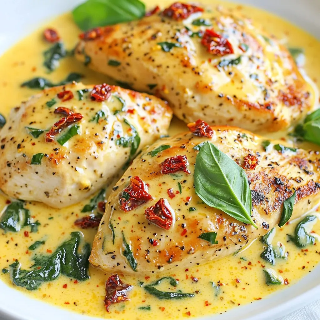 - 4 boneless, skinless chicken breasts - 1 cup heavy cream - 1/2 cup sun-dried tomatoes, chopped - 1 cup fresh spinach - 3 cloves garlic, minced - 1/2 teaspoon red pepper flakes (optional) - 1 tablespoon olive oil - 1 teaspoon Italian seasoning - Salt and pepper to taste - Fresh basil leaves for garnish (optional) To create this dish, you need simple, fresh items. The chicken gives a hearty base. Heavy cream adds that rich, creamy taste. Sun-dried tomatoes bring a burst of flavor. Spinach adds color and nutrients. Garlic gives a lovely aroma. The red pepper flakes can add a kick if you want. - Large skillet - Tongs - Measuring cups - Measuring spoons - Knife - Cutting board For this recipe, you will need a few basic tools. A large skillet helps sear the chicken and mix the sauce. Tongs make it easy to flip the chicken. You’ll also need measuring cups and spoons for accuracy. A knife and cutting board will help prep your ingredients. - Grated Parmesan cheese - Mushrooms, sliced - Bell peppers, diced - Fresh herbs like thyme or parsley Feel free to customize this dish! Adding grated Parmesan can enhance the creaminess. Mushrooms or bell peppers give extra texture and flavor. Fresh herbs can brighten the dish. Mix and match to fit your taste. Enjoy making this recipe your own! {{ingredient_image_1}} Start by preparing the chicken. Take the four chicken breasts and season them well. Use salt, pepper, and Italian seasoning on both sides. This step adds taste right from the start. Make sure to coat them evenly. Now, your chicken is ready to go! Next, it’s time to sear the chicken. Heat a large skillet over medium-high heat. Add one tablespoon of olive oil to the skillet. Wait until the oil shimmers, then carefully place the chicken in the pan. Cook each piece for 5 to 7 minutes. You want them golden brown and fully cooked. Once done, remove the chicken and set it aside on a plate. This step locks in the flavor and keeps the chicken juicy. Now, let’s make the creamy sauce! In the same skillet, lower the heat to medium. Add three cloves of minced garlic and sauté for about 30 seconds. You want it fragrant but not burnt. Then, pour in one cup of heavy cream and add half a cup of chopped sun-dried tomatoes. Stir the mix well, bringing it to a gentle simmer. After that, toss in one cup of fresh spinach. Stir until the spinach wilts, which takes about 2 to 3 minutes. If you enjoy some heat, add half a teaspoon of red pepper flakes now. Finally, return the chicken to the skillet, spooning the sauce over it. Let it simmer for an extra 2 to 3 minutes. This step ensures the chicken is hot and nicely coated. Now, you’re ready to plate! To cook chicken well, start with good seasoning. I use salt, pepper, and Italian seasoning. This adds great flavor. Searing the chicken gives it a nice brown crust. Heat the olive oil in your skillet. Cook each side for about 5-7 minutes. This locks in moisture and flavor. To make the sauce creamy, use heavy cream. It blends well with sun-dried tomatoes. After adding the cream, let it simmer gently. This helps thicken the sauce. Stir in the spinach and let it wilt. You want it to mix well with the sauce. If you want a bit of spice, add red pepper flakes. Fresh ingredients have bright flavors. I love using fresh spinach. It adds color and nutrients. For sun-dried tomatoes, you can use dried or packed in oil. Dried tomatoes are more intense in flavor. If you use fresh, cook them a bit longer to soften. Both options work well, but adjust cooking times as needed. Pro Tips Perfectly Cooked Chicken: Use a meat thermometer to ensure your chicken reaches an internal temperature of 165°F (75°C) for safe and perfectly cooked meat. Customize the Creaminess: For a lighter sauce, replace half of the heavy cream with chicken broth or use a reduced-fat cream alternative. Fresh Herbs for Flavor: Enhance the dish by adding fresh herbs like thyme or oregano along with the spinach for added depth of flavor. Make It Ahead: Prepare the sauce in advance and store it in the fridge. Simply reheat and add the chicken when you're ready to serve! {{image_2}} You can switch chicken for other meats. Try turkey or pork. Both work well with the creamy sauce. Shrimp is another great choice. Just cook it until pink. If you want a different taste, consider using fish like salmon. It pairs nicely with sun-dried tomatoes too. For a vegetarian dish, replace chicken with firm tofu. Press the tofu to remove water, then cut it into cubes. Sear it like chicken for the best texture. To make it vegan, use coconut cream instead of heavy cream. This gives a nice flavor and keeps it creamy. Add more veggies like bell peppers or mushrooms for extra nutrition. You can add more depth to the flavor. Try adding capers for a salty kick. Fresh herbs, such as thyme or parsley, brighten the dish. If you like heat, toss in more red pepper flakes. You can also squeeze fresh lemon juice for acidity. This cuts through the creaminess and adds freshness. Experiment with your favorite flavors to make this dish your own. After enjoying your creamy sun-dried tomato chicken, store any leftovers in an airtight container. Make sure the chicken cools to room temperature before sealing it. This helps keep the dish fresh. Place the container in the fridge. It can last up to three days. When you're ready to eat your leftovers, heat them gently. Use a skillet over low heat to warm the chicken. Add a splash of cream or water to keep it creamy. Stir often to avoid burning. You can also use the microwave. Heat in short bursts, stirring in between. This way, you keep the flavors intact. Want to save some for later? You can freeze this dish, but do it carefully. Let the chicken cool completely first. Then, place it in a freezer-safe container. It can last up to three months in the freezer. When you're ready to eat, thaw it overnight in the fridge. Reheat as mentioned above for best taste. Yes, you can use chicken thighs. They stay juicy and tender. Thighs have more fat, which adds flavor. They also cook well in the creamy sauce. Just be sure to adjust the cooking time. Thighs may need a few extra minutes. To make this dish low-carb, skip the heavy cream. Use full-fat coconut milk instead. It provides creaminess without extra carbs. You can also add more spinach and skip the pasta or rice. This will keep it filling and delicious. Great sides for this dish include: - Steamed broccoli - Garlic mashed cauliflower - Zucchini noodles - A simple green salad These sides complement the flavors well and keep the meal light. This blog post covered all you need to make Creamy Sun-Dried Tomato Chicken. We explored the ingredients, tools, and kitchen tips to ensure great results. I shared step-by-step instructions, so you feel confident cooking. We also looked at variations to fit your taste, as well as storage tips for leftovers. Now, you can make this dish your own. With just a few tweaks, you can create something special. Enjoy cooking and savor every bite!