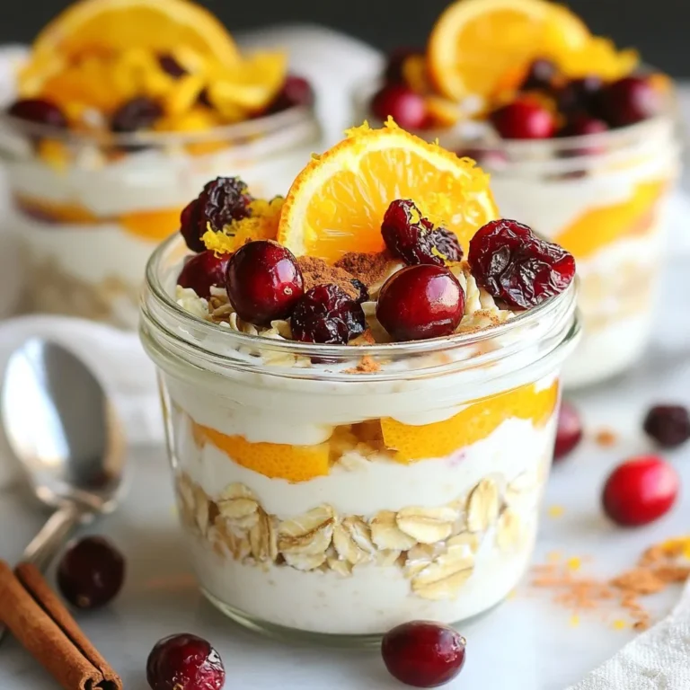 - 1 cup rolled oats - 2 cups almond milk (or milk of choice) - 1/2 cup Greek yogurt (optional for creaminess) To start, rolled oats are the base of this dish. They soak up the liquid and become soft overnight. Almond milk adds a nice creaminess and nutty flavor. If you want a rich texture, Greek yogurt is a great option. - 1/4 cup dried cranberries - 1 orange, zested and juiced - 2 tablespoons maple syrup (adjust based on sweetness preference) Dried cranberries bring a sweet and tart taste. Zest and juice from the orange add freshness and zing. Maple syrup sweetens the mix, and you can adjust it to your liking. - 1/2 teaspoon cinnamon - 1 tablespoon chia seeds (for added texture and nutrition) - Fresh orange segments and extra cranberries for topping Cinnamon adds warmth and spice. Chia seeds not only thicken the oats but also boost nutrition. For serving, top with fresh orange segments and extra cranberries for a fun look and taste. {{ingredient_image_1}} - In a large mixing bowl, combine: - 1 cup rolled oats - 2 cups almond milk (or any milk of choice) - 1/2 cup Greek yogurt (optional for creaminess) - 1/4 cup dried cranberries - Zest and juice of 1 orange - 2 tablespoons maple syrup - 1/2 teaspoon cinnamon - 1 tablespoon chia seeds Make sure to mix well. You want all the oats to be covered in the liquid. This helps them soften and blend the flavors. Cover the bowl tightly with plastic wrap. You can also use individual jars if you prefer. Store in the fridge for at least 6 hours or overnight. This soaking time allows the oats and chia seeds to absorb the liquid. In the morning, stir well. If the oats are too thick, add a splash of almond milk to get the right texture. For a nice look, serve in bowls or jars. Top with fresh orange segments and extra cranberries. This not only adds color but also enhances the flavor. You can easily adjust sweetness with maple syrup. Start with two tablespoons. Taste and add more if needed. Maple syrup gives a nice flavor. You can also use honey or agave nectar. If you want to skip Greek yogurt, try a dairy-free option. Coconut yogurt works well for creaminess. You can also use regular yogurt if you prefer. Soaking time is key for great overnight oats. Leave them in the fridge for at least six hours. This allows the oats and chia seeds to soak up the liquid. If you like creamier oats, add more Greek yogurt or milk. Stir well in the morning. If it's too thick, add a splash of milk to make it just right. Layer the oats in clear glass jars. This makes them look beautiful and colorful. You can also top them with fresh orange segments. A sprinkle of extra cranberries adds a nice touch too. For a final pop, add a sprig of mint on top. It's a simple way to impress your guests! Pro Tips Use Fresh Ingredients: Opt for fresh oranges and high-quality dried cranberries to enhance the flavor and nutritional value of your overnight oats. Customize Your Sweetness: Adjust the amount of maple syrup based on your preference or swap it for honey or agave syrup for a different flavor profile. Experiment with Toppings: Try adding nuts, seeds, or shredded coconut on top for an extra crunch and flavor contrast. Make It Ahead: Prepare multiple jars at once for a quick grab-and-go breakfast option throughout the week. {{image_2}} You can switch up the fruits in your cranberry orange overnight oats. Try using strawberries, blueberries, or even diced apples. Each fruit adds its own unique flavor. You can also mix in nuts or seeds for a nice crunch. Chopped almonds, walnuts, or even sunflower seeds work well. They add texture and extra nutrition to your meal. If you want a vegan version, simply replace Greek yogurt with coconut yogurt. You can also use oat or soy milk instead of almond milk. This makes the recipe dairy-free. For gluten-free oats, ensure you choose certified gluten-free rolled oats. These swaps keep your breakfast tasty and safe for different diets. Don’t be afraid to experiment with spices! Try adding a pinch of nutmeg or a splash of vanilla extract. These will deepen the flavors. If you like chocolate, mix in some cocoa powder or chocolate chips. Peanut butter also makes a great addition for a rich, nutty taste. Each change can create a new favorite version of your overnight oats. To store your cranberry orange overnight oats, choose airtight containers. Glass jars work well. They keep the oats fresh and make it easy to see the layers. If you use a bowl, cover it tightly with plastic wrap. This prevents the oats from drying out. Always make sure the mixture is fully submerged in liquid. This helps the oats stay soft and creamy. In the refrigerator, these oats last about 3 to 5 days. After that, they may start to lose flavor and texture. Signs of spoilage include a sour smell or changes in color. If you see any mold, throw them away. Always trust your senses when it comes to food safety. You might want to enjoy your leftovers warm. To reheat, use the microwave. Heat in short bursts, stirring in between. This keeps the texture smooth. If the oats feel too thick, add a splash of almond milk. Stir well before serving. Enjoy your delicious creation! Overnight oats are a simple and healthy breakfast. You soak rolled oats in liquid overnight. This makes the oats soft and creamy. They absorb the flavors of other ingredients. You can mix in fruits, nuts, or seeds. In the morning, they are ready to eat. This saves time on busy mornings. Yes, you can easily make these oats vegan. Use almond milk or any plant-based milk. Skip the Greek yogurt or replace it with coconut yogurt. This keeps the creaminess without dairy. You can still enjoy the great taste and texture. To make your oats sweeter, add more maple syrup. You can also use honey or agave syrup. For natural sweetness, try mashed bananas or applesauce. Start with a small amount and adjust to your taste. This way, you can enjoy your oats just how you like them! This blog post covered how to make delicious cranberry orange overnight oats. We discussed key ingredients like rolled oats, almond milk, and optional Greek yogurt. I shared tips for mixing, storing, and serving your oats to achieve the best texture and flavor. You can customize them to suit your taste with various add-ins and seasonal fruits. These oats are not just tasty; they’re also easy to prepare. Enjoy your nutritious breakfast and feel free to get creative!