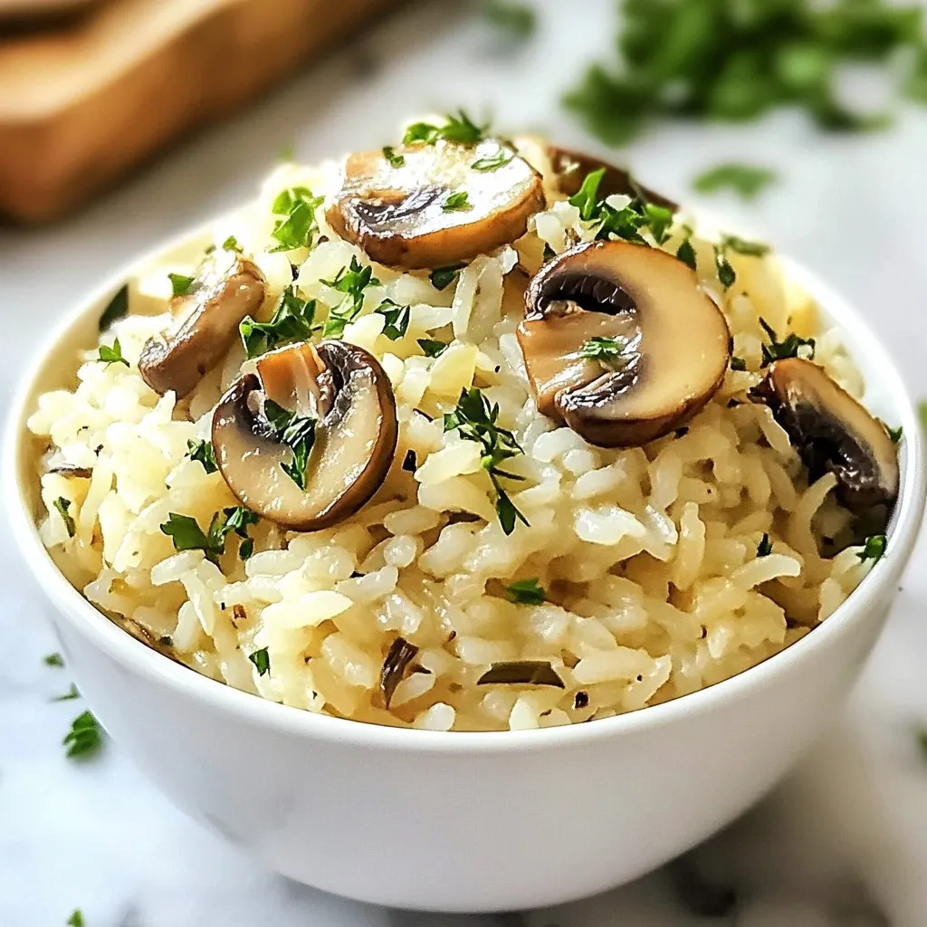 - 1 cup long-grain rice (jasmine or basmati preferred) - 2 cups vegetable broth - 2 tablespoons unsalted butter - 1 tablespoon olive oil - 3 cloves garlic (minced) - 8 ounces cremini mushrooms (sliced) - 1 small onion (finely chopped) - 1 teaspoon fresh thyme or ½ teaspoon dried thyme - Salt and pepper - Fresh parsley (for garnishing) - Optional: Grated Parmesan cheese Gathering the right ingredients is key for great garlic butter mushroom rice. Start with long-grain rice, like jasmine or basmati. It adds a lovely texture. The vegetable broth gives a rich flavor, so don’t skip it! I use unsalted butter and olive oil to create a golden base. Garlic brings a warm aroma, while cremini mushrooms add depth. Finely chopped onion adds sweetness. Fresh or dried thyme ties everything together with a hint of earthiness. Don’t forget to season with salt and pepper. Fresh parsley brightens the dish as a garnish. Grated Parmesan cheese is optional but adds a delightful creaminess. Each ingredient plays a role in making this dish comforting and delicious. {{ingredient_image_1}} Rinsing the rice is key for fluffiness. Simply place 1 cup of long-grain rice in a fine mesh strainer. Rinse it under cold water until the water runs clear. This step removes excess starch, which can make the rice sticky. Next, cook the rice in vegetable broth. Pour 2 cups of vegetable broth into a medium saucepan. Bring it to a boil. Once boiling, add the rinsed rice. Stir briefly to mix. Then, reduce the heat to low. Cover the pan and let it simmer for about 15 to 20 minutes. The rice will absorb the broth and become tender. While the rice cooks, let's sauté the mushroom mixture. Start by heating 1 tablespoon of unsalted butter and 1 tablespoon of olive oil in a pan over medium heat. Once the butter melts, add 1 small finely chopped onion. Cook it for 3 to 4 minutes until it turns translucent. Then, add 3 cloves of minced garlic and 8 ounces of sliced cremini mushrooms. Cook for 5 to 6 minutes, stirring occasionally. The mushrooms should become browned and soft. Add 1 teaspoon of fresh thyme or ½ teaspoon of dried thyme, along with salt and pepper to taste. Mix well and then set the mushroom mixture aside. Now, it’s time to combine everything. Once the rice is cooked, remove it from the heat. Use a fork to fluff the rice gently. Stir in the remaining tablespoon of butter and the sautéed mushroom mixture. Mix everything together until it's well blended. Taste the rice and adjust the seasonings if needed. You can add more salt, pepper, or thyme based on your preference. For a finishing touch, garnish with freshly chopped parsley and optional grated Parmesan cheese. Enjoy your flavorful garlic butter mushroom rice as a comforting meal! - Ensuring perfect rice texture: Rinse your rice well. This step washes away excess starch. Clean rice cooks up fluffy, not sticky. Use a fine mesh strainer for best results. Always measure the broth correctly. Too much liquid leads to mushy rice. - Choosing the right mushrooms: I love using cremini mushrooms for this dish. They add a rich, earthy taste. If you want, try button or shiitake mushrooms. Each type brings its own flavor. Just make sure they are fresh and firm. - Additional herbs and spices to try: Fresh herbs really boost flavor. Consider adding rosemary or oregano for a twist. A pinch of red pepper flakes can also add a nice kick. Experiment with what you enjoy! - Adjusting richness with butter and cheese: You can change the creaminess by adding more butter. For a cheesy touch, sprinkle grated Parmesan cheese before serving. It melts beautifully into the warm rice. - Serving suggestions: Serve this dish warm in a nice bowl. Pair it with grilled chicken or fish for a full meal. It makes a great side dish, too! - Creative garnishing options: Fresh parsley adds a pop of color. You can also use microgreens for a fancy touch. A squeeze of lemon juice brightens the flavors and makes it look appealing. Pro Tips Rinse the Rice: Rinsing the rice helps remove excess starch, resulting in a fluffier texture once cooked. Choose the Right Mushrooms: Cremini mushrooms add a rich flavor, but feel free to mix in shiitake or button mushrooms for variety. Butter for Flavor: Using unsalted butter allows you to control the saltiness of the dish while enhancing the overall flavor. Fresh Herbs: Fresh thyme elevates the dish, but if using dried, adjust the amount as it is more concentrated. {{image_2}} You can add chicken or shrimp to this dish for extra protein. Simply cook diced chicken breast or shrimp in the pan before adding the mushroom mixture. This adds flavor and makes the meal heartier. If you prefer vegetarian options, try adding beans or tofu. Cook them until warm and mix them in with the rice. These options keep the meal filling while keeping it meat-free. To make this dish vegan, swap the butter for olive oil or vegan butter. This change keeps the rich taste without using animal products. For a gluten-free option, ensure your broth is gluten-free. Most vegetable broths fit the bill, so check the label. Use rice that is naturally gluten-free, like jasmine or basmati. You can add different herbs or spices to change the flavor profile. For example, rosemary or oregano can give it a fresh twist. Just sprinkle in a little as you cook. Adding vegetables is another great way to mix things up. Peas, bell peppers, or spinach can boost the nutrition and color of the dish. Simply sauté them with the mushrooms for a tasty addition. To keep garlic butter mushroom rice fresh, store it in the fridge. Use airtight containers to prevent moisture loss. This way, it can stay good for about 3 to 4 days. Always let it cool to room temperature before sealing it. This helps avoid condensation inside the container. When reheating, the best method is the stovetop. Add a splash of broth or water to the rice. Heat it gently in a pan over low heat. Stir frequently to make sure every grain warms up. This method helps keep the rice fluffy. Avoid the microwave if possible, as it can make the rice soggy. To freeze garlic butter mushroom rice, first cool it completely. Then, portion it into freezer-safe bags or containers. Remove as much air as possible. This helps prevent freezer burn. When you're ready to eat, thaw it in the fridge overnight. Reheat on the stovetop as mentioned before to keep the taste and texture. You can use many grains in place of rice. Quinoa is a great option. It has a nice texture and is packed with protein. Bulgur wheat also works well and cooks quickly. For a low-carb choice, try cauliflower rice. It absorbs flavors well and offers a light base for your dish. Don't hesitate to experiment with different grains to find what you love! Yes, you can make this recipe ahead of time. Cook the rice and mushroom mixture as usual. Allow them to cool before storing. Place the rice and mushrooms in an airtight container in the fridge. They can last for about four days. When you're ready to eat, just reheat it in a pan. Add a splash of broth to keep it moist. To boost the flavor, add a squeeze of lemon juice at the end. This brightens the dish. You can also mix in some sautéed spinach or kale for extra greens. For a deeper taste, sprinkle in some smoked paprika or red pepper flakes. Consider using fresh herbs like basil or chives for a fresh touch. Experiment with these tips and find your perfect flavor! This blog post covers how to make garlic butter mushroom rice using simple ingredients. We started with the main components, like long-grain rice and vegetable broth. Then, we enhanced flavor with garlic, mushrooms, and thyme. I provided step-by-step instructions to prepare each part. In the end, you can have fun with this recipe. Try adding proteins or different herbs to make it your own. With easy storage tips and variations, enjoy this dish any time. Cooking can be simple and delicious.