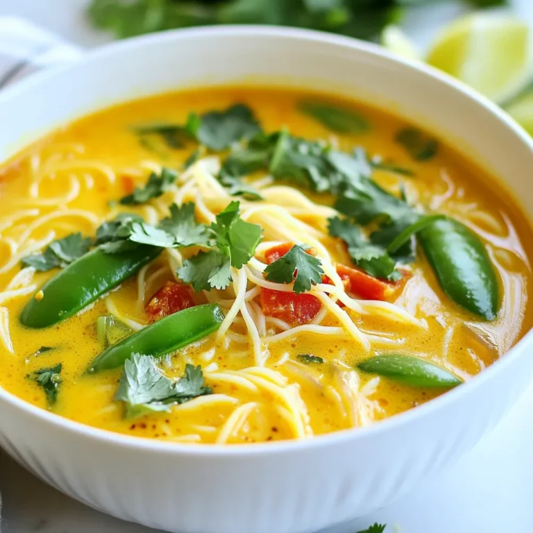 To make this Coconut Curry Noodle Soup, you need a few key items. Here’s what you should gather: - 1 tablespoon coconut oil - 1 onion, finely chopped - 2 garlic cloves, minced - 1-inch piece of ginger, grated - 2 tablespoons red curry paste - 1 can (400ml) coconut milk - 4 cups vegetable broth - 2 tablespoons soy sauce - 1 tablespoon lime juice - 1 tablespoon brown sugar - 200g rice noodles - 1 cup snap peas, trimmed - 1 red bell pepper, thinly sliced - 1 cup baby spinach - Fresh cilantro, for garnish - Lime wedges, for serving These ingredients create the rich and creamy base for the soup. The blend of coconut milk and red curry paste gives it a warm, spicy taste. You can elevate your soup with some fun toppings. Here are a few ideas: - Chopped green onions - Sliced jalapeños - Chopped peanuts - Extra lime wedges These toppings add extra flavor and texture. You can mix and match to find your favorite combo. If you don’t have all the ingredients, don’t worry! Here are some easy swaps: - Use vegetable oil instead of coconut oil. - Swap the rice noodles for any other noodle you like. - If you can’t find red curry paste, try yellow curry paste instead. - For a nut-free option, skip the garnishes with peanuts. These substitutions keep the dish tasty while making it easier to cook with what you have at home. {{ingredient_image_1}} To start, grab a large pot and heat 1 tablespoon of coconut oil over medium heat. Once hot, add 1 finely chopped onion. Sauté it for about 5 minutes until it turns soft and clear. Next, stir in 2 minced garlic cloves and a 1-inch piece of grated ginger. Cook this mix for 1 minute until it smells great. Now, add 2 tablespoons of red curry paste. Stir it for 2 minutes. This step boosts the flavor of the curry. Then, pour in 1 can of coconut milk and 4 cups of vegetable broth. Add 2 tablespoons of soy sauce, 1 tablespoon of lime juice, and 1 tablespoon of brown sugar. Mix it all well. Bring this mixture to a gentle simmer. Add 200g of rice noodles and cook them according to package directions, which takes about 4-6 minutes. In the last 2 minutes, toss in 1 cup of trimmed snap peas, 1 thinly sliced red bell pepper, and 1 cup of baby spinach. Stir everything together until the veggies are just tender. 1. Sauté onion: 5 minutes until soft. 2. Add garlic and ginger: 1 minute for aroma. 3. Cook curry paste: 2 minutes to deepen flavor. 4. Simmer broth: Until combined and heated. 5. Cook noodles: 4-6 minutes, follow package instructions. 6. Add veggies: Last 2 minutes for perfect tenderness. Following these times helps to keep flavors bright and fresh. - When sautéing, stir often to avoid burning. - Taste the broth before adding more spices. Adjust it according to your liking. - For a thicker soup, let it simmer a bit longer before adding noodles. - Fresh cilantro adds a nice touch at the end, so don’t skip it! These simple tips will help you create a Coconut Curry Noodle Soup that shines with flavor and warmth. To make your Coconut Curry Noodle Soup even better, try these tips: - Use fresh ingredients. Fresh herbs and spices boost flavor. Fresh ginger and garlic shine in this dish. - Adjust spice levels. If you want more heat, add a pinch of red pepper flakes. You can also use more red curry paste. - Add lime juice last. Squeeze fresh lime juice before serving. It brightens the soup and enhances the taste. - Experiment with toppings. Top your soup with chopped peanuts or sliced jalapeños. These add crunch and extra flavor. Here are some mistakes to watch for: - Overcooking noodles. Rice noodles cook fast. Follow package instructions to avoid mushy noodles. - Skipping the simmer. Let the soup simmer gently. This helps flavors blend well. - Not tasting as you go. Always taste your soup. Adjust the soy sauce or lime juice to your liking. Having the right tools makes cooking easier: - Large pot. Use a sturdy pot for cooking the soup. A heavy bottom helps with even heat. - Wooden spoon. This is great for stirring and mixing ingredients without scratching your pot. - Measuring cups and spoons. Accurate measurements help you create the best flavors. - Knife and cutting board. A good knife makes chopping easy and safe. A sturdy cutting board is essential for prep work. Pro Tips Use Fresh Ingredients: Fresh vegetables and herbs will enhance the flavor of your soup significantly. Look for vibrant snap peas and fresh cilantro for the best results. Adjust Spice Levels: If you prefer a spicier soup, add more red curry paste or a pinch of chili flakes to suit your taste. Make It Creamier: For an even creamier soup, you can add an extra can of coconut milk or a splash of heavy cream just before serving. Customize Your Veggies: Feel free to substitute or add any vegetables you have on hand, such as carrots, zucchini, or broccoli, to make the soup your own. {{image_2}} You can easily make Coconut Curry Noodle Soup vegan. Just skip the animal products. Replace the broth with vegetable broth. Use a plant-based red curry paste. This keeps all the flavors while being kind to animals. You can add more veggies like mushrooms or carrots for extra texture. For a heartier dish, add protein. Chicken works great. Just cook it in the pot before adding other ingredients. Shrimp cooks fast, so add it with the noodles. Tofu is a nice option, too. Use firm tofu for the best results. Cut it into cubes and add it with the veggies. This makes the soup filling and tasty. Rice noodles are classic, but you have choices. Try udon or egg noodles for a change. If you want gluten-free, use rice noodles or zucchini noodles. Each type brings a unique texture to the soup. Experiment to find your favorite combination! To keep Coconut Curry Noodle Soup fresh, let it cool first. Then, transfer it to an airtight container. Store it in the fridge for up to three days. Make sure to label the container with the date. This way, you know when to eat it. You can freeze your soup for later. Use a freezer-safe container or a zip-top bag. Leave some space at the top for expansion. Label it with the date. It can stay good in the freezer for up to three months. When you're ready to eat, thaw it in the fridge overnight. To reheat, pour the soup into a pot. Heat it on low to medium heat. Stir often to avoid burning. If the soup seems thick, add a splash of water or broth. You can also microwave it in a bowl. Cover it with a paper towel. Heat in short bursts until hot. Enjoy your warm and tasty soup! Coconut Curry Noodle Soup comes from Southeast Asia. It blends flavors from Thai and Malaysian foods. This dish uses coconut milk, curry paste, and fresh herbs. It is warm, creamy, and rich in taste. Many cultures have their own versions. Each version adds unique ingredients and spices. Yes, you can make this soup gluten-free. Use gluten-free soy sauce or tamari instead of regular soy sauce. Also, ensure the rice noodles are gluten-free. Most rice noodles are safe, but check the package. This way, you keep all the great flavors without gluten. To change the spice level, you have a few options. If you want it milder, reduce the amount of red curry paste. Start with one tablespoon and add more if needed. For more heat, add fresh chili or extra curry paste. Taste as you go to find your perfect level. You can enjoy this soup on its own or with sides. Fresh spring rolls make a great pair. You can also serve it with a light salad. A squeeze of lime on top adds a nice touch. Consider adding crusty bread for dipping too. Coconut Curry Noodle Soup lasts about 3 to 4 days in the fridge. Store it in an airtight container to keep it fresh. The noodles may soak up the broth over time. If this happens, just add a bit of broth when reheating. Coconut Curry Noodle Soup brings together essential flavors and textures. We covered ingredients, step-by-step cooking, and ways to customize your dish. Remember to watch for common mistakes and to choose the right tools. You can adapt this soup to fit any diet. Proper storage keeps leftovers tasty, and reheating is easy. Enjoy exploring this recipe and make it your own! Your kitchen is a place for fun and flavor.