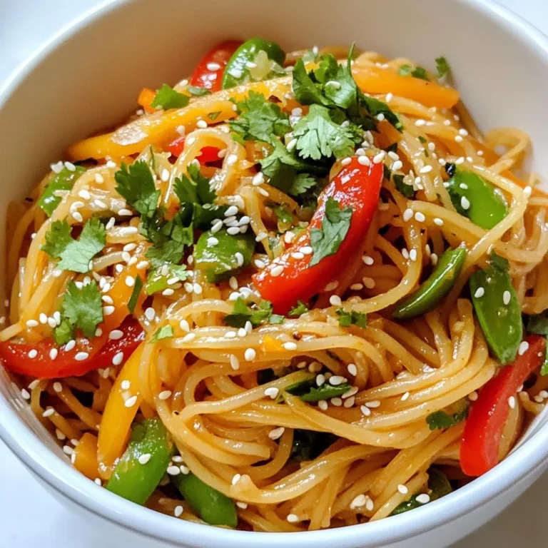 For the Spicy Garlic Noodle Stir-Fry, you will need: - 8 oz. rice noodles - 2 tablespoons vegetable oil - 4 cloves garlic, minced - 1 teaspoon ginger, grated - 1 red bell pepper, sliced - 1 cup sugar snap peas - 2 green onions, chopped - 3 tablespoons soy sauce - 1 tablespoon sriracha (adjust to taste) - 1 tablespoon sesame oil - Sesame seeds for garnish - Fresh cilantro for garnish These ingredients create a colorful and tasty dish that bursts with flavor. If you need to swap ingredients, here are some ideas: - Use any noodles you like, such as egg noodles or udon. - Swap vegetable oil for olive oil or peanut oil. - For garlic lovers, add more garlic for extra flavor. - If you don’t have sriracha, try hot sauce or chili paste. - Replace red bell pepper with yellow or green peppers. These substitutions keep the dish delicious while fitting your pantry. Using fresh ingredients enhances the taste of your dish. Fresh garlic and ginger give a strong flavor. Fresh veggies add crunch and color. However, dried or pre-minced options can save time. Just remember, fresh tends to be tastier. If you use dried ginger or garlic, start with less. Adjust as you taste. Now you have all the details you need to gather your ingredients and start cooking! {{ingredient_image_1}} To start, cook the rice noodles. Follow the instructions on the package. Usually, it takes about 5-7 minutes. Drain them well and set them aside. Make sure they don't stick together. A little oil can help if needed. Next, grab a large wok or skillet. Heat 2 tablespoons of vegetable oil over medium-high heat. Add 4 minced cloves of garlic and 1 teaspoon of grated ginger. Sauté these for about 30 seconds until they smell great. Then, toss in 1 sliced red bell pepper and 1 cup of sugar snap peas. Stir-fry these for about 3-4 minutes. They should soften but still stay crisp. Now, it's time to mix everything. Add the cooked rice noodles to the pan. Stir to combine them with the vegetables. Pour in 3 tablespoons of soy sauce, 1 tablespoon of sriracha, and 1 tablespoon of sesame oil. Mix well so the noodles soak up the sauce. Continue to stir-fry for another 2-3 minutes. Everything should be hot and mingled well. Finally, fold in 2 chopped green onions. Transfer your stir-fry to a serving dish. Garnish with sesame seeds and fresh cilantro for that extra touch. Enjoy your meal! To boost the heat, use more sriracha or add red pepper flakes. You can also try fresh chili peppers. Slice them thin and mix them in. For a smoky flavor, add chipotle powder. Adjust the amount based on your taste. You want a balance that excites your palate. For the best texture, cook the rice noodles just right. Follow the package instructions closely. Drain them thoroughly to avoid sogginess. Rinse them with cold water after draining. This stops the cooking process and keeps them firm. Toss the noodles with a little oil to prevent sticking. Use a hot wok for great stir-frying. Heat the oil until it shimmers. Add garlic and ginger for a quick sizzle. Keep stirring to avoid burning. Add your veggies in batches. This keeps them crisp and colorful. Don’t overcrowd the pan; it can lead to steaming instead of frying. Stir quickly for even cooking and flavor mixing. Pro Tips Cook Noodles Al Dente: To prevent the noodles from becoming mushy, cook them just until they are al dente. They will continue to cook slightly when stir-fried. Customize Spice Level: Adjust the amount of sriracha based on your heat preference. You can also add fresh chilies for an extra kick. Add Protein: For a more filling meal, consider adding protein like tofu, chicken, or shrimp. Cook them before adding the vegetables. Fresh Herbs Make a Difference: Garnish with freshly chopped cilantro or basil for added flavor and freshness in every bite. {{image_2}} You can easily add protein to your spicy garlic noodle stir-fry. Chicken, tofu, and shrimp are great choices. If you use chicken, cut it into small pieces and cook it first. Sauté the chicken in the wok until it turns golden brown. Then, add garlic and ginger as you normally would. For tofu, use firm or extra-firm tofu. Cube it and pan-fry until it's crispy. Shrimp cooks fast, so add it right before the noodles. Cook until it turns pink and opaque. Feel free to swap or add vegetables to your stir-fry. You can use broccoli, carrots, or bok choy. These veggies add color and crunch. If you want a touch of sweetness, try adding baby corn or snap peas, just like in the recipe. Make sure to cut the veggies into bite-sized pieces. This helps them cook evenly and blend well with the noodles. If you need a gluten-free option, substitute regular soy sauce with tamari. Tamari tastes just as good and is safe for gluten-free diets. You can also look for gluten-free rice noodles. They work perfectly in this dish. Just follow the cooking instructions on the package. Enjoy your spicy garlic noodle stir-fry with these simple swaps! After a tasty meal, let the Spicy Garlic Noodle Stir-Fry cool. Use a clean, airtight container. Store the noodles in the fridge for up to three days. If you leave them out too long, they can spoil. Always check for any odd smells or colors before eating leftovers. To reheat, use a pan on medium heat. Add a splash of water or oil to prevent sticking. Stir the noodles for about five minutes. You can also use a microwave. Heat in short bursts, stirring every 30 seconds. This helps keep the noodles moist and tasty. You can freeze this dish if you want it later. Use a freezer-safe container, leaving space at the top. The noodles can stay good for up to a month. When you are ready to eat, thaw them in the fridge overnight. Reheat as mentioned above for the best taste. Rice noodles work best for stir-fry. They cook quickly and soak up flavors well. You can also use egg noodles or udon if you prefer a chewier texture. Each type offers a unique taste and feel, so choose based on your liking. Yes, you can easily make this dish vegetarian. Use vegetable oil and replace any meat with tofu or extra veggies. This keeps the dish flavorful and satisfying. You can also add more protein by including edamame or chickpeas. You can adjust the spice level by changing the amount of sriracha. Start with less if you prefer mild heat. Taste as you go, and add more if you want it spicier. You can also add red pepper flakes for an extra kick. This article covered tasty ingredients, step-by-step cooking, and useful tips for stir-frying. I shared ways to substitute ingredients and different noodle types. You learned how to enhance flavors and make your dish unique with protein and veggies. When storing leftovers, remember the best methods for freezing and reheating. Use this guide to create delicious meals. Cooking can be fun with the right approach and knowledge. Enjoy your tasty stir-fry adventure!