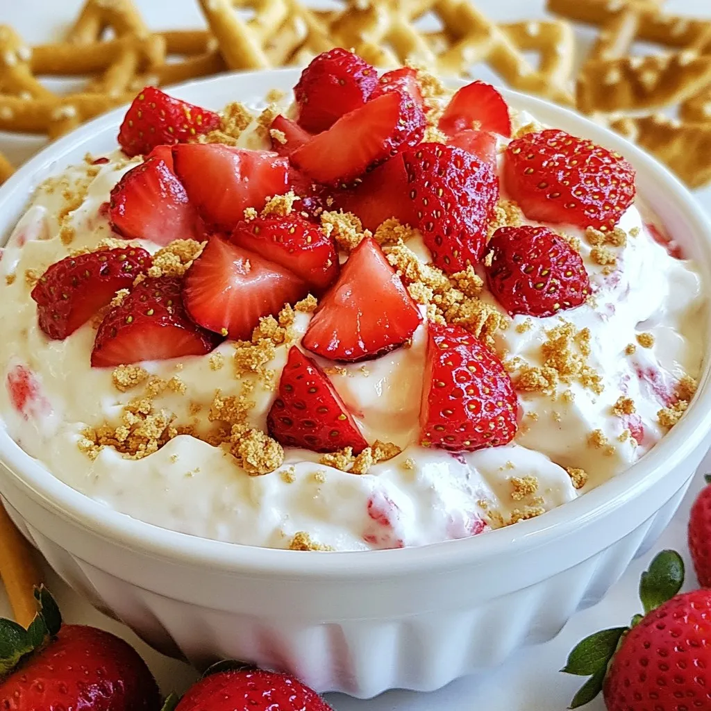 - 1 cup cream cheese, softened - 1/2 cup powdered sugar - 1 teaspoon vanilla extract - 1/2 cup sour cream - 1 cup fresh strawberries, diced (plus extra for garnish) - 1/4 cup crushed graham crackers (plus extra for garnish) Make sure your cream cheese is soft. It helps blend smoothly. Use a measuring cup for the sugar and sour cream to get exact amounts. Fresh strawberries add the best flavor, so choose ripe ones. For the graham crackers, crush them to small pieces for a nice crunch. You can add more or less sugar based on your taste. If you want a lighter dip, try using Greek yogurt instead of sour cream. For a dairy-free option, use vegan cream cheese. You can swap strawberries for other fruits like blueberries or raspberries. If you like a sweeter dip, add a bit more powdered sugar. For a twist, try adding a splash of lemon juice for some zing. {{ingredient_image_1}} To make this dip, start with simple steps. First, you need to gather your ingredients. You will need: - 1 cup cream cheese, softened - 1/2 cup powdered sugar - 1 teaspoon vanilla extract - 1/2 cup sour cream - 1 cup fresh strawberries, diced - 1/4 cup crushed graham crackers Next, take the cream cheese out of the fridge. Let it sit for a few minutes to soften. This helps it mix better. You can also prepare the strawberries by washing and dicing them into small pieces. Now, let’s mix everything together. In a mixing bowl, beat the softened cream cheese with an electric mixer. Mix it until it’s smooth and creamy. Gradually add the powdered sugar. Keep mixing until it is well combined. Remember to scrape down the sides of the bowl to mix everything evenly. Next, add the vanilla extract and sour cream. Blend these until the mixture is light and fluffy. Once everything is mixed, gently fold in the diced strawberries. You want to spread them throughout the dip without smashing them. Now, add the crushed graham crackers. This adds that classic cheesecake crunch. Fold them in carefully. Your dip is almost ready! Transfer it to a serving bowl and smooth the top. It’s time to serve your dip! Before serving, chill it in the fridge for at least 30 minutes. This helps the flavors mix well. When you are ready to serve, garnish with extra diced strawberries and a sprinkle of crushed graham crackers on top. For a fun presentation, serve with an assortment of dippers. You can use graham crackers, pretzel sticks, chocolate wafers, or fresh fruit. This makes your dip look colorful and inviting! Enjoy your tasty Strawberry Cheesecake Dip with friends and family. - Use soft cream cheese for a smooth dip. - Mix gently when adding strawberries. This keeps their shape. - Chill the dip for at least 30 minutes. It helps the flavors blend. - Serve with a variety of dippers for fun and flavor. - Don’t skip the sour cream. It adds creaminess and tang. - Avoid over-mixing the strawberries. You want bites of fruit. - Don’t forget to chill before serving. Warm dip is not as tasty. - Use fresh strawberries. Frozen berries may make the dip watery. - Choose ripe strawberries for natural sweetness. - Use fresh vanilla extract instead of imitation. It makes a big difference. - Add a pinch of salt. It enhances all the sweet flavors. - Experiment with flavored graham crackers. They can add a fun twist. Pro Tips Use Room Temperature Ingredients: Allow your cream cheese and sour cream to come to room temperature before mixing. This ensures a smoother, creamier dip without lumps. Fresh Strawberries for the Win: Always opt for fresh strawberries for a vibrant flavor and texture. Frozen strawberries may make the dip watery. Customize Your Dippers: Get creative with dippers! Try using chocolate-covered pretzels, fresh apple slices, or even vanilla wafers for an exciting twist. Let It Chill: Chilling the dip for at least 30 minutes allows the flavors to meld beautifully, enhancing the overall taste. {{image_2}} You can change the flavor of your dip easily. Try using different fruits. Blueberries, raspberries, or peaches work well. Each fruit gives a new taste. You can also add chocolate. Use cocoa powder or melted chocolate for a rich twist. For a fun twist, mix in a bit of lemon zest. It adds brightness. If you want to make this dip healthier, swap some ingredients. Use Greek yogurt instead of sour cream. It adds protein and tang. For a lower sugar option, use a sugar substitute. Just make sure it can be used in baking. If you're vegan, use dairy-free cream cheese. You can also use coconut cream for a rich flavor. Serve your dip with fun dippers. Graham crackers are classic, but try chocolate wafers, too. Pretzel sticks give a salty crunch. Fresh fruit like apple slices or banana pieces are great too. For a fancy touch, use mini jars for individual servings. This makes it look special at parties. You can also layer the dip in a clear bowl for a pretty display. Store your leftover strawberry cheesecake dip in an airtight container. Make sure the lid seals tightly. This keeps the dip fresh and tasty. Always chill it in the fridge. If you have extra strawberries or graham crackers, store them separately. This way, they stay fresh and crunchy. The dip lasts for about three to five days in the fridge. After that, it may lose its texture and taste. Always check for any off smells or changes in color before eating. If it looks or smells funny, toss it out. You want to enjoy every bite! You do not need to reheat this dip. It tastes best cold. If you want to enjoy it warm, gently heat it in a microwave. Use a low setting for short bursts. Stir it often to avoid hot spots. Remember, heating may change the texture, so be careful! You can serve this dip with many tasty dippers. Here are some great options: - Graham crackers - Pretzel sticks - Chocolate wafers - Fresh fruit like apple slices or banana chunks These dippers add flavor and fun. The crunch of the graham crackers works well with the creamy dip. Mixing sweet and salty flavors makes each bite exciting. Yes, you can make this dip ahead of time. This is great for parties or gatherings. To keep it fresh, store it in an airtight container. You can chill it in the fridge for up to two days. Just remember to give it a quick stir before serving. This dip tastes best when chilled for at least 30 minutes, so plan ahead! This recipe may not fit all diets. It contains cream cheese and sour cream, which are dairy products. For a dairy-free option, use plant-based cream cheese and yogurt. You can also use gluten-free graham crackers for those with gluten sensitivities. Always check labels to ensure they fit your dietary needs. This post covered all the steps to make Strawberry Cheesecake Dip. We talked about ingredients, their amounts, and some alternatives. I shared easy steps for prep and mixing. You learned tips to avoid mistakes and enhance flavor. We explored tasty variations and how to store leftovers correctly. Now, you can enjoy a fun treat that pleases everyone. Remember, making this dip can be simple and fun with the right approach. Enjoy trying out new ideas, and share your results!