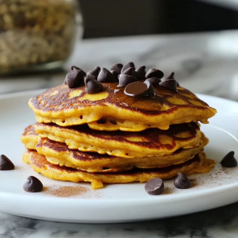- 1 cup all-purpose flour - 1 cup canned pumpkin puree - 1/2 cup milk (any type) - 2 large eggs - 2 tablespoons granulated sugar - 2 teaspoons baking powder - 1 teaspoon cinnamon - 1/2 teaspoon nutmeg - 1/4 teaspoon salt - 1/2 cup semi-sweet chocolate chips - 2 tablespoons melted butter (plus extra for cooking) To make these pancakes, you need some basic ingredients. The flour gives structure, while pumpkin adds moisture and flavor. Milk helps blend everything together. Eggs bind the mix and add fluffiness. Sugar adds sweetness. Baking powder makes the pancakes rise. Cinnamon and nutmeg provide warmth and spice. Salt balances the flavors. Chocolate chips bring a sweet touch. - Use whole wheat flour for a healthier option - Substitute almond milk for a dairy-free version - Alternatives to granulated sugar You can swap out all-purpose flour for whole wheat flour. This change adds fiber and nutrients. If you want a dairy-free option, almond milk works well. It keeps the flavor and texture. For sweetness, you can use honey or maple syrup instead of granulated sugar. Each choice changes the taste slightly but keeps the pancakes delicious. - Calories per serving: Approximately 250 calories - Macronutrient breakdown (protein, fats, carbohydrates): - Protein: 6g - Fat: 10g - Carbohydrates: 34g Each serving of these pancakes gives you about 250 calories. They hold around 6 grams of protein, 10 grams of fat, and 34 grams of carbs. The pumpkin adds vitamins and minerals, making these pancakes not just tasty but also a bit healthy. Enjoy them guilt-free on your weekend mornings! {{ingredient_image_1}} Start by mixing the dry ingredients. In a big bowl, whisk together: - 1 cup all-purpose flour - 2 tablespoons granulated sugar - 2 teaspoons baking powder - 1 teaspoon cinnamon - 1/2 teaspoon nutmeg - 1/4 teaspoon salt Next, mix the wet ingredients in another bowl. Combine: - 1 cup canned pumpkin puree - 1/2 cup milk - 2 large eggs - 2 tablespoons melted butter Now, pour the wet mix into the dry mix. Stir gently until just combined. It’s okay if the batter is a little lumpy. Overmixing can lead to tough pancakes, so be careful here. Preheat your non-stick skillet over medium heat. Add a little melted butter to coat the surface. To know if it's ready, sprinkle a drop of water on the skillet. If it sizzles, you’re good to go! Pour 1/4 cup of batter onto the skillet for each pancake. Cook for about 3-4 minutes. Look for bubbles forming on the surface and edges that look set. This means it's time to flip! Cook for another 2-3 minutes until golden brown. Serve the pancakes warm with your favorite toppings. I suggest maple syrup and whipped cream. You can also sprinkle more chocolate chips on top for extra sweetness. For portion sizes, 2-3 pancakes per person works well, depending on how hungry you are! To get the best pancakes, use a non-stick skillet. This helps prevent sticking. Add a little melted butter before cooking each pancake. This adds flavor and ensures a golden crust. Make sure your skillet is at medium heat. If it’s too hot, the pancakes will burn. Look for bubbles forming on top; this means it’s time to flip. A common mistake is overmixing the batter. This makes pancakes tough instead of fluffy. Mix gently until the ingredients just come together. Another mistake is not preheating the skillet. A cold skillet will result in uneven cooking. Always test the heat by sprinkling a few drops of water. If they sizzle and dance, your skillet is ready. To make these pancakes even better, add spices. A dash of ginger or a hint of cloves can boost the taste. You can also add extracts like vanilla for extra depth. For a crunchy texture, mix in nuts or seeds. Walnuts or pecans work well with the pumpkin. This gives your pancakes a delightful twist. Pro Tips Use Fresh Ingredients: Ensure your baking powder is fresh for the best rise and fluffiness in your pancakes. Don't Overmix: Mixing the batter until just combined helps keep your pancakes light and airy. Temperature Matters: Preheat your skillet properly; too hot can burn the pancakes, while too cool can make them soggy. Serve Immediately: Pancakes are best served fresh off the griddle for optimal texture and flavor. Keep them warm in the oven while you cook the rest. {{image_2}} You can change up the flavors in your chocolate chip pumpkin pancakes. Try adding spices like ginger or cloves. These spices bring warmth and depth to the dish. You can also swap out semi-sweet chocolate chips for white or dark chocolate. Each option offers a unique twist, making your pancakes even more delightful. If you need gluten-free pancakes, use a gluten-free flour blend instead of all-purpose flour. This swap keeps the pancakes tasty and light. For a vegan option, replace eggs with flax eggs and use plant-based milk. These changes ensure everyone can enjoy these pancakes without missing out. To give your pancakes a festive touch, add fresh cranberries. Their tartness pairs well with the sweet pumpkin flavor. You can also explore pumpkin spice blends, which heighten the seasonal taste. If you prefer a classic flavor profile, stick to just cinnamon and nutmeg for a simpler pancake. Each variation allows you to celebrate different seasons with your pancakes. To keep your pancakes fresh, store them in an airtight container. Place parchment paper between layers to avoid sticking. Refrigerate if you plan to eat them within a few days. For longer storage, freeze your pancakes. Lay them flat in a single layer on a baking sheet for an hour. Once frozen, stack them in a freezer bag. This way, they won’t stick together. You can reheat pancakes in several ways. Use a microwave for quick heating. Place pancakes on a microwave-safe plate and cover with a damp paper towel. Heat for about 20-30 seconds. For crispier pancakes, use a skillet. Heat a little butter in the skillet and add pancakes, cooking for 1-2 minutes on each side. This keeps them soft inside while making the outside nice and warm. In the fridge, your pancakes stay fresh for about 3-4 days. If you freeze them, they can last for up to 2 months. Check for mold or unusual smells to know if they are spoiled. If they feel hard or dry, it’s best to toss them. Always trust your senses when deciding to eat leftovers. To make pancakes fluffy, you need to mix ingredients carefully. Follow these tips: - Use the right ratios: 1 cup of flour to 1 cup of pumpkin puree is key. - Mix dry and wet ingredients separately before combining them. - Stir gently until just combined; a few lumps are okay. - Avoid overmixing, as this can make the pancakes tough. Fluffy pancakes come from the right mixing technique and ingredient balance. Yes, you can prepare the batter in advance. Here are some best practices for batter storage: - Store the batter in an airtight container. - Keep it in the fridge for up to 24 hours. - Give the batter a gentle stir before cooking, as it may thicken. Preparing the batter ahead saves time on busy mornings. You can serve these pancakes with various delicious options. Here are some ideas: - Maple syrup enhances the sweetness. - Fresh fruit, like berries or bananas, adds brightness. - A side of bacon or sausage gives a savory touch. - Coffee or warm milk pairs well with the flavors. These options make your breakfast even more delightful! We covered the best ingredients for Chocolate Chip Pumpkin Pancakes, how to make them, and tips to enhance your dish. Substitutions can fit any diet. Remember, avoid overmixing your batter and preheat your skillet for perfect pancakes. You can also store leftovers well for future meals. Enjoy experimenting with flavors and toppings to create your favorite version. With these easy steps, delicious pancakes will be just a flip away.