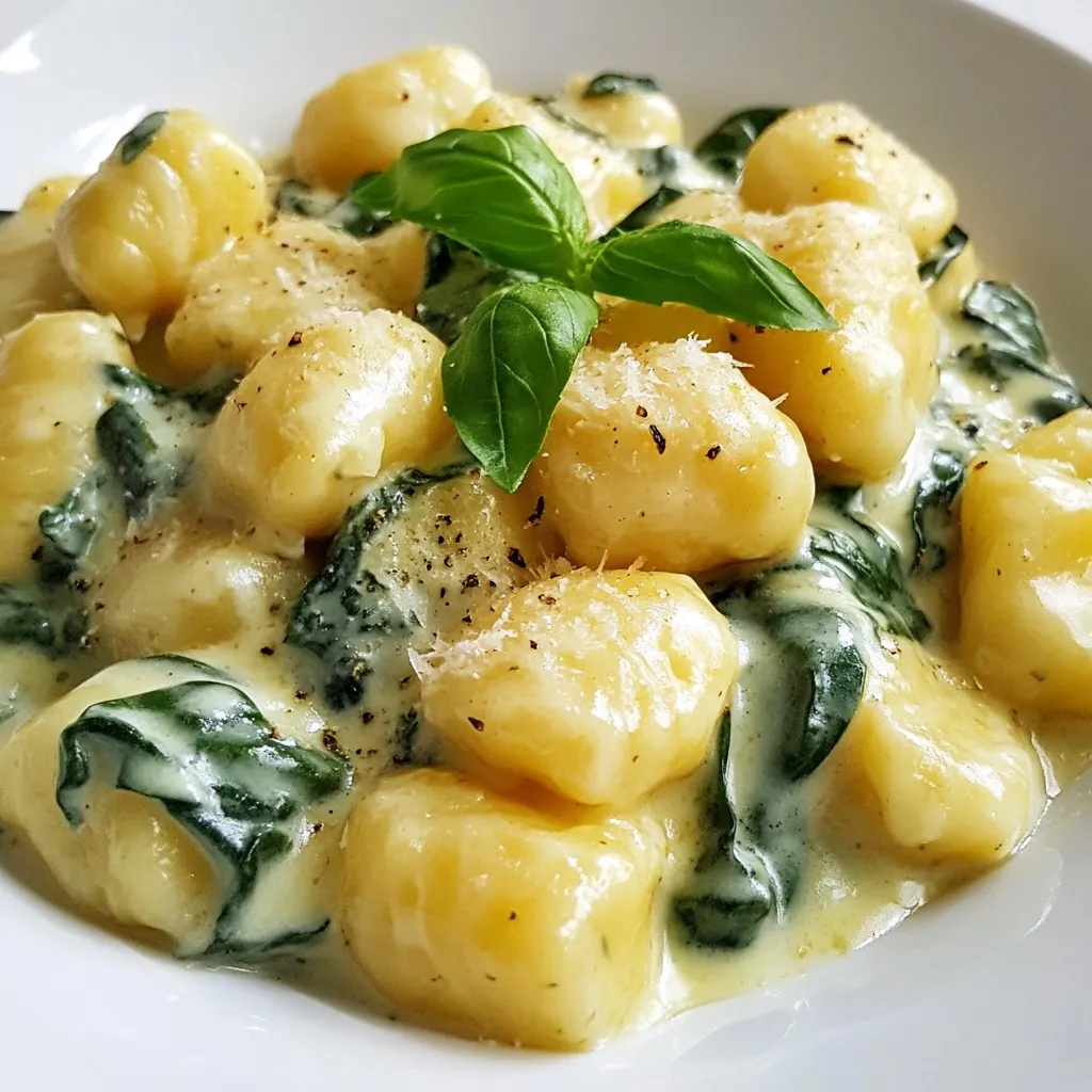 To make creamy Parmesan spinach gnocchi, gather these simple items: - 1 pound potato gnocchi - 2 cups fresh spinach, chopped - 1 cup heavy cream - 1 cup grated Parmesan cheese - 2 tablespoons unsalted butter - 2 cloves garlic, minced - 1 teaspoon onion powder - ½ teaspoon nutmeg - Salt and pepper to taste - Fresh basil leaves for garnish Choosing the right ingredients is key to a great dish. Here are some tips: - Potato Gnocchi: Look for gnocchi made from real potatoes. Check the label for quality. - Fresh Spinach: Select vibrant green spinach. Avoid any wilting or browning leaves. - Heavy Cream: Use pure heavy cream for the best richness and texture. - Parmesan Cheese: Grate fresh Parmesan instead of using pre-grated options. It tastes better! - Garlic: Choose firm, fresh garlic for a strong flavor. Avoid any that feels soft. This recipe serves about four people. Each serving is rich and filling. You can adjust the amount based on your needs. If you want leftovers, it’s great for lunch the next day! {{ingredient_image_1}} First, fill a large pot with water. Make sure to add salt to the water. Bring it to a boil over high heat. Once boiling, add 1 pound of potato gnocchi. Cook the gnocchi until they float to the top. This takes about 2 to 3 minutes. When they float, they are done! Drain the gnocchi in a colander and set them aside. Next, grab a large skillet and melt 2 tablespoons of unsalted butter over medium heat. Once the butter is melted, add 2 cloves of minced garlic. Sauté the garlic for about 1 minute. Keep an eye on it, so it doesn’t brown. After that, toss in 2 cups of chopped fresh spinach. Cook the spinach for 2 to 3 minutes until it wilts. Now, pour in 1 cup of heavy cream and stir to mix. Add 1 teaspoon of onion powder, ½ teaspoon of nutmeg, and salt and pepper to taste. Let this simmer for another 2 to 3 minutes until the sauce thickens a bit. Finally, stir in 1 cup of grated Parmesan cheese. Keep stirring until the cheese fully melts into the sauce. Now, it’s time to bring it all together! Add the cooked gnocchi into the creamy spinach sauce. Toss gently to coat each piece of gnocchi. Let everything cook together for an extra 2 minutes. This helps the flavors blend well. Once done, remove from heat. Serve the dish right away. Don’t forget to garnish with fresh basil leaves for a pop of color and flavor! To make perfect gnocchi, choose the right type. Use potato gnocchi, as it gives a soft texture. Cook them in boiling water until they float. This usually takes 2-3 minutes. Don't overcook them; they should be tender but not mushy. Drain them well to avoid a watery dish. Tossing them gently in the creamy sauce helps keep their shape. To boost the taste, use fresh ingredients. Mince garlic finely for a strong flavor. Sauté it in butter until fragrant, but avoid browning it. Add chopped spinach next, letting it wilt. This brings out its natural sweetness. Nutmeg adds warmth, while onion powder enhances depth. Always taste and adjust salt and pepper to your liking. Pairing is key for a great meal. A crisp white wine, like Sauvignon Blanc, works well with this dish. Its acidity cuts through the creaminess. For side dishes, a fresh salad with lemon dressing complements the meal. Garlic bread also makes a tasty addition. These options balance the rich flavors of the creamy gnocchi. Pro Tips Use Fresh Ingredients: Fresh spinach and high-quality Parmesan cheese make a significant difference in flavor and creaminess, enhancing the overall dish. Don’t Overcook the Gnocchi: Since gnocchi cooks quickly, keep an eye on them. They are ready when they float to the top, usually in 2-3 minutes. Customize the Sauce: Feel free to add other ingredients such as sun-dried tomatoes, mushrooms, or chicken for added flavor and texture. Garnish for Presentation: Fresh basil not only adds color but also a burst of freshness. Consider adding a drizzle of olive oil for an extra touch. {{image_2}} You can make this dish heartier by adding protein. Chicken, shrimp, or tofu work well. For chicken, cook diced pieces in the skillet until golden. For shrimp, add them after the garlic and cook until pink. If you prefer tofu, use firm tofu and sauté it until crisp. Each option adds great flavor and texture. If you need a dairy-free option, swap heavy cream with coconut milk or a nut milk. Use nutritional yeast instead of Parmesan for that cheesy taste. You can also find dairy-free cheese that melts well. These swaps keep the dish creamy and delicious without dairy. Adding veggies boosts nutrition and taste. Mushrooms add a nice earthiness. Sauté sliced mushrooms with garlic until soft before adding spinach. Peas add a sweet pop of color and flavor. Toss them in when you add the cream. Feel free to experiment with other veggies, like bell peppers or zucchini. Each adds its own unique twist. Store your creamy Parmesan spinach gnocchi in an airtight container. This keeps moisture in and prevents it from drying out. Place it in the fridge within two hours of cooking. It will last for about three days. When you're ready to enjoy it again, check for any changes in smell or texture before reheating. To freeze this dish, let it cool completely. Then, scoop it into freezer bags. Remove as much air as possible to avoid freezer burn. Label the bags with the date. It can stay good for up to three months. When you want to eat it, thaw it overnight in the fridge. This method keeps the flavors fresh. For reheating, the stovetop is best. Place the gnocchi in a skillet over medium heat. Add a splash of cream or water to help it heat evenly. Stir gently until it warms through. This keeps the sauce creamy and delicious. You can also use a microwave, but stir every minute to avoid hot spots. It takes about 20 minutes to make this dish. The prep time is 10 minutes. Cooking the gnocchi and sauce only takes another 10 minutes. This recipe is quick and easy, perfect for a busy night. Yes, you can use frozen gnocchi. Just cook them according to the package directions. Frozen gnocchi works well and saves time. They taste great in the creamy sauce, too. You can use milk or a dairy-free cream. If you want a lighter option, use half-and-half. For a vegan choice, try coconut cream or cashew cream. These options still give a rich flavor and creamy texture. This blog post covered key points for making Creamy Parmesan Spinach Gnocchi. We explored the right ingredients and how to pick the best ones. I shared step-by-step instructions to help you cook and serve this dish. Tips on perfecting texture and adding flavors will elevate your meal. You can also try variations with proteins and veggies. Finally, I provided storage and reheating advice for your leftovers. Enjoy your cooking journey and savor the tasty results!