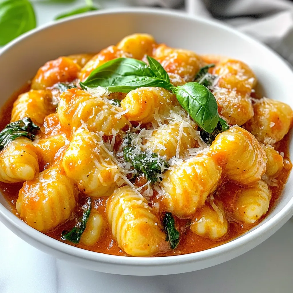 To make creamy tomato spinach gnocchi, gather these ingredients: - 1 pound gnocchi - 2 tablespoons olive oil - 3 cloves garlic, minced - 1 can (14 ounces) diced tomatoes - 1 cup heavy cream - 2 cups fresh spinach - 1 teaspoon Italian seasoning - Salt and pepper to taste - 1/2 cup grated Parmesan cheese - Fresh basil leaves for garnish You can add some fun extra ingredients for more flavor: - A pinch of red pepper flakes for heat - 1/2 cup mushrooms, sliced - 1/4 cup sun-dried tomatoes, chopped - A squeeze of lemon juice for brightness If you don’t have something on hand, you can swap some ingredients: - Use half-and-half instead of heavy cream for a lighter sauce. - Substitute fresh spinach with kale or Swiss chard. - Use any cheese you like instead of Parmesan, such as feta or mozzarella. - For a vegan option, replace cream with coconut milk and use vegan cheese. These tips help you make this dish your own! {{ingredient_image_1}} Start by boiling water in a large pot. Add a good amount of salt to the water. When it bubbles, add 1 pound of gnocchi. Cook it just until the gnocchi floats, about 2-4 minutes. This shows they are done. Drain the gnocchi and set it aside for later. In a large skillet, heat 2 tablespoons of olive oil over medium heat. Add 3 cloves of minced garlic and cook for about 1 minute. You want it fragrant, not burnt. Then, pour in a can of diced tomatoes, including the juice. Stir in 1 cup of heavy cream. Let this simmer for 3-4 minutes. Stir it occasionally to blend the flavors well. Next, add 2 cups of fresh spinach and 1 teaspoon of Italian seasoning. Cook until the spinach wilts, which takes about 2-3 minutes. Taste the sauce and season with salt and pepper as needed. Now it’s time to bring it all together. Gently fold the cooked gnocchi into the creamy sauce. Make sure each piece is well coated. Stir in 1/2 cup of grated Parmesan cheese until it melts into the sauce. Adjust the seasoning if you need to. Serve this dish hot, and don’t forget to garnish with fresh basil leaves for a touch of color and flavor. Enjoy your meal! To prevent soggy gnocchi, start with a big pot of boiling salted water. This helps keep the gnocchi firm. Cook the gnocchi just until they float. This usually takes 2-4 minutes. If they cook too long, they can become mushy. Drain them right away, and do not rinse. Rinsing washes away the starch that helps the sauce stick. For creamy sauces, always use medium heat. High heat can cause the cream to separate. Start by sautéing garlic in olive oil until it smells great. Then, add diced tomatoes and heavy cream together. Stir often and simmer for a few minutes. This lets the flavors blend well. To finish, fold in cheese for extra creaminess. Store leftover creamy tomato spinach gnocchi in an airtight container. Keep it in the fridge for up to three days. When ready to eat, reheat it gently on the stove. Add a splash of water or cream to help loosen the sauce. Heat until warm, and enjoy! Pro Tips Use Fresh Ingredients: Opt for fresh spinach and high-quality canned tomatoes for the best flavor in your dish. Don’t Overcook Gnocchi: Keep an eye on the gnocchi while cooking; they only need a few minutes until they float to the surface. Adjust Creaminess: For a lighter sauce, you can substitute half of the heavy cream with vegetable or chicken broth. Garnish for Flavor: Fresh basil not only adds a pop of color but also enhances the overall flavor of the dish. {{image_2}} If you want a vegetarian version, skip the cheese. Use plant-based cream instead of heavy cream. This keeps the dish creamy and tasty. You can add more veggies like bell peppers or zucchini. They add great flavor and texture. If you want a vegan option, use a dairy-free cheese. Nutritional yeast can also give a cheesy taste without dairy. For those who like protein, adding chicken or shrimp works well. Cook bite-sized pieces of chicken in the olive oil until brown. Then, follow the same steps for the sauce. If using shrimp, add them to the sauce when it’s simmering. They cook quickly and soak up the flavors. Both options add heartiness to the dish. If you like spice, add red pepper flakes to the sauce. You can also toss in fresh chili peppers for more heat. For added nutrition, consider mixing in broccoli or peas. They blend nicely with the creamy sauce. Adjust the seasonings to match your taste. After you make your creamy tomato spinach gnocchi, let it cool first. Store it in an airtight container. It will stay fresh for about 3 days in the fridge. To reheat, use a skillet over low heat. Add a splash of water or cream to keep it moist. If you want to save some for later, freezing is easy. First, let it cool completely. Then, place it in a freezer-safe container. You can freeze it for up to 3 months. When you're ready to eat, thaw it in the fridge overnight. Reheat it in a pan or the microwave. Use glass or plastic containers with tight lids for storing. They keep the flavors in and air out. Avoid metal containers, as they can alter the taste. If you freeze it, use freezer bags that seal well to save space. Cooking gnocchi takes about 2 to 4 minutes. You should add the gnocchi to boiling salted water. They will float when done. Floating means they are ready to drain. Yes, you can use store-bought gnocchi. It saves time and tastes great. Just follow the cooking instructions on the package. Fresh or frozen gnocchi work well for this recipe. Yes, this recipe is great for meal prep. You can cook the gnocchi and sauce ahead of time. Store them separately in the fridge. When ready to eat, just reheat them together in a skillet. This blog post covered how to make creamy tomato spinach gnocchi. We went through the key ingredients, cooking steps, and helpful tips. You learned about variations for different diets and how to store leftovers. Cooking does not need to be hard. With these methods, you can enjoy delicious meals easily. Try new flavors and make the dish your own. Cooking can be fun, and your taste buds will thank you!