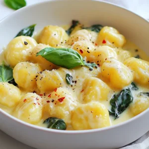 To make creamy garlic gnocchi, you need a few simple ingredients. They come together to create a delicious dish that everyone will love. Here is the list of ingredients you will need: - 1 pound potato gnocchi - 2 tablespoons olive oil - 4 cloves garlic, minced - 1 cup heavy cream - 1 cup vegetable broth - 1 cup grated parmesan cheese - 1 cup baby spinach - 1 teaspoon crushed red pepper flakes (optional) - Salt and pepper to taste - Fresh basil leaves for garnish Each ingredient plays a key role in the dish. The potato gnocchi serves as the base, giving it a soft and chewy texture. Olive oil adds richness and depth. Minced garlic brings a fantastic aroma and flavor. Heavy cream creates a smooth and creamy sauce, while vegetable broth adds more taste. Grated parmesan cheese gives a savory touch, and baby spinach adds color and nutrients. Crushed red pepper flakes can bring a hint of heat. Finally, salt and pepper enhance all the flavors. Fresh basil leaves make the dish look beautiful and add a fresh finish. This combination makes creamy garlic gnocchi a savory and simple delight. {{ingredient_image_1}} First, bring a large pot of salted water to a boil. Use enough water to let the gnocchi float freely. Add the gnocchi to the boiling water. Cook them until they float to the top. This usually takes about 2 to 3 minutes. Once they rise, drain the gnocchi in a colander. Set them aside while you prepare the sauce. In a large skillet, heat 2 tablespoons of olive oil over medium heat. Add 4 cloves of minced garlic. Sauté the garlic for about 1 minute until it smells good but does not burn. Next, pour in 1 cup of heavy cream and 1 cup of vegetable broth. Stir the mixture well and let it simmer for about 5 minutes. This helps the sauce thicken a bit. After simmering, stir in 1 cup of grated parmesan cheese. Mix until the cheese melts and the sauce is smooth. If you like a little heat, add 1 teaspoon of crushed red pepper flakes now. Now it's time to bring it all together. Gently fold in the drained gnocchi and 1 cup of baby spinach into the sauce. Cook for another 3 to 4 minutes. This allows the spinach to wilt and the gnocchi to heat up. Taste the dish and add salt and pepper to your liking. Once everything is well-mixed and heated, remove the skillet from the heat. Garnish with fresh basil leaves before serving for a fresh touch. Enjoy this creamy garlic gnocchi! To get the sauce just right, focus on the thickness. Start by simmering the cream and broth together. You want it to bubble gently. This helps the sauce thicken. Stir often to keep it smooth. If it gets too thick, add a little more broth. Avoid burnt garlic at all costs. Burnt garlic can ruin your dish. Sauté the minced garlic for only about one minute. You want it fragrant and soft, not brown. As soon as you smell that lovely aroma, it’s time to add the cream. Recognizing when gnocchi is done is easy. Cook them in boiling water. Watch for them to float to the top. Once they float, they are ready! This usually takes about 2-3 minutes. Drain them well before adding them to your sauce. You can use fresh or frozen gnocchi. Fresh gnocchi cooks faster, while frozen takes a bit longer. If you choose frozen, just add a minute or two to the cooking time. Both types are delicious, so pick what you have on hand! Adding extra vegetables can make your dish more colorful and healthy. Try adding bell peppers or mushrooms. You can sauté them with the garlic for added flavor. Adjusting spice levels is simple. If you like heat, add more crushed red pepper flakes. If you prefer it mild, skip the flakes. Always taste as you go. This ensures the flavors are just right for you! Pro Tips Use Fresh Ingredients: For the best flavor, use fresh garlic and quality parmesan cheese. Fresh ingredients significantly enhance the overall taste of the dish. Adjust the Creaminess: If you prefer a lighter sauce, you can replace half of the heavy cream with more vegetable broth. This still maintains a rich flavor while reducing the heaviness. Customize the Greens: Feel free to swap out baby spinach for other greens like kale or arugula. Each will bring a unique flavor and texture to the dish. Perfectly Cooked Gnocchi: Make sure to cook the gnocchi just until they float. Overcooking can lead to a mushy texture, so keep an eye on them while boiling. {{image_2}} You can easily make this dish vegetarian. Just swap chicken broth for vegetable broth. This change keeps the flavor rich and satisfying. Many brands offer tasty vegetable broth. Look for low-sodium options for better control over salt. Want to change the taste? You can add herbs like thyme or oregano. These herbs bring fresh flavors and depth. You can also add protein to your dish. Chicken or shrimp work great with gnocchi. Just cook the protein first, then mix it in with the other ingredients. If you need a gluten-free option, look for gluten-free gnocchi. Many stores sell this alternative now. It cooks just like regular gnocchi and tastes delicious. You can enjoy all the creamy goodness without the gluten. To store leftovers, let the creamy garlic gnocchi cool. Place it in an airtight container. Keep it in the fridge for up to three days. When you're ready to eat, check for any signs of spoilage. Freezing this dish is easy. First, let it cool completely. Portion it into freezer-safe bags or containers. Use a vacuum sealer if you have one. Label the bags with the date. You can freeze the gnocchi for up to two months. Remember, the texture may change a bit after freezing. When reheating, use a skillet for the best results. Add a splash of broth or cream to keep it creamy. Heat over low to medium heat, stirring gently. Avoid high heat to prevent sticking. You can also use the microwave. Place it in a microwave-safe dish and cover it. Heat in short bursts, stirring in between. This way, you keep the texture smooth and delicious. Yes, you can prep creamy garlic gnocchi in advance. First, cook the gnocchi, but do not add the sauce. Let them cool and store them in an airtight container. The sauce can also be made ahead. Store it in the fridge separately. When ready to serve, reheat both the gnocchi and the sauce. Combine them in a skillet until warm. This method keeps the gnocchi fresh and maintains the creamy texture. Making homemade gnocchi is fun and simple. You will need potatoes, flour, and egg. Bake the potatoes until soft, then mash them. Combine the mashed potatoes with flour and egg to form a dough. Roll it out and cut it into small pieces. Use a fork to shape them. For detailed steps, check out online videos or cooking blogs. They provide great visuals and tips. Creamy garlic gnocchi pairs well with many sides. Here are some ideas: - A simple green salad with lemon vinaigrette - Roasted vegetables like zucchini or bell peppers - Grilled chicken or shrimp for protein - Garlic bread for extra flavor Each of these options adds variety to your meal and complements the rich flavors of the gnocchi. In this post, we explored how to make creamy garlic gnocchi from start to finish. We discussed the needed ingredients, cooking steps, and some helpful tips. Don’t forget that small changes can make big flavors. You can experiment with different veggies or protein options. Remember to store any leftovers so you can enjoy them later. Cooking isn’t just about following a recipe; it’s about making it your own. With practice, you’ll create a meal that satisfies your taste buds every time. Enjoy your cooking journey!