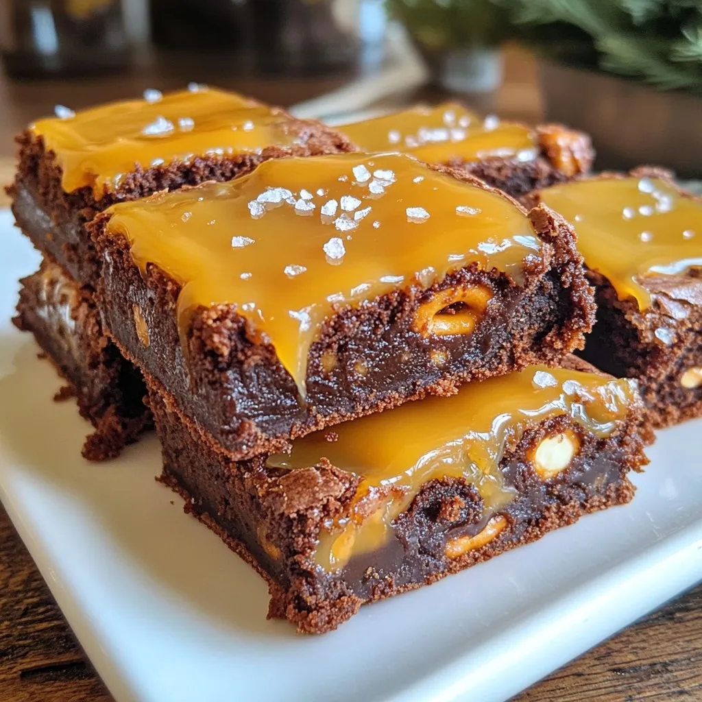 To make your Salted Caramel Pretzel Brownies, gather these ingredients: - 1 cup unsalted butter (2 sticks) - 2 cups granulated sugar - 4 large eggs - 1 teaspoon vanilla extract - 1 cup all-purpose flour - 1 cup unsweetened cocoa powder - 1 teaspoon baking powder - 1/2 teaspoon salt - 1 cup chocolate chips - 1 cup pretzel pieces - 1 cup homemade or store-bought salted caramel sauce These ingredients blend to create a rich, sweet, and salty treat. You will need a few tools to bake these brownies: - 9x13 inch baking pan - Medium saucepan - Mixing bowls - Whisk - Spatula - Toothpick for testing doneness - Wire rack for cooling Having these items ready will help make your baking smooth and fun. You can swap some ingredients if needed: - Use salted butter if you like a saltier taste. - Swap granulated sugar for brown sugar for more moisture. - Try gluten-free flour for a gluten-free version. - Use a different chocolate type, like dark or white chocolate chips. These substitutions can add new flavors and textures to your brownies. {{ingredient_image_1}} Start by preheating your oven to 350°F (175°C). This step is key for even baking. While the oven heats, grease a 9x13 inch baking pan. You can also use parchment paper for easy removal. This way, your brownies won’t stick to the pan. Next, melt 1 cup of unsalted butter in a medium saucepan over low heat. Once the butter is melted, take it off the heat. Stir in 2 cups of granulated sugar until it blends well. Then, add 4 large eggs one by one. Mix well after each egg. Now, stir in 1 teaspoon of vanilla extract for flavor. In another bowl, whisk together 1 cup of all-purpose flour, 1 cup of unsweetened cocoa powder, 1 teaspoon of baking powder, and 1/2 teaspoon of salt. Slowly fold this dry mix into the wet mix. Be gentle here; you don’t want to overmix. Finally, fold in 1 cup of chocolate chips and 1 cup of pretzel pieces. This adds great texture and contrast. Pour half of the brownie batter into the greased pan. Smooth it out with a spatula. Now, drizzle half of your salted caramel sauce over this layer. Use a knife to swirl it lightly for a marbled look. Next, add the rest of the brownie batter on top. Drizzle the remaining caramel sauce over this layer. You can create another swirl if you want. Bake in your preheated oven for 25-30 minutes. Check with a toothpick in the center. It should come out with a few moist crumbs, not wet batter. Let your brownies cool in the pan for about 15 minutes. Then, lift them out using the parchment paper. Cool completely on a wire rack. Finally, cut into squares and sprinkle a pinch of sea salt on top just before serving. Enjoy your delicious creation! To get the best brownie texture, use the right ingredients. Start with room temperature eggs. This helps mix better. Make sure you melt the butter gently. If it gets too hot, your brownies can turn out dry. Mix your wet and dry ingredients just until combined. Overmixing can make them tough. For a fudgy brownie, add more chocolate chips. They create a rich, moist texture. Swirling caramel can be tricky. To make it easier, heat the caramel sauce slightly. This makes it runny and easier to drizzle. Use a knife or a toothpick to create swirls. Don't overdo it; you want to see layers, not a full blend. Swirling too much will mix the flavors. Remember to save some caramel for the top. It adds a nice look and flavor. You can boost flavor with a few simple tricks. Try using dark chocolate chips for a richer taste. You can also add a pinch of espresso powder to the batter. It brings out the chocolate flavor. For a twist, mix in some chopped nuts or coconut. You can even sprinkle some sea salt on top to enhance the sweet and salty mix. These small changes can make your brownies even more delightful. Pro Tips Use Room Temperature Eggs: Allow your eggs to come to room temperature before adding them to the batter. This helps them blend more easily and creates a smoother brownie texture. Don’t Overmix the Batter: When combining the dry and wet ingredients, mix until just combined. Overmixing can lead to dense brownies instead of the desired fudgy texture. Customize Your Toppings: Feel free to add additional toppings such as crushed pretzels, nuts, or extra chocolate chips to enhance the flavor and texture of your brownies. Check for Doneness Carefully: To ensure perfectly baked brownies, use a toothpick to check for doneness. It should come out with a few moist crumbs, but not wet batter. {{image_2}} You can easily change up the flavor of these brownies. Try adding nuts like walnuts, pecans, or almonds. Each nut gives a nice crunch. You can also mix in candies like peanut butter cups or toffee bits. These options make the brownies fun and unique. They’ll add different flavors and textures. Switching the chocolate type can change the taste. If you love dark chocolate, go for dark chocolate chips. They add a rich, bold flavor. White chocolate brings a sweet and creamy touch. It pairs well with the salty pretzels too. Experiment with both to see which you enjoy more. Homemade caramel sauce is great, but store-bought works just as well. If you want a twist, use flavors like butterscotch or chocolate caramel. Each sauce brings its own sweetness. You can also try flavored syrups, like vanilla or hazelnut. These options add a fun surprise to every bite. To keep your salted caramel pretzel brownies fresh, store them in an airtight container. This helps prevent them from drying out. Place parchment paper between layers to keep them from sticking together. You can store them at room temperature for up to three days. If you want them to last longer, consider refrigeration. Freezing is a great option for longer storage. First, cut the brownies into squares. Wrap each square tightly in plastic wrap. Then, place them in a freezer-safe bag or container. They can stay frozen for up to three months. When you want to enjoy them, just take them out and let them thaw at room temperature. If you prefer warm brownies, reheating is easy. Preheat your oven to 350°F (175°C). Place the brownies on a baking sheet and cover them with foil to keep them moist. Heat for about 10-15 minutes. You can also microwave a single square for about 10-15 seconds. This warms them up nicely and makes the caramel gooey again. Enjoy your delicious treat! You can tell when brownies are done by using a toothpick. Insert it in the center of the brownies. If it comes out with a few moist crumbs, they are ready. If the toothpick has wet batter, they need more time. Bake for 25-30 minutes. Ovens can vary, so keep an eye on them. Yes, you can use salted butter. However, it will change the flavor a bit. You should reduce the added salt in the recipe to balance it. If using salted butter, try skipping the added half teaspoon of salt. This keeps the brownies from being too salty. These brownies pair well with vanilla ice cream or whipped cream. A drizzle of extra salted caramel sauce on top makes them even better. You can also serve them with fresh berries for a fruity contrast. Each option adds a nice touch to this decadent treat. This blog post covered all you need to bake salted caramel pretzel brownies. We shared the essential ingredients and equipment to get started. You learned step-by-step instructions for creating the perfect brownie. I included tips on achieving the right texture and flavor. We also explored fun variations and storage methods. Baking can be fun and rewarding. With these tricks, you can make delicious treats that impress. Enjoy your brownie journey!