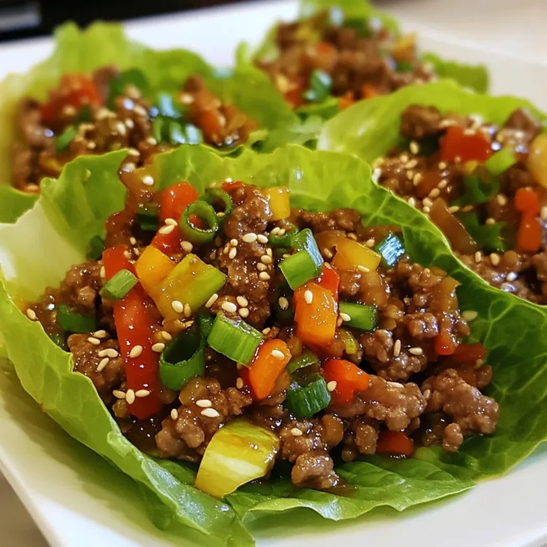 - 1 lb ground beef - 2 tablespoons sesame oil - 2 cloves garlic, minced - 1 tablespoon fresh ginger, grated - 1/4 cup soy sauce (or tamari for gluten-free) - 2 teaspoons rice vinegar - 1 tablespoon honey - 1/4 cup green onions, chopped - 1 small carrot, finely grated - 1/2 red bell pepper, finely diced - 1 tablespoon sesame seeds - 1 head of butter or romaine lettuce, leaves separated These ingredients make the base of the dish. The ground beef gives a hearty flavor. The sesame oil adds depth, while garlic and ginger bring freshness. Soy sauce and honey balance the flavors with saltiness and sweetness. The veggies add crunch and color. - Sriracha or chili flakes You can add Sriracha or chili flakes for a spicy kick. This heat enhances the dish's depth. Adjust the amount based on your taste. - Ground beef can be swapped for turkey or tofu. - Tamari can replace soy sauce for a gluten-free option. - Use any crunchy veggies like cucumber or bell pepper instead of carrots. Substituting ingredients keeps the dish fresh. It allows you to try new flavors while still enjoying the core recipe. {{ingredient_image_1}} First, heat 2 tablespoons of sesame oil in a large skillet over medium heat. Add 2 cloves of minced garlic and 1 tablespoon of grated ginger. Stir for about 1 minute until you can smell the ginger and garlic. Next, add 1 pound of ground beef to the skillet. Break up the meat using a spatula. Cook until the beef turns brown and is no longer pink. This should take about 5 to 7 minutes. While the beef cooks, grab a small bowl. In that bowl, mix together 1/4 cup of soy sauce, 2 teaspoons of rice vinegar, and 1 tablespoon of honey. This sauce adds great flavor to your beef. Once the beef is browned, pour the sauce over it. Stir well to coat the beef evenly. Let it cook for another 2 to 3 minutes. This helps the sauce thicken a bit. Next, stir in 1/4 cup of chopped green onions, 1 small finely grated carrot, and 1/2 of a diced red bell pepper. Cook these veggies for 2 to 3 minutes until they begin to soften. Once done, remove the skillet from heat and sprinkle 1 tablespoon of sesame seeds over the mixture. To serve, take leaves from a head of butter or romaine lettuce. Spoon the beef mixture into the leaves. If you like heat, add Sriracha or chili flakes. Roll them up like wraps, and you’re all set to enjoy! To get the best texture in your sesame ginger beef, use high heat. This helps brown the beef quickly. Break the beef apart well while it cooks. This keeps the meat tender and mixes well with the veggies. Stir often to keep it from sticking. For a crunch, add the carrots and bell peppers just before the beef is done. This keeps them crisp and fresh. For a fun look, use big, leafy butter or romaine lettuce. Arrange the wraps on a platter. Drizzle a bit of extra sauce over the top. Sprinkle sesame seeds for a nice touch. You can also add sliced green onions. Serve with a small bowl of Sriracha or chili flakes on the side for guests who want some heat. One mistake is cooking the beef too long. This makes it dry and tough. Watch the heat and don’t overcrowd the pan. Another mistake is not using enough sauce. The sauce adds flavor and moisture. Lastly, don’t skip the veggies. They add crunch and color to your wraps. Pro Tips Use Fresh Ingredients: Fresh garlic and ginger will provide the best flavor, so opt for fresh rather than powdered or jarred versions. Customize Your Heat: Adjust the amount of Sriracha or chili flakes based on your heat preference. Start with a small amount and add more if desired. Try Different Greens: While lettuce is traditional, you can experiment with other greens like collard greens or Swiss chard for a unique wrap experience. Meal Prep Friendly: You can prepare the beef mixture ahead of time and store it in the fridge. Just reheat before serving in the lettuce wraps. {{image_2}} You can swap ground beef with other proteins. Ground turkey makes a leaner option. It has a mild flavor, which soaks up the sauce well. For a plant-based choice, try crumbled tofu. Press the tofu to remove excess water, then cook it like the beef. Use the same spices and sauces to keep the taste consistent. To change the heat level, adjust the Sriracha. If you like mild flavors, use less or skip it. For more heat, add chili flakes while cooking. You can also mix in fresh chopped chili peppers. This adds both spice and color to your wraps. Feel free to get creative with veggies. Add bell peppers for crunch, or try mushrooms for a savory taste. Shredded cabbage can give more texture. You could also use snow peas for a fresh bite. The key is to mix colors and textures for a fun and tasty wrap. To keep your sesame ginger beef fresh, store it in an airtight container. Let the beef cool first. Place the beef in the fridge within two hours after cooking. It will stay good for up to three days. If you have leftover lettuce leaves, keep them separate. Store them in a damp paper towel inside a sealed bag. This helps keep them crisp. When you're ready to eat the leftovers, heat the beef gently. Use a skillet over medium heat. Stir often to heat evenly. You can also use a microwave. Place the beef in a microwave-safe bowl. Heat it in short bursts, stirring in between. This helps avoid hot spots. Always check that it’s hot all the way through before serving. If you want to save some for later, freezing works well. Pack the cooled beef in an airtight container or a freezer bag. Squeeze out as much air as possible before sealing. Label the bag with the date. The beef can last up to three months in the freezer. When you’re ready to eat it, thaw it overnight in the fridge. Reheat it as mentioned earlier, and enjoy! Yes, you can make these wraps ahead of time. Cook the beef mixture and let it cool. Store it in the fridge for up to three days. When you are ready to eat, just reheat the beef. Prepare the lettuce leaves fresh right before serving. This keeps them crisp and tasty. Butter lettuce or romaine lettuce works best for these wraps. Both types have large, sturdy leaves. They hold the filling well and provide a nice crunch. You can also try iceberg lettuce for a different texture. Just make sure the leaves are fresh and not wilted. To make this recipe gluten-free, use tamari instead of soy sauce. Tamari has a similar flavor but does not contain wheat. All other ingredients in this recipe are naturally gluten-free. This way, you can enjoy the dish without worry. This blog post covered all you need for making Sesame Ginger Beef Lettuce Wraps. We went through the main ingredients, easy steps for cooking, and tips for a tasty meal. You learned about different protein choices and how to spice things up. Remember to store leftovers well and reheat them properly. Don’t hesitate to try the variations. Cooking should be fun and adaptable. Enjoy your wraps and impress your friends with your delicious meals!
