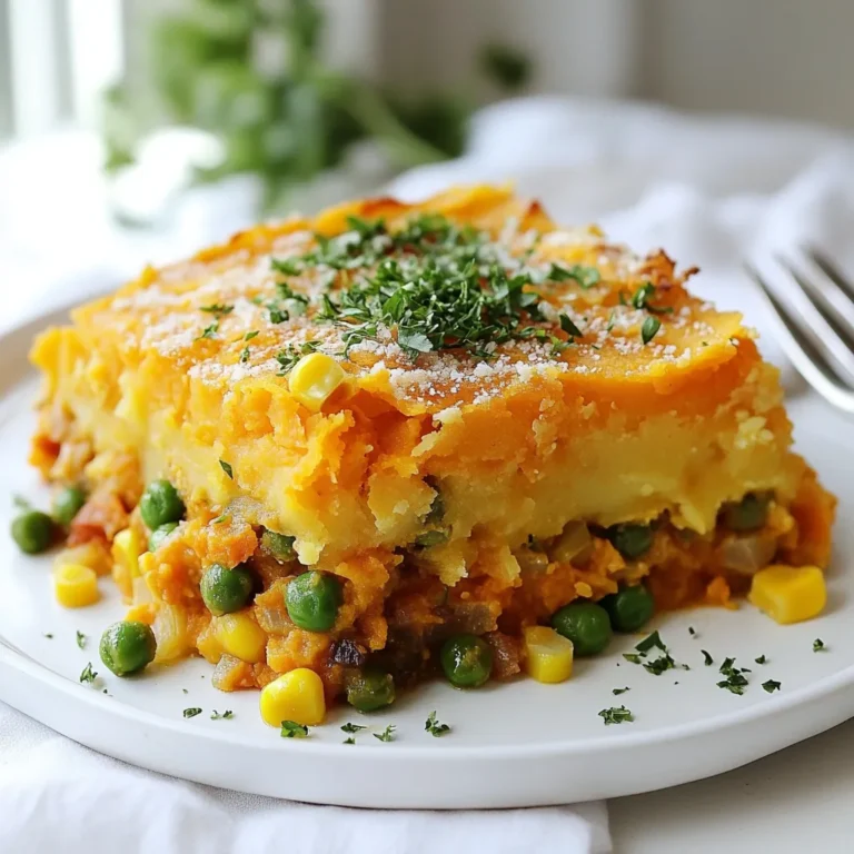 To make Vegan Sweet Potato Shepherd's Pie, gather these key ingredients: - 2 large sweet potatoes, peeled and cubed - 1 cup vegetable broth - 1 tablespoon olive oil - 1 onion, diced - 2 cloves garlic, minced - 2 carrots, diced - 1 cup green peas (fresh or frozen) - 1 cup corn (fresh or frozen) - 1 teaspoon dried thyme - 1 teaspoon dried rosemary - Salt and pepper to taste - 1/4 cup nutritional yeast (optional for cheesy flavor) - Fresh parsley, chopped for garnish You can add some optional ingredients to enhance the dish: - Extra vegetables like bell peppers or mushrooms - A splash of soy sauce for depth - A pinch of smoked paprika for warmth This Vegan Sweet Potato Shepherd's Pie is not only tasty but also nutritious. Here's what you can expect per serving: - Calories: Approximately 280 - Protein: 6g - Carbohydrates: 50g - Fiber: 10g - Fat: 5g This dish is full of vitamins from the sweet potatoes and veggies. The nutritional yeast adds a cheesy flavor while providing B vitamins. It’s a great way to enjoy a healthy meal! {{ingredient_image_1}} Start by peeling and cubing two large sweet potatoes. This helps them cook faster. Place the cubes in a large pot of salted water. Boil them for 15 to 20 minutes. Check if they are tender by poking with a fork. Once they are soft, drain the water. Mash the sweet potatoes with a bit of salt and pepper. Make them smooth and creamy. Set them aside for later. In a large skillet, heat one tablespoon of olive oil over medium heat. Add one diced onion and sauté it for three to four minutes. You want the onion to be soft and translucent. Then, add two minced garlic cloves and two diced carrots. Cook for about five minutes, stirring often. This makes the carrots tender and brings out the flavors. Next, stir in one cup of green peas and one cup of corn. Season with one teaspoon of dried thyme, one teaspoon of dried rosemary, salt, and pepper. Cook for another five minutes until everything is warm. Now, pour in one cup of vegetable broth. Let it simmer for five to seven minutes. This blends all the flavors together nicely. If you like a cheesy taste, stir in 1/4 cup of nutritional yeast. In an oven-safe baking dish, layer the vegetable mix evenly at the bottom. This creates a tasty base for your pie. Preheat your oven to 375°F (190°C). Spread the mashed sweet potatoes over the veggie layer. Use a spatula to smooth it out. Make sure it covers the veggies well. Place the dish in the oven and bake for 20 to 25 minutes. You want the top to be slightly golden. After baking, take it out and let it cool for a few minutes. Enjoy your warm, hearty Vegan Sweet Potato Shepherd's Pie! To make the best sweet potato mash, start with large sweet potatoes. Peel and cube them to ensure even cooking. Boil them in salted water until tender, about 15-20 minutes. Drain the sweet potatoes and mash them while hot. For a super creamy texture, add a splash of vegetable broth. Mix well to get rid of any lumps. Season with salt and pepper to taste. If you want a cheesy flavor, add nutritional yeast. This gives your mash an extra boost. Adding herbs and spices can take your shepherd's pie to the next level. Use dried thyme and rosemary for a fragrant touch. These herbs add depth to the dish. Make sure to sauté the onion and garlic before adding other veggies. This will bring out their natural sweetness. Don’t forget to season with salt and pepper. Taste as you go to find the right balance. You can also try adding a pinch of smoked paprika for a hint of warmth. Presentation can make your dish even more appealing. After baking, let the pie cool for a few minutes. This helps the layers set. Serve it hot in the baking dish for a rustic look. Garnish with fresh chopped parsley for a pop of color. A sprinkle of black pepper adds an elegant touch. For a complete meal, serve it with a bright side salad. The colors and flavors will make your meal stand out. Pro Tips Choose the Right Sweet Potatoes: Opt for firm, smooth-skinned sweet potatoes for the best flavor and texture. Enhance Flavor with Herbs: Fresh herbs can elevate the taste; consider adding fresh thyme or rosemary if you have them. Layering Technique: Ensure even layers of vegetables and mashed sweet potatoes for a perfect bake and presentation. Make it Ahead: Prepare the filling and mashed sweet potatoes in advance and assemble just before baking to save time. {{image_2}} You can boost the protein in your Vegan Sweet Potato Shepherd's Pie by adding lentils or mushrooms. Lentils add a nice texture and are packed with protein. Cook one cup of lentils in vegetable broth until tender. Stir them into your veggie mix before layering on the sweet potatoes. Mushrooms also work well. They add rich umami flavors. Use about one cup of chopped mushrooms. Sauté them with the onions and garlic until they soften and their moisture evaporates. This will give your pie a hearty bite. Feel free to swap or add different vegetables based on what you have. For example, you could add bell peppers, zucchini, or spinach. Diced bell peppers give a sweet crunch. Zucchini adds moisture and lightness. Spinach can bring a lovely green color and nutrients. Just make sure to cook any veggies that need it before mixing them into your filling. To make your dish gluten-free, use gluten-free broth and double-check any packaged ingredients. Most vegetables are naturally gluten-free, so you won’t have to worry there. If you want a thicker filling, mix in some cornstarch with the broth. This will help bind your veggies without using any gluten. Enjoy a hearty meal without the gluten! To store your Vegan Sweet Potato Shepherd's Pie, let it cool first. Place it in an airtight container. You can keep it in the fridge for up to four days. If you have a big batch, you can also cover it tightly with plastic wrap. This helps keep the pie fresh and tasty. If you want to save some pie for later, freezing is a great option. First, let the pie cool completely. Then, cut it into individual portions. Wrap each piece in plastic wrap, followed by aluminum foil. This keeps out air and prevents freezer burn. You can freeze it for up to three months. When you're ready to eat, just thaw it in the fridge overnight. To reheat your shepherd's pie, you have a few options. The oven is best for keeping the top crispy. Preheat your oven to 350°F (175°C). Place the pie in an oven-safe dish and cover it with foil. Bake for about 20-25 minutes. If you're short on time, you can use the microwave. Heat it in a microwave-safe dish for about 2-3 minutes, checking it often. Make sure it's hot all the way through before you enjoy it! Yes, you can make this dish ahead. Prepare it up to the baking step. Store it in the fridge. When ready to eat, just bake it. This saves time on busy days. Some great sides include: - A fresh green salad - Roasted vegetables - Garlic bread These add color and nutrition to your meal. Yes, you can. Regular potatoes work well, but they taste different. Sweet potatoes add sweetness and creaminess. If you choose regular potatoes, mash them well for a great texture. Absolutely! Vegan Sweet Potato Shepherd’s Pie is perfect for meal prep. It stores well in the fridge and freezes nicely. You can enjoy it throughout the week, making it a smart choice. This blog post covered how to make a delicious Vegan Sweet Potato Shepherd’s Pie. We explored key ingredients, cooking steps, and helpful tips. You learned how to make creamy sweet potato mash and tried different ingredients for variety. This dish is versatile and great for meal prep. In summary, enjoy customizing the pie to fit your taste. You’ll impress your family and friends with this healthy and tasty meal. Make it your own, and share your creations!