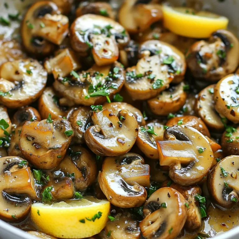 - 16 oz (450g) mixed mushrooms (cremini, shiitake, and button), sliced - 4 tablespoons unsalted butter - 5 cloves garlic, minced - 1 tablespoon fresh thyme leaves (or 1 teaspoon dried thyme) - 1 tablespoon fresh parsley, chopped (for garnish) - Salt and pepper to taste - 1 teaspoon lemon juice - ½ teaspoon red pepper flakes (for heat) Gather these ingredients before you start cooking. Fresh mushrooms bring a lot of flavor. I love using a mix of cremini, shiitake, and button mushrooms. Each type adds its unique taste and texture. Unsalted butter is key here. It gives a rich flavor without being too salty. Garlic is a must; it adds a wonderful aroma and depth. Fresh thyme and parsley are my go-to herbs. They brighten the dish. Salt and pepper are essential to enhance all the flavors. You can add lemon juice for a bright finish. If you like a little heat, red pepper flakes are a great choice. They add just the right kick. Make sure to have everything ready. This recipe cooks quickly, so preparation is key. Enjoy the process! {{ingredient_image_1}} - Heat a large skillet over medium heat. - Melt the unsalted butter in the skillet. - Add sliced mushrooms and sauté for 5-7 minutes. - Stir occasionally until they soften and brown. - Incorporate minced garlic and cook for an additional 2 minutes. - Mix in thyme, salt, pepper, and red pepper flakes if desired. - Drizzle lemon juice and cook for another 2 minutes. - Garnish with chopped fresh parsley before serving. This method brings out the rich flavor of the mushrooms. You will love how simple it is to make! To get mushrooms just right, temperature matters. Start with a hot skillet. This helps the mushrooms brown, not steam. If your skillet is too cool, mushrooms will get soggy. Cook them in batches if needed. This keeps them from crowding and losing texture. To avoid sogginess, dry the mushrooms first. Use a paper towel to wipe them clean. Do not soak them in water. They absorb moisture and turn mushy. Instead, let them cook until golden brown. This enhances flavor and gives a nice bite. To boost flavor, try adding herbs. Fresh basil or rosemary work well. You can even add a pinch of cumin for warmth. Spices like paprika can add a smoky taste. Experiment to find your favorite mix. Using different mushrooms brings unique flavors. Try oyster or portobello mushrooms for a meatier texture. Each type adds its own twist to the dish. Mixing mushrooms can also create depth in taste. Serve the mushrooms in a warm skillet. It keeps them hot and looks great on the table. You can also use individual bowls for a fancy touch. This makes each serving special. Garnish with fresh parsley for color. A sprinkle of parmesan cheese adds richness. You can also use more herbs as a fun twist. These small details make your dish shine and impress your guests. Pro Tips Use Fresh Mushrooms: Always opt for fresh mushrooms for the best flavor and texture. Avoid pre-sliced mushrooms, as they can lose moisture and flavor quickly. Control the Heat: Sauté mushrooms over medium heat to ensure they brown evenly without burning. If the heat is too high, they may cook too quickly and become rubbery. Experiment with Herbs: Feel free to add other herbs such as rosemary or sage for a different flavor profile. Fresh herbs can significantly enhance the dish. Serve Immediately: Garlic butter mushrooms are best enjoyed right after cooking while they are warm and flavorful. If you need to hold them, keep them in a warm pan off the heat. {{image_2}} You can use different mushrooms in this recipe. Each type brings a unique taste. I love mixing cremini, shiitake, and button mushrooms. You can also try seasonal options like oyster or chanterelle mushrooms. Seasonal mushrooms often taste richer. Exotic mushrooms can add fun flavors and textures. - Cremini: Earthy and mild flavor. - Shiitake: Rich and woodsy taste. - Button: Mild and versatile. Using a mix can make your dish more exciting. The texture can also change with different mushrooms. Softer mushrooms will blend nicely, while firmer ones add a nice bite. Want to make this dish vegan? It’s simple! Just swap the butter for plant-based options. Olive oil or vegan butter works great. For gluten-free options, this recipe is already safe. Just be sure your butter is gluten-free. You can also serve it with gluten-free bread or rice for a complete meal. Garlic butter mushrooms are great on their own. But they pair well with many sides. I suggest serving them with crusty bread. The bread soaks up the rich garlic butter. You can also serve these mushrooms with proteins like chicken or steak. The flavors complement each other perfectly. Try adding a fresh salad or steamed veggies for a complete meal. Remember, the key is balance. Enjoy your cooking! To store cooked garlic butter mushrooms, let them cool first. Use an airtight container. This keeps them fresh and safe. They last in the fridge for about 3 to 5 days. If you want to keep them longer, freezing is a great option. To freeze your garlic butter mushrooms, first let them cool down completely. Place them in a freezer-safe bag. Squeeze out as much air as you can before sealing. They will stay good for about 2 to 3 months in the freezer. When you are ready to use them, thaw them overnight in the fridge. To reheat, you can use a skillet over low heat until warm. This keeps the flavors intact. Leftover garlic butter mushrooms are super versatile. You can use them in many ways! Mix them into pasta for a quick meal. They also taste great on risotto. You can even add them to omelets or on top of grilled chicken. The flavor stays rich and delicious. Experiment with different dishes to enjoy them fully! To make this dish vegan, swap out the butter for plant-based options. You can use coconut oil or vegan butter. Both work well and give a nice flavor. For the garlic, it is already vegan! Just focus on those swaps. Yes, you can use dried mushrooms. First, rehydrate them in warm water. Let them sit for about 20 minutes. Once soft, slice them and cook as you would fresh mushrooms. Dried mushrooms add a strong flavor, so adjust seasoning as needed. If your mushrooms let out too much water, increase the heat on your skillet. This helps evaporate excess moisture. You can also cook them longer, allowing them to brown and dry out. Stirring less can help too. This way, they get a nice sear! This blog post covered the essentials for cooking garlic butter mushrooms. We discussed key ingredients, cooking steps, and tips for success. Remember, using fresh herbs and the right skillet temperature makes a difference. You can also modify the recipe for dietary needs or pair it with your favorite sides. With these simple steps, you can enjoy a flavorful dish or get creative with leftovers. Happy cooking with your garlic butter mushrooms!