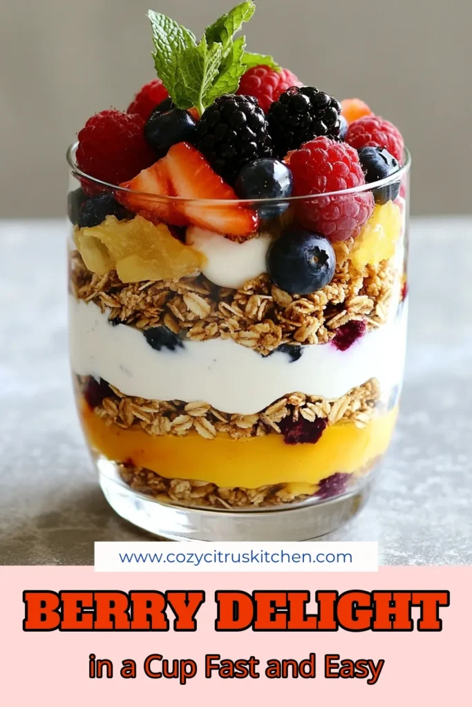 Looking for a delicious and nutritious start to your day? Try this berry yogurt parfait! Made with creamy Greek yogurt, fresh mixed berries, and crunchy granola, this healthy breakfast idea is perfect for busy mornings or as a mixed berry dessert. This granola parfait recipe is easy to make and packed with flavor. Save this berry yogurt parfait recipe for your breakfast rotation and impress your family! #HealthyBreakfast #GreekYogurtRecipes #BerryYogurtParfait #GranolaParfaitRecipe