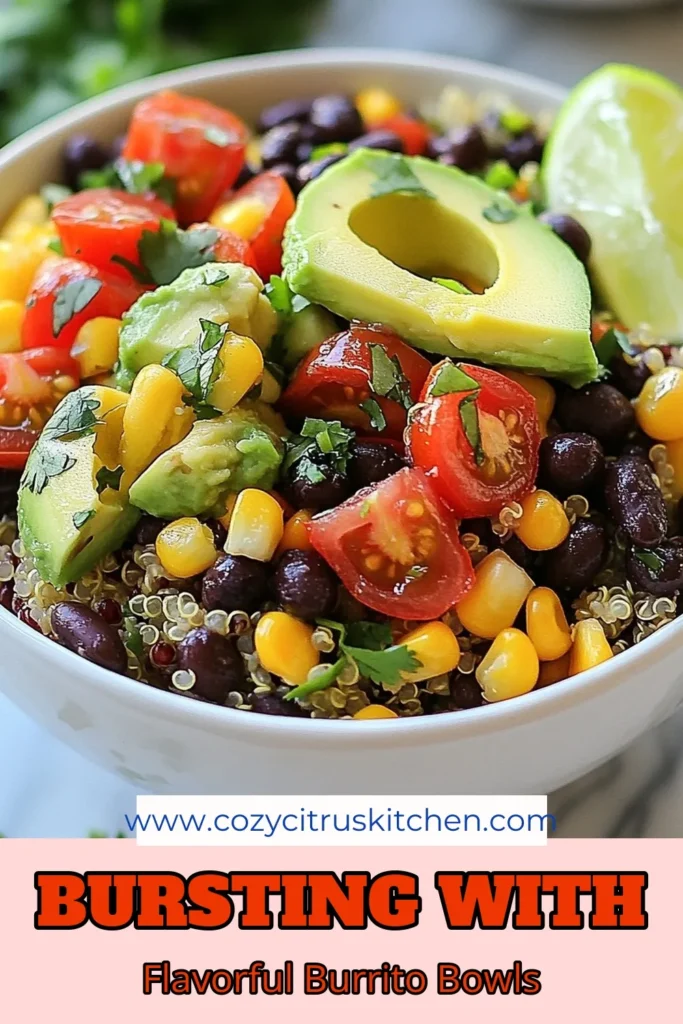 Savor the deliciousness of colorful quinoa black bean burrito bowls! This healthy burrito bowl recipe combines protein-packed quinoa and nutrient-rich black beans for a vibrant and satisfying meal. Perfect for quick dinners, this vegetarian burrito bowl is not only easy to make but also a feast for the eyes. Discover this easy quinoa recipe that will elevate your meal prep! Save this recipe for your next meal! #QuinoaRecipes #HealthyEating #Vegetarian #MealPrep