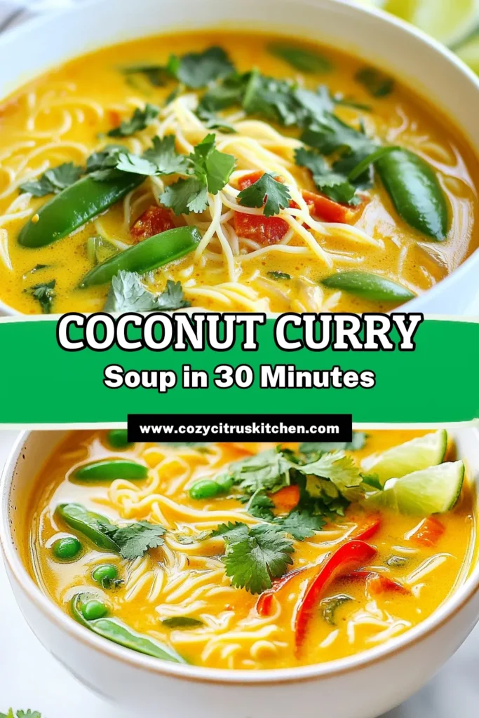 Discover the flavors of this easy Coconut Curry Noodle Soup, a comforting vegan coconut soup recipe that combines rich coconut milk and vibrant veggies for a delicious Thai curry noodle soup experience. Perfect for any weeknight meal, this rice noodle soup with coconut milk is ready in just 30 minutes! Save this recipe now and enjoy a bowl of warm, aromatic goodness tonight. #CoconutCurryNoodleSoup #VeganRecipes #CurryNoodleSoup #ThaiCuisine