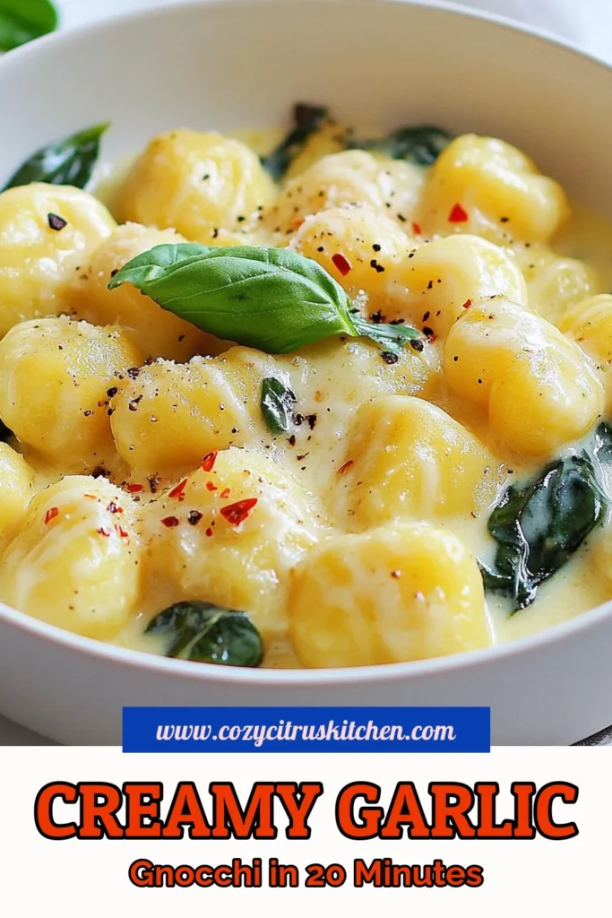 Discover this deliciously easy gnocchi recipe: Creamy Garlic Gnocchi! Perfect for busy weeknights, this vegetarian gnocchi dish is made with potato gnocchi, garlic, and parmesan for a rich flavor. It's a quick creamy pasta recipe ready in just 20 minutes. Your taste buds will thank you! Try this garlic parmesan gnocchi tonight and get ready for compliments. Save this recipe for your next meal! #CreamyGarlicGnocchi #EasyGnocchiRecipe #VegetarianDish #QuickPastaRecipe