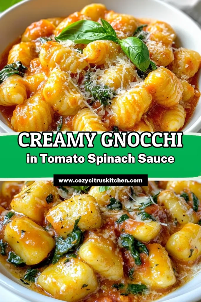 Savor the deliciousness of Creamy Tomato Spinach Gnocchi with this easy gnocchi recipe! This quick dinner recipe brings comfort to the table in just 25 minutes, combining tender gnocchi with a rich tomato spinach pasta sauce. Perfect for busy weeknights, this one-pot gnocchi dish is sure to please everyone. Try it tonight and enjoy a delightful meal! Save this recipe for later! #GnocchiRecipe #PastaLovers #QuickDinner #OnePotMeals