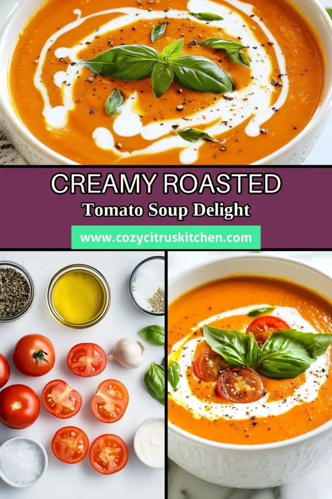 Discover the ultimate creamy roasted tomato soup that will warm your soul! This homemade tomato soup recipe combines ripe tomatoes, garlic, and heavy cream for a rich flavor that's easy to make. Whether you're looking for an easy roasted tomato soup or the best tomato soup recipe to impress guests, this creamy delight is perfect for any occasion. Try it today and savor the goodness! Save and share this delightful recipe! #TomatoSoup #HomemadeRecipes #ComfortFood #SoupSeason