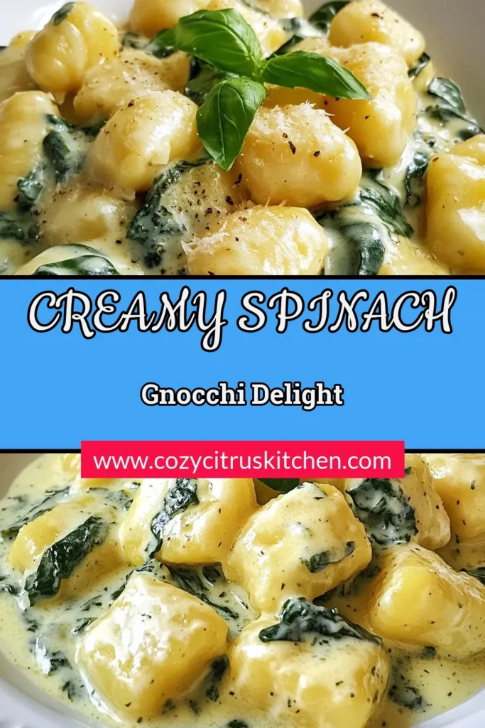 Indulge in this Creamy Parmesan Spinach Gnocchi recipe that's not only easy to make but also a delicious vegetarian dish! With tender potato gnocchi enveloped in a luxurious creamy spinach pasta sauce, this easy gnocchi recipe is perfect for a quick weeknight dinner. Savor the delightful flavors and make it your new go-to comfort food. Try this creamy spinach dish tonight! Save for later! #CreamyParmesanGnocchi #SpinachGnocchiRecipe #EasyGnocchiRecipe #VegetarianGnocchiDish