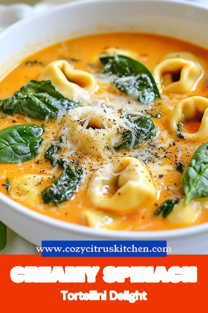 Discover the ultimate comfort food with this creamy tomato spinach soup featuring tender cheese tortellini. This easy spinach soup is perfect for busy weeknights, made with wholesome vegetable broth and vibrant ingredients. Perfectly seasoned and rich, it's a delicious tortellini soup recipe that your family will love. Check out this satisfying recipe and cozy up with a bowl! Save it for later! #TortelliniSoup #CreamySoup #VegetableBroth #SpinachSoup.