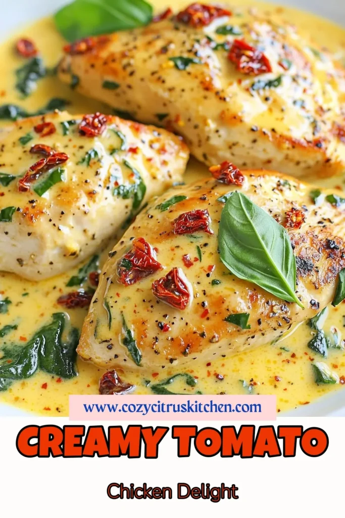 Discover the deliciousness of creamy sun-dried tomato chicken with this easy chicken breast recipe. This creamy chicken dinner features tender chicken breasts cooked to perfection and smothered in a rich sun-dried tomato sauce. With fresh spinach adding a vibrant touch, this spinach and tomato chicken recipe is a must-try for weeknight dinners. Save this recipe for a comforting, flavorful meal! #CookingInspiration #ChickenRecipes #EasyDinners #CreamyChicken