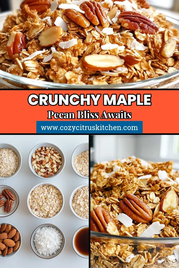 Discover the perfect snack with this Crunchy Maple Pecan Granola! This Homemade Granola Recipe uses healthy granola ingredients like rolled oats, pecans, and maple syrup for a vegan granola snack that's both delicious and wholesome. Easy to make and perfect for breakfast or a midday treat, this granola with maple syrup is bound to become a family favorite. Try it now and elevate your snacking game! #GranolaRecipe #HealthySnack #VeganGranola #HomemadeGranola