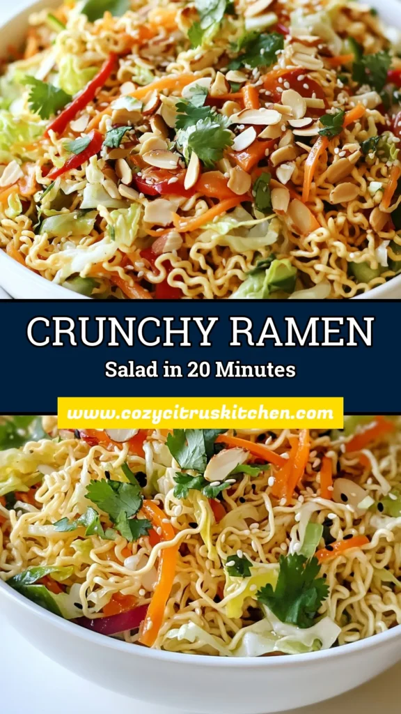 Discover the ultimate Crunchy Ramen Noodle Salad that's perfect for a quick meal or side dish. This Easy Ramen Salad Recipe combines vibrant veggies with a delicious Ramen Noodle Salad Dressing, making it a Healthy Ramen Noodle Salad option you’ll love! Enjoy this Cold Ramen Salad with Vegetables as a refreshing choice. Save this recipe now for a delightful, crunchy treat! #RamenNoodleSalad #HealthySalad #EasyRecipes #QuickMeals