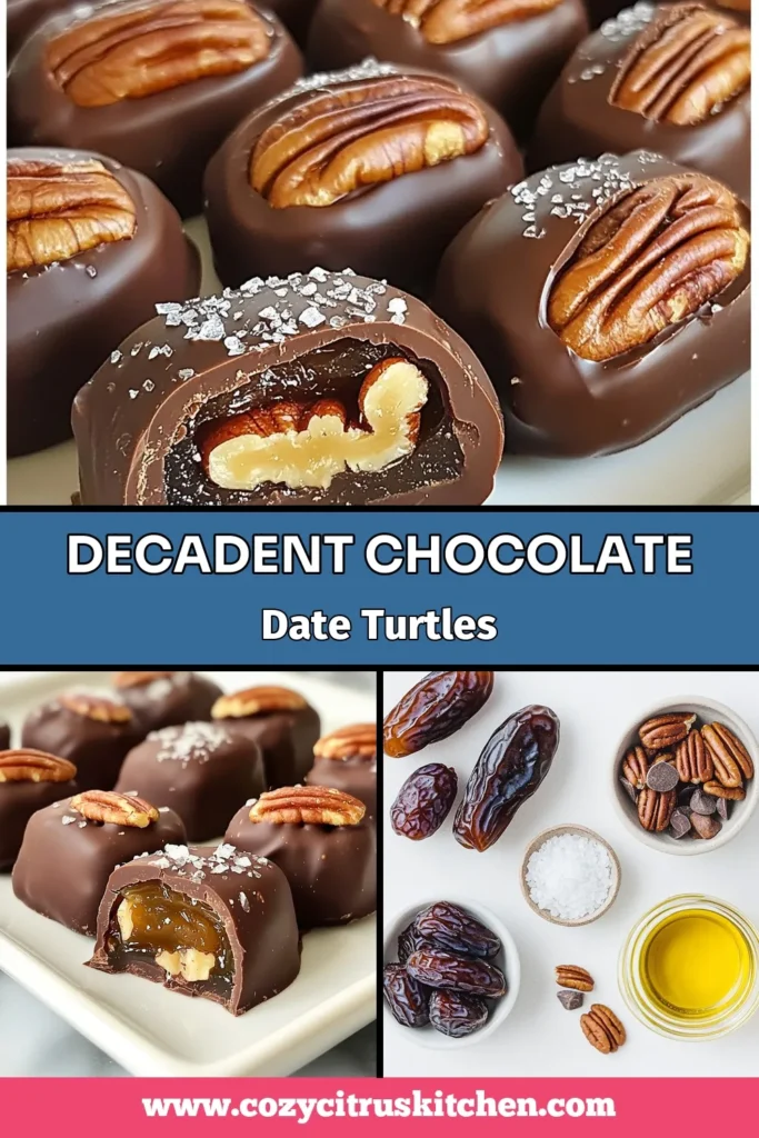 Indulge in these delicious chocolate covered dates with our easy date turtles recipe! Made with large Medjool dates, pecan halves, and smooth homemade chocolate turtles, this Medjool dates dessert is a perfect sweet treat. Elevate your snacking with these pecan stuffed dates, a healthy yet delightful option. Try these today and savor the flavor! Save this recipe for your next dessert! #ChocolateCoveredDates #DateTurtlesRecipe #MedjoolDates #HomemadeChocolateTurtles