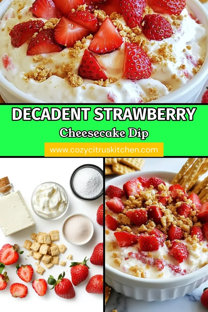 Discover how to make an irresistible strawberry cheesecake dip that’s perfect for summer gatherings! This easy dessert dip recipe combines creamy cream cheese dip with strawberries and is a no-bake treat that will impress your guests. With just a few simple ingredients, you can whip up this delightful snack in minutes. Serve with your favorite dippers for a fun twist on classic flavors. Try this summer dessert idea and delight everyone! #StrawberryCheesecakeDip #EasyDessertDip #NoBakeDessert #CreamCheeseDip
