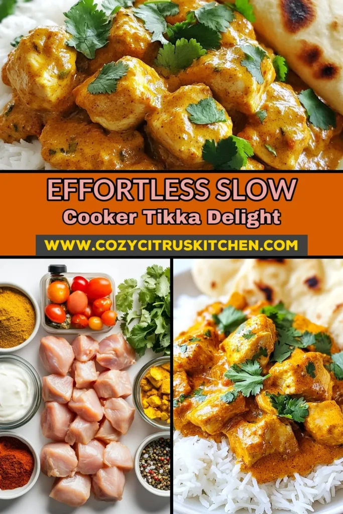Discover the ultimate comfort food with this slow cooker chicken tikka masala! This easy chicken tikka recipe features tender chicken marinated in a rich blend of spices and coconut milk for a creamy finish. Perfect for busy weeknights, this authentic tikka masala recipe is a must-try. Serve it with rice or naan for a delicious garam masala chicken dish. Save this recipe for your next meal! #ChickenTikkaMasala #SlowCookerRecipe #EasyDinner #AuthenticTikkaMasala