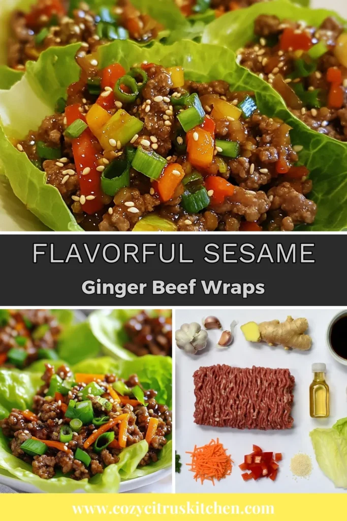 Indulge in these delicious Sesame Ginger Beef Lettuce Wraps, a fantastic addition to your meal rotation! These gluten-free lettuce wraps are quick and easy to make, featuring savory ground beef and vibrant veggies. Perfect for a healthy dinner or appetizer, these Asian beef lettuce wraps are sure to impress. Ready to try these tasty Sesame ginger beef wraps? Save this recipe now and share your creations! #LettuceWrapRecipes #GroundBeefLettuceWraps #AsianBeefLettuceWraps #GlutenFreeLettuceWraps