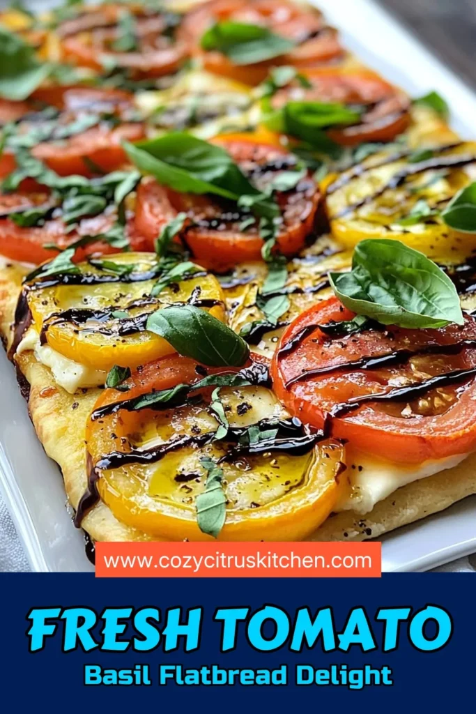 Savor the flavors of summer with this delicious tomato basil flatbread! This easy mozzarella flatbread recipe features fresh mozzarella cheese, ripe tomatoes, and fragrant basil, perfect as a quick appetizer or a baked tomato basil dish for any gathering. In just 22 minutes, you can impress your guests with this mouthwatering creation. Try it today and enjoy! #TomatoBasilFlatbread #EasyFlatbreadAppetizers #FreshMozzarellaPizza #MozzarellaFlatbreadRecipe
