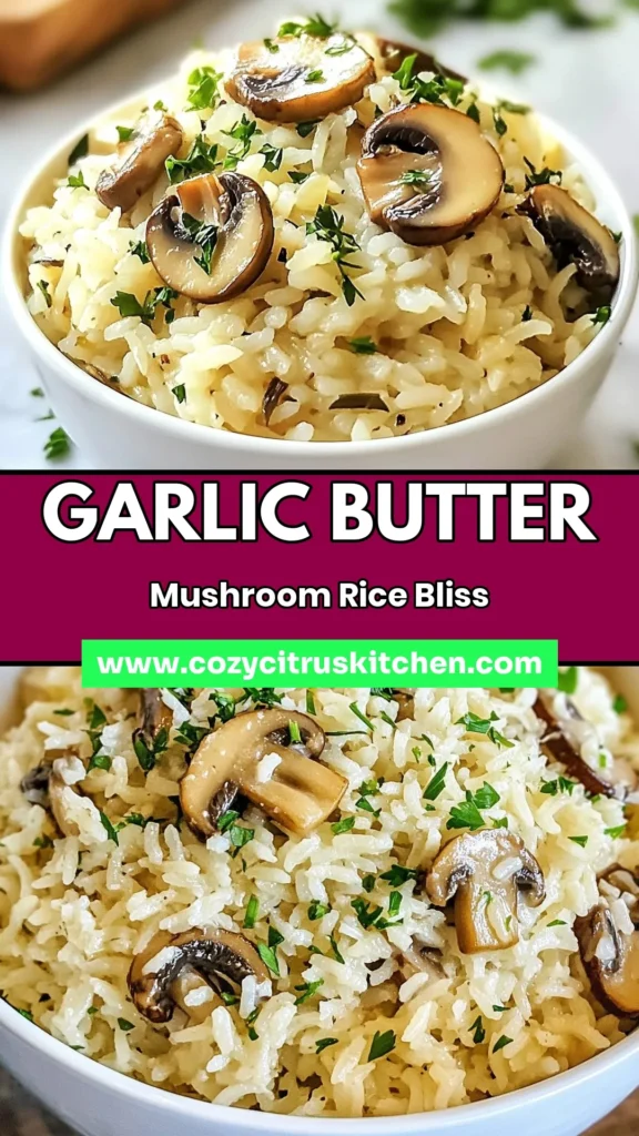 Discover the ultimate savory garlic butter mushroom rice that’s perfect for any meal! This easy mushroom rice recipe combines creamy rice with mushrooms, making it a delightful vegetarian garlic rice dish. Ready in just 35 minutes, this garlic butter rice side dish is a must-try for mushroom lovers. Save this recipe now for a flavorful, comforting addition to your dinner table! #MushroomRice #VegetarianRecipes #EasyRecipes #ComfortFood