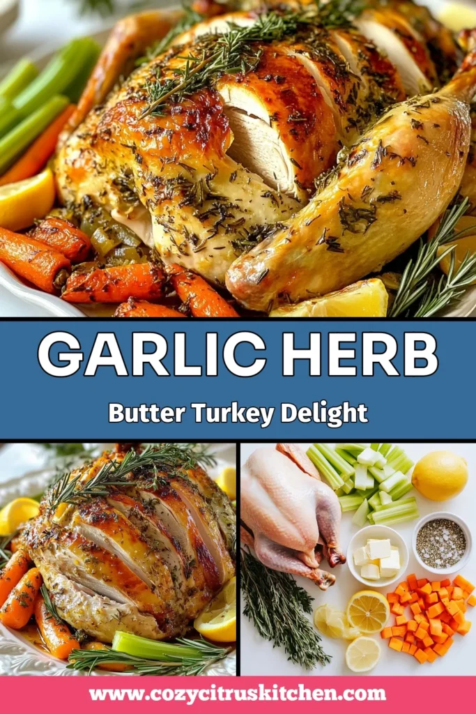 Make your Thanksgiving unforgettable with this Garlic Herb Butter Roasted Turkey recipe! This flavorful garlic herb butter turkey promises juicy meat and crispy skin, making it the best turkey roasting option for your holiday feast. Follow our top turkey roasting tips for perfect results. Ready to impress your guests? Try it now and elevate your celebration! #ThanksgivingTurkey #RoastedTurkeyRecipe #BestTurkeyRoastingTips #HerbButterTurkey