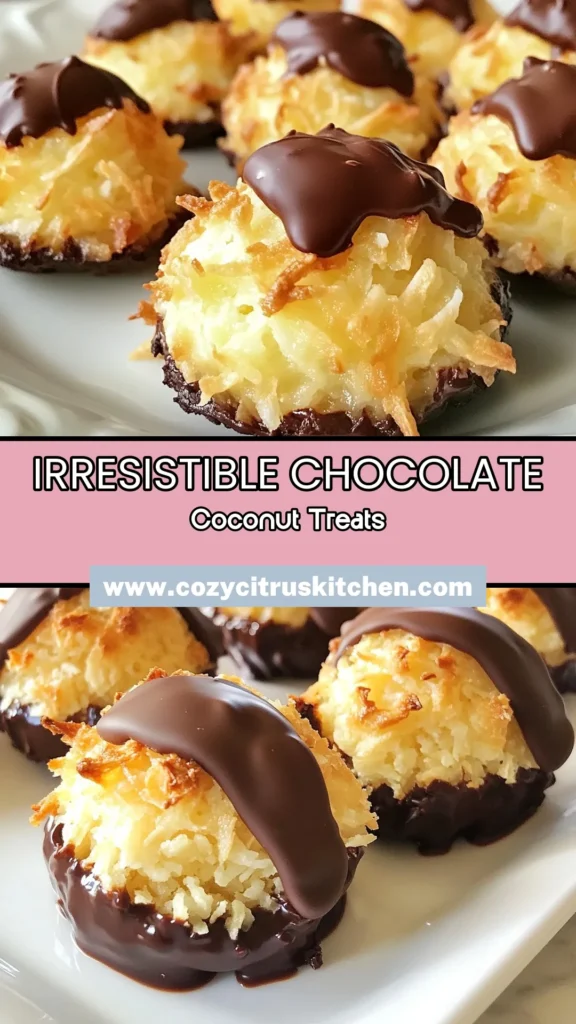 Indulge in these delightful Chocolate Dipped Coconut Macaroons! This easy chocolate macaroons recipe features sweetened coconut and creamy chocolate for the perfect treat. Enjoy homemade coconut macaroons dipped in rich chocolate for a sweetened coconut dessert that’s sure to impress. Perfect for any occasion, these macaroons are simple to make and incredibly satisfying. Try it today! #ChocolateMacaroons #CoconutMacaroons #EasyDesserts #SweetTreats