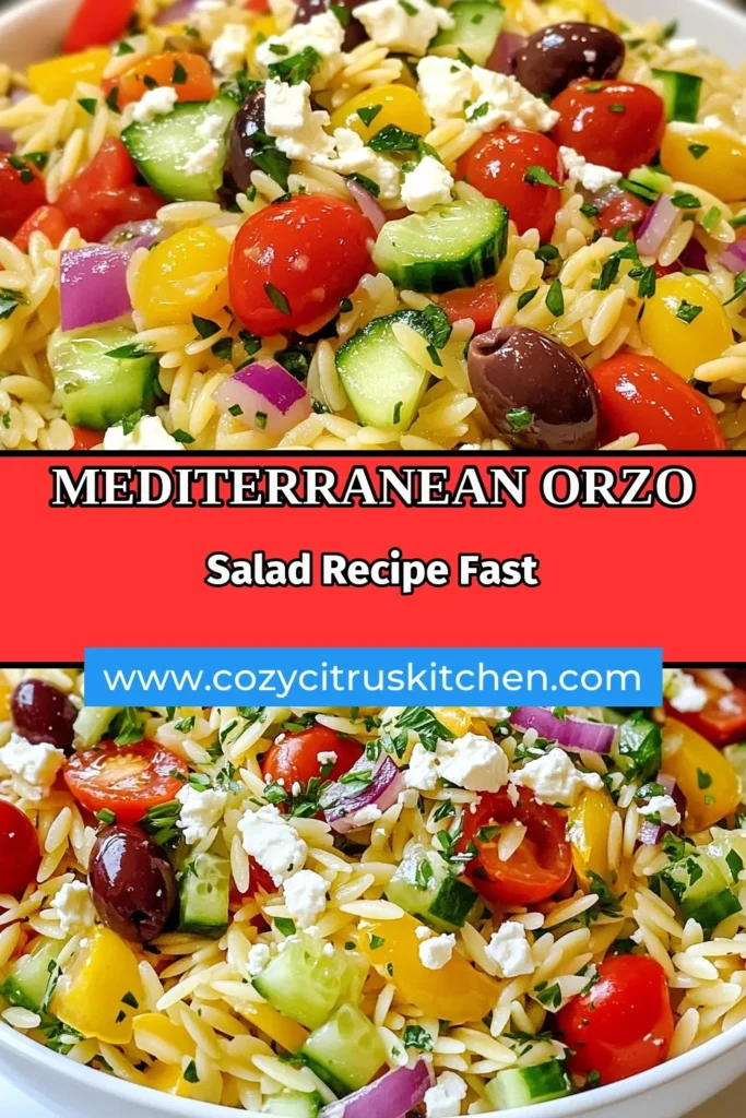 Discover the delicious Mediterranean Orzo Salad with Feta that will elevate your summer meals. This easy orzo recipe combines perfectly cooked orzo pasta, fresh veggies, and crumbled feta cheese, making it a standout among healthy Mediterranean dishes. Perfect as a side or main dish, this summer pasta salad is a must-try! Save this recipe for a refreshing taste all season long. #MediterraneanOrzoSalad #HealthyRecipes #FetaCheeseSalad #SummerPastaSalad