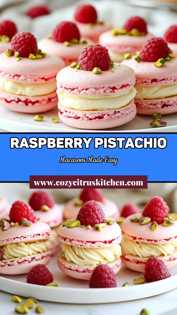 Indulge in the deliciousness of homemade raspberry pistachio macarons with this easy macaron recipe! These French macarons with raspberries feature a creamy buttercream filling and vibrant colors that will impress your guests. Discover unique macaron filling ideas and learn how to make perfect almond flour macaron cookies. Save this recipe for your next baking adventure! #RaspberryPistachioMacarons #HomemadeMacaronRecipe #MacaronFillingIdeas #FrenchMacarons