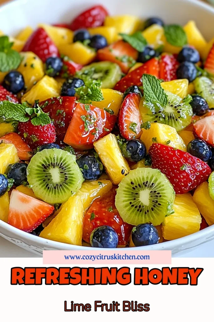Brighten up your summer with this honey lime fruit salad! This easy fruit salad recipe combines strawberries, pineapple, blueberries, kiwi, and orange, drizzled with a refreshing honey-lime dressing. Perfect for healthy snacking, parties, or BBQs, this delicious fruit salad is sure to impress. Try this refreshing fruit salad recipe today and make your summer gatherings unforgettable! Save for later! #HealthyFruitSalad #SummerFruitSalad #EasyFruitSaladRecipe #RefreshingFruitSaladRecipe