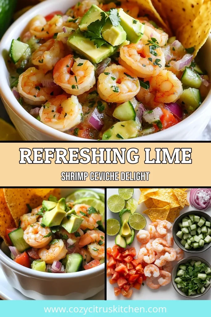 Dive into this delicious shrimp ceviche recipe that’s bursting with fresh flavors! Our fresh lime shrimp ceviche features mouthwatering shrimp marinated in zesty lime juice paired with crunchy veggies and creamy avocado. Perfect for a chilled shrimp appetizer, this easy ceviche with avocado is a must-try for any gathering. Save this recipe to impress your guests at your next party! #ShrimpCevicheRecipe #ZestyLimeRecipes #ChilledShrimpAppetizer #EasyCevicheWithAvocado