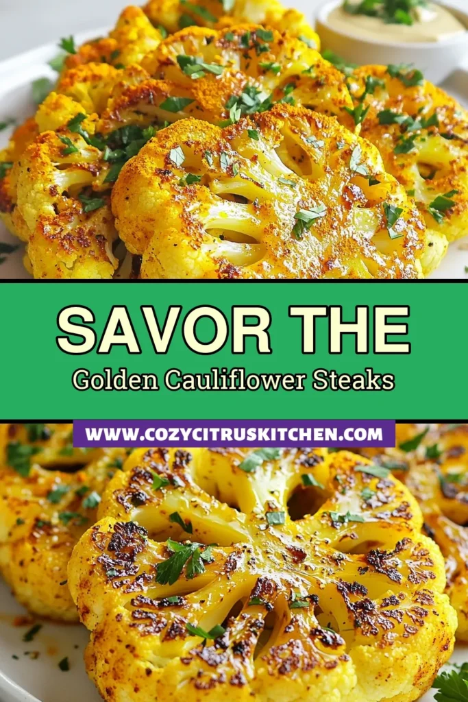 Discover the deliciousness of turmeric roasted cauliflower with this easy cauliflower steak recipe! Perfect for healthy vegetable recipes, these roasted cauliflower steaks are seasoned with olive oil, turmeric, and tahini for a flavorful vegan dish. Whether you’re enjoying them as a main course or side, this turmeric roasted cauliflower is both nutritious and satisfying. Save this recipe for your next meal! #TurmericRoastedCauliflower #CauliflowerSteakRecipe #HealthyVegetableRecipes #VeganCauliflowerDishes