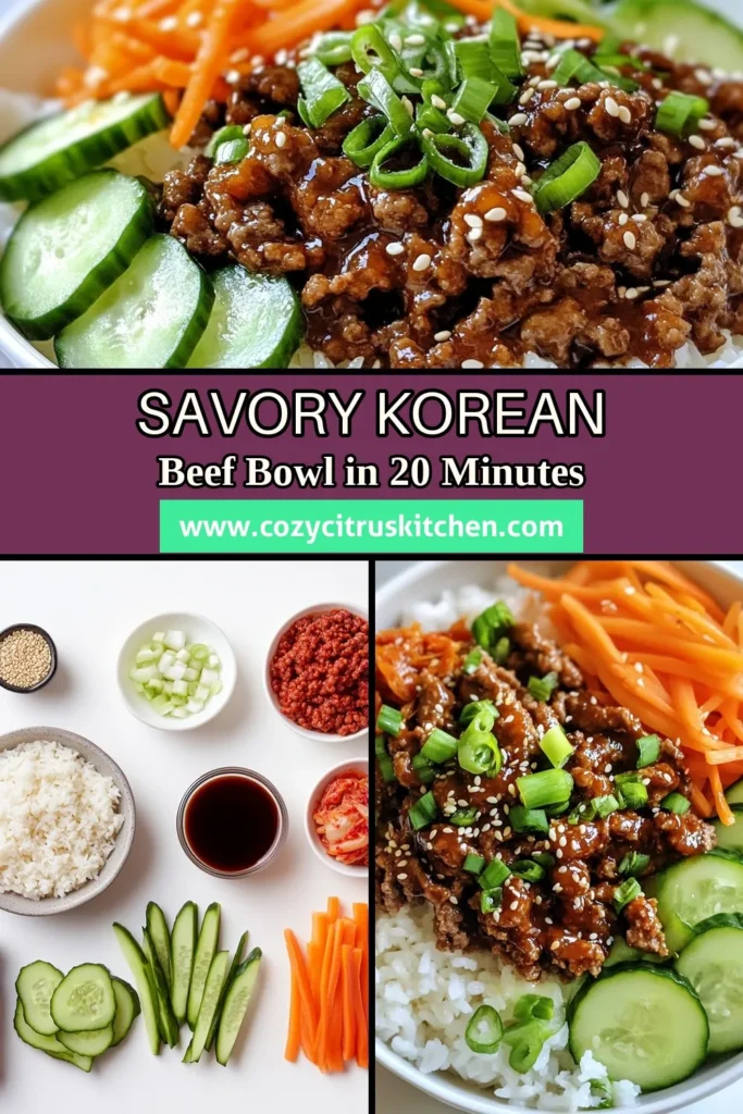 Savor the flavor of these easy Korean beef bowls! This quick Korean dinner recipe features a delectable Korean beef bowls recipe that combines ground beef and aromatic spices for a delicious ground beef Asian dish. Serve over jasmine rice for a satisfying meal. Perfect for busy nights, this sesame beef rice bowl is a must-try! Get cooking and elevate your dinner game today! #KoreanBeefBowls #EasyDinner #AsianCuisine #QuickRecipes