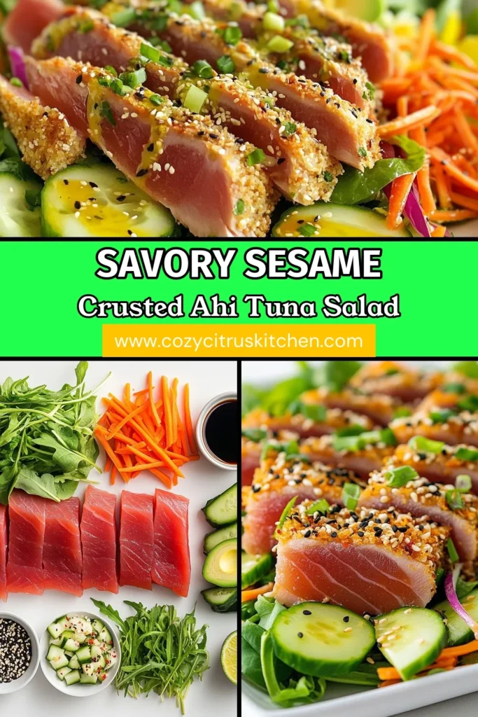 Discover the deliciousness of this Sesame Crusted Ahi Tuna Salad! This Ahi Tuna Salad Recipe is not only simple to make but also a healthy salad with Ahi Tuna that's bursting with flavor. Enjoy perfectly seared tuna perfectly paired with crispy greens and a zesty dressing. Try this mouthwatering Sesame Tuna Salad for a nutritious lunch or dinner. Save this recipe and impress your guests today! #AhiTuna #HealthyRecipes #SeafoodLovers #TunaSalad