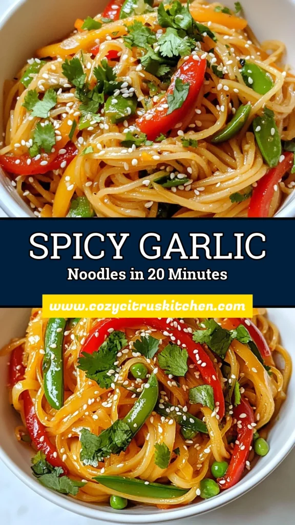 Savor the delicious flavors of this Spicy Garlic Noodle Stir-Fry, featuring quick and easy garlic noodles that are perfect for a satisfying meal. This rice noodle stir-fry is packed with vibrant veggies and a kick of sriracha for an irresistible vegetarian stir-fry recipe. Perfect for any night of the week, try this easy garlic noodle recipe today and elevate your dinner game. Don't forget to save this recipe for later! #SpicyGarlicNoodles #VegetarianStirFry #EasyGarlicNoodleRecipe #RiceNoodleStirFry